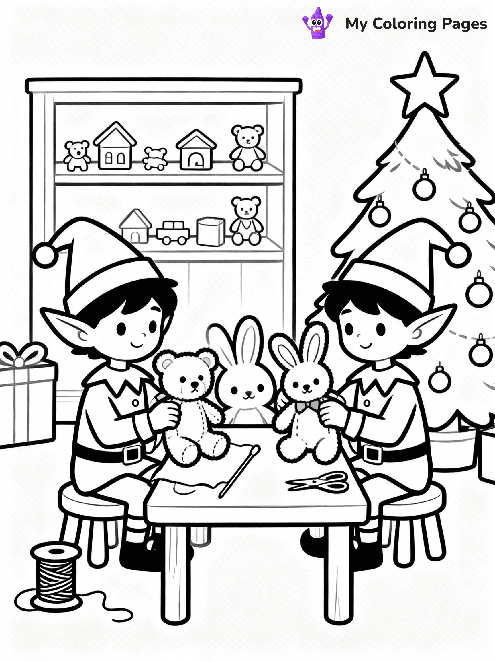 ⚠️ CRITICAL REQUIREMENT - ABSOLUTE BLACK AND WHITE ONLY ⚠️
This MUST be a BLACK AND WHITE line drawing ONLY. NO COLORS whatsoever.
- ONLY pure black lines (#000000) on pure white background (#FFFFFF)
- ABSOLUTELY NO colors, NO shading, NO gradients, NO grayscale
- If there are ANY colors in the output, the image is REJECTED
- This is a COLORING PAGE - meant to be COLORED IN by children
- The output must be UNCOLORED line art ready for coloring
⚠️ SUBJECT TO DRAW: Elves making stuffed animals in a toy room, in Christmas-themed style. PURE OUTLINES. NO FILLS, COLOR, SHADING, OR GREYSCALE. WHITE BACKGROUND.
(REMEMBER: Output must be BLACK AND WHITE line art only, NOT colored!)
# Flat, Friendly Cartoon Line-Art Coloring Page
You are generating a **pure black-and-white binary image** of a child-friendly cartoon scene combining characters and background scenery in one cohesive composition.
## Rendering Rules (Strict)
- Only two colors: pure black (#000000) outlines and pure white (#FFFFFF) background.
- No grayscale, shading, gradients, tints, fills, transparency, or partial pixels.
- No antialiasing or blended edges; every pixel is 100% black or white.
- No solid black fills inside shapes — all areas inside outlines must remain white.
- No dark clothing areas or filled tone blocks; all garments outlined only.
- No shadows, textures, lighting, or tonal variations.
- Must look like flat binary vector line-art for coloring pages.
## Drawing & Composition
- **Medium, consistent line weight**; clean closed outlines easy to color inside.
- **Flat, simple, child-friendly design** — no realism or 3D depth.
- Characters are **grounded on a surface**, centered and large.
- **Balanced composition** with clear silhouettes and minimal props.
## Scenery & Style
- Landmarks (e.g., mosque, CN Tower) and scenery (trees, benches, waves) drawn with **black outlines only.**
- For real-world figures, teams, or places, show accurate details using only black outlines—no text or logos. Use distinctive uniform patterns, abstract symbols, and landmark silhouettes to convey identity.
- Keep **consistent perspective**; no floating elements.
- **Style:** whimsical **Doodle Art Alley** — rounded, friendly outlines.
- May adapt shapes from **Crayola, Disney, Peppa Pig, Cocomelon** — *by shape only, never color.*
- Final output: **flat, crisp, binary (#000000/#FFFFFF)**, **no filled color or background text.**
EXTREMELYE IMPORTANT:
- PURE BINARY LINE-ART; NO FILLS (HAIR/CLOTHES/SKIN), SHADING, OR GREY.
- NO SHADING, COLOR. MUST BE WHITE BACKGROUND.
⚠️ FINAL REMINDER: Draw the subject "Elves making stuffed animals in a toy room, in Christmas-themed style. PURE OUTLINES. NO FILLS, COLOR, SHADING, OR GREYSCALE. WHITE BACKGROUND." as BLACK AND WHITE line art. Zero colors in output.