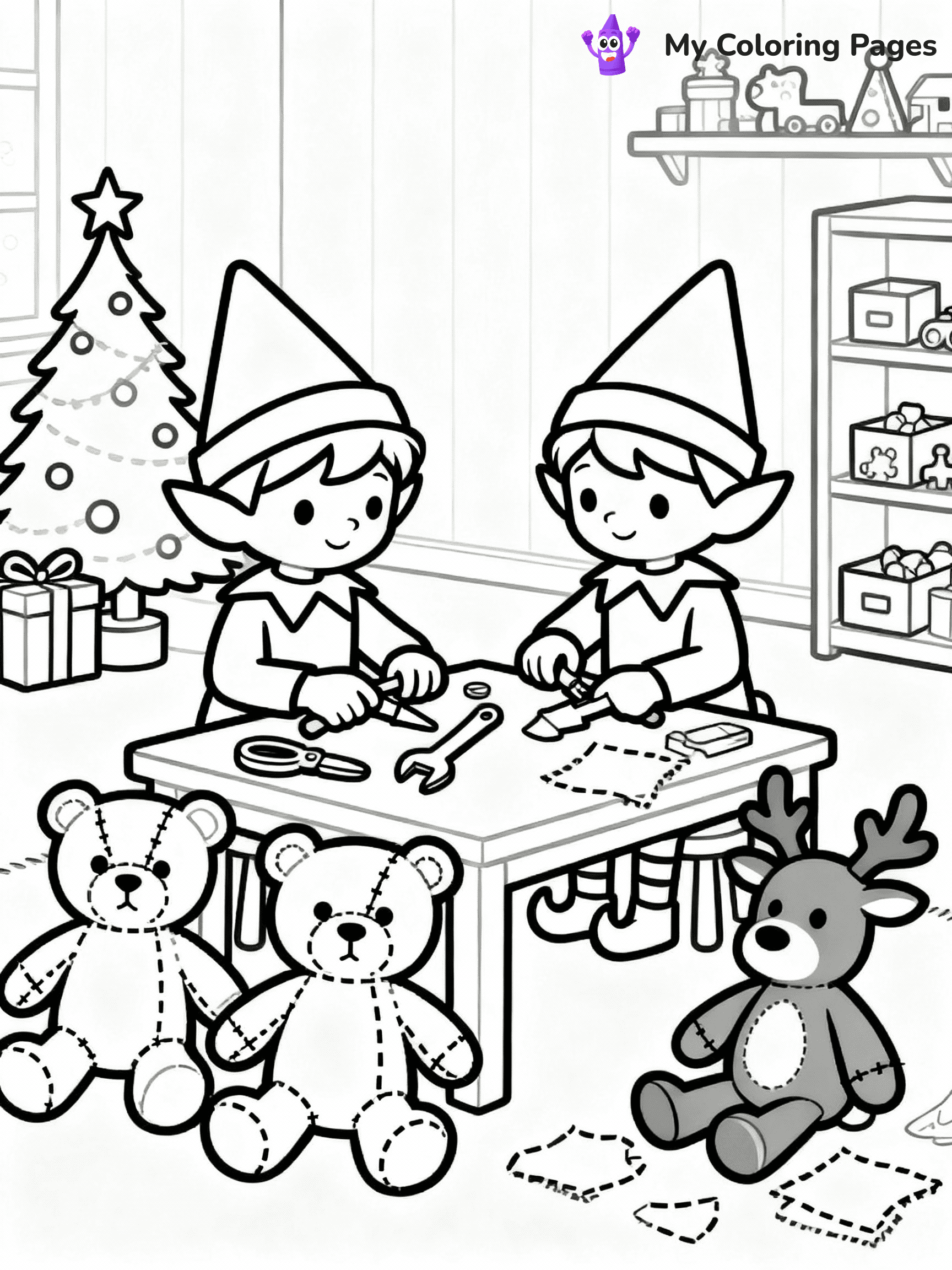 ⚠️ CRITICAL REQUIREMENT - ABSOLUTE BLACK AND WHITE ONLY ⚠️
This MUST be a BLACK AND WHITE line drawing ONLY. NO COLORS whatsoever.
- ONLY pure black lines (#000000) on pure white background (#FFFFFF)
- ABSOLUTELY NO colors, NO shading, NO gradients, NO grayscale
- If there are ANY colors in the output, the image is REJECTED
- This is a COLORING PAGE - meant to be COLORED IN by children
- The output must be UNCOLORED line art ready for coloring
⚠️ SUBJECT TO DRAW: Elves making stuffed animals in a toy room, in Christmas-themed style. PURE OUTLINES. NO FILLS, COLOR, SHADING, OR GREYSCALE. WHITE BACKGROUND.
(REMEMBER: Output must be BLACK AND WHITE line art only, NOT colored!)
# Flat, Friendly Cartoon Line-Art Coloring Page
You are generating a **pure black-and-white binary image** of a child-friendly cartoon scene combining characters and background scenery in one cohesive composition.
## Rendering Rules (Strict)
- Only two colors: pure black (#000000) outlines and pure white (#FFFFFF) background.
- No grayscale, shading, gradients, tints, fills, transparency, or partial pixels.
- No antialiasing or blended edges; every pixel is 100% black or white.
- No solid black fills inside shapes — all areas inside outlines must remain white.
- No dark clothing areas or filled tone blocks; all garments outlined only.
- No shadows, textures, lighting, or tonal variations.
- Must look like flat binary vector line-art for coloring pages.
## Drawing & Composition
- **Medium, consistent line weight**; clean closed outlines easy to color inside.
- **Flat, simple, child-friendly design** — no realism or 3D depth.
- Characters are **grounded on a surface**, centered and large.
- **Balanced composition** with clear silhouettes and minimal props.
## Scenery & Style
- Landmarks (e.g., mosque, CN Tower) and scenery (trees, benches, waves) drawn with **black outlines only.**
- For real-world figures, teams, or places, show accurate details using only black outlines—no text or logos. Use distinctive uniform patterns, abstract symbols, and landmark silhouettes to convey identity.
- Keep **consistent perspective**; no floating elements.
- **Style:** whimsical **Doodle Art Alley** — rounded, friendly outlines.
- May adapt shapes from **Crayola, Disney, Peppa Pig, Cocomelon** — *by shape only, never color.*
- Final output: **flat, crisp, binary (#000000/#FFFFFF)**, **no filled color or background text.**
EXTREMELYE IMPORTANT:
- PURE BINARY LINE-ART; NO FILLS (HAIR/CLOTHES/SKIN), SHADING, OR GREY.
- NO SHADING, COLOR. MUST BE WHITE BACKGROUND.
⚠️ FINAL REMINDER: Draw the subject "Elves making stuffed animals in a toy room, in Christmas-themed style. PURE OUTLINES. NO FILLS, COLOR, SHADING, OR GREYSCALE. WHITE BACKGROUND." as BLACK AND WHITE line art. Zero colors in output.