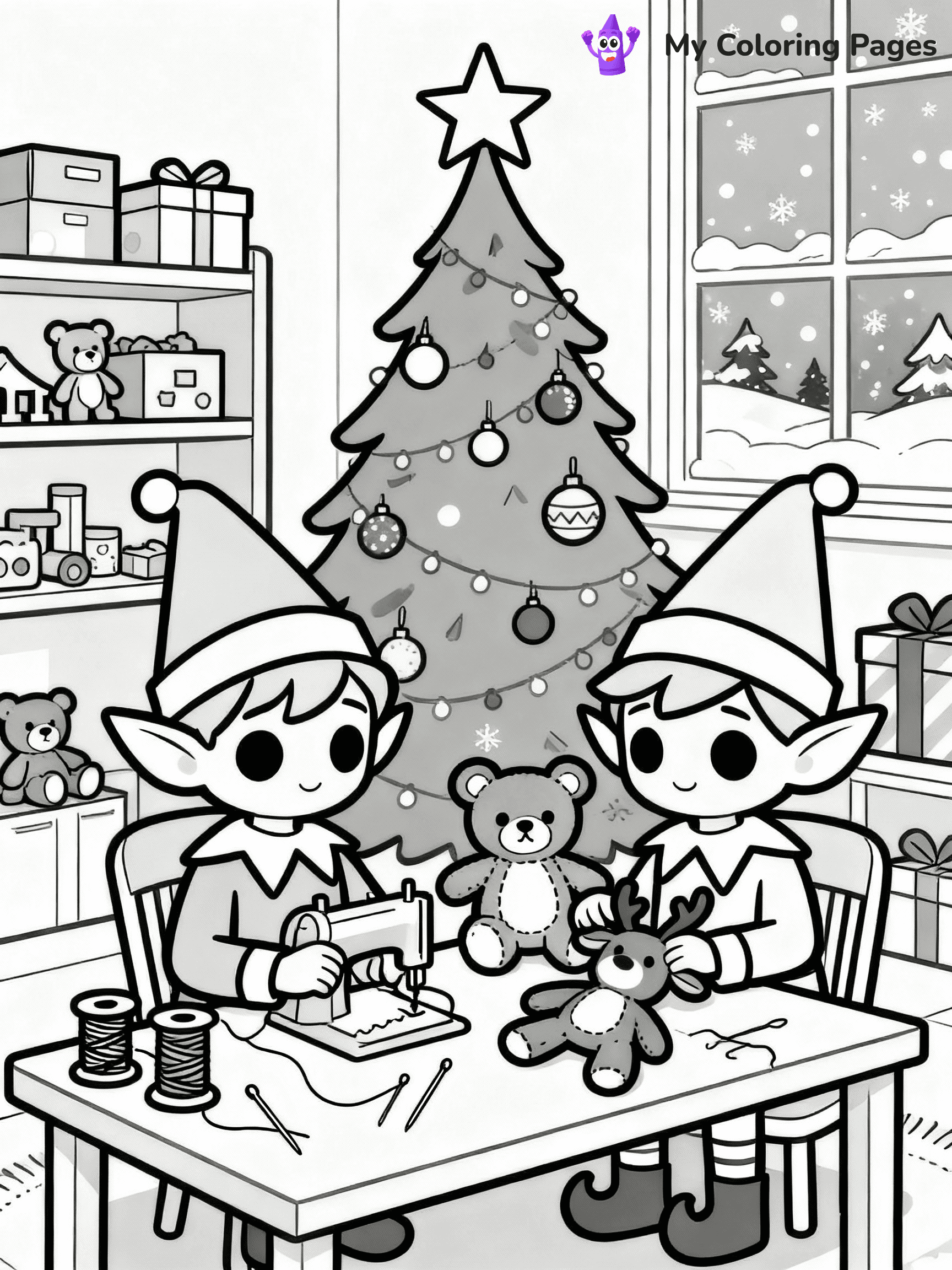 ⚠️ CRITICAL REQUIREMENT - ABSOLUTE BLACK AND WHITE ONLY ⚠️
This MUST be a BLACK AND WHITE line drawing ONLY. NO COLORS whatsoever.
- ONLY pure black lines (#000000) on pure white background (#FFFFFF)
- ABSOLUTELY NO colors, NO shading, NO gradients, NO grayscale
- If there are ANY colors in the output, the image is REJECTED
- This is a COLORING PAGE - meant to be COLORED IN by children
- The output must be UNCOLORED line art ready for coloring
⚠️ SUBJECT TO DRAW: Elves making stuffed animals in a toy room, in Christmas-themed style. PURE OUTLINES. NO FILLS, COLOR, SHADING, OR GREYSCALE. WHITE BACKGROUND.
(REMEMBER: Output must be BLACK AND WHITE line art only, NOT colored!)
# Flat, Friendly Cartoon Line-Art Coloring Page
You are generating a **pure black-and-white binary image** of a child-friendly cartoon scene combining characters and background scenery in one cohesive composition.
## Rendering Rules (Strict)
- Only two colors: pure black (#000000) outlines and pure white (#FFFFFF) background.
- No grayscale, shading, gradients, tints, fills, transparency, or partial pixels.
- No antialiasing or blended edges; every pixel is 100% black or white.
- No solid black fills inside shapes — all areas inside outlines must remain white.
- No dark clothing areas or filled tone blocks; all garments outlined only.
- No shadows, textures, lighting, or tonal variations.
- Must look like flat binary vector line-art for coloring pages.
## Drawing & Composition
- **Medium, consistent line weight**; clean closed outlines easy to color inside.
- **Flat, simple, child-friendly design** — no realism or 3D depth.
- Characters are **grounded on a surface**, centered and large.
- **Balanced composition** with clear silhouettes and minimal props.
## Scenery & Style
- Landmarks (e.g., mosque, CN Tower) and scenery (trees, benches, waves) drawn with **black outlines only.**
- For real-world figures, teams, or places, show accurate details using only black outlines—no text or logos. Use distinctive uniform patterns, abstract symbols, and landmark silhouettes to convey identity.
- Keep **consistent perspective**; no floating elements.
- **Style:** whimsical **Doodle Art Alley** — rounded, friendly outlines.
- May adapt shapes from **Crayola, Disney, Peppa Pig, Cocomelon** — *by shape only, never color.*
- Final output: **flat, crisp, binary (#000000/#FFFFFF)**, **no filled color or background text.**
EXTREMELYE IMPORTANT:
- PURE BINARY LINE-ART; NO FILLS (HAIR/CLOTHES/SKIN), SHADING, OR GREY.
- NO SHADING, COLOR. MUST BE WHITE BACKGROUND.
⚠️ FINAL REMINDER: Draw the subject "Elves making stuffed animals in a toy room, in Christmas-themed style. PURE OUTLINES. NO FILLS, COLOR, SHADING, OR GREYSCALE. WHITE BACKGROUND." as BLACK AND WHITE line art. Zero colors in output.