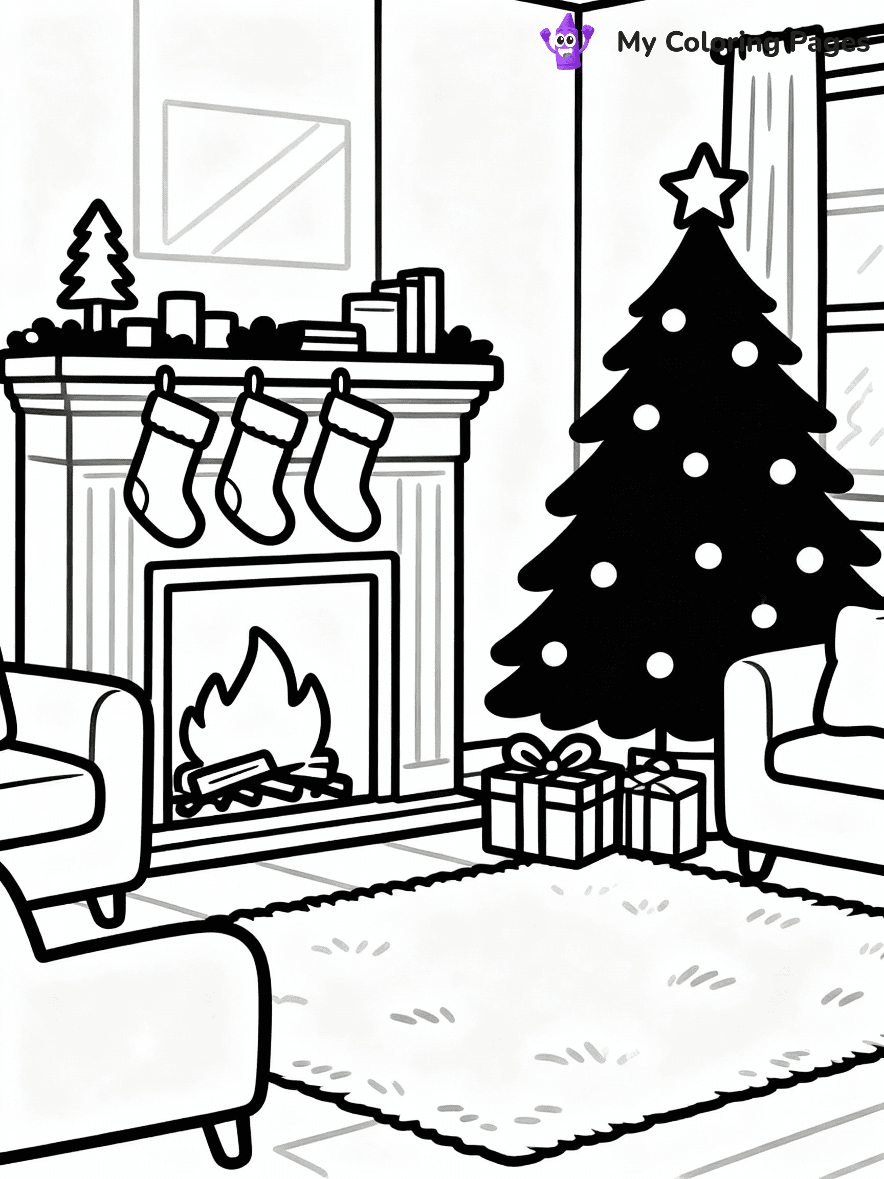 ⚠️ CRITICAL REQUIREMENT - ABSOLUTE BLACK AND WHITE ONLY ⚠️
This MUST be a BLACK AND WHITE line drawing ONLY. NO COLORS whatsoever.
- ONLY pure black lines (#000000) on pure white background (#FFFFFF)
- ABSOLUTELY NO colors, NO shading, NO gradients, NO grayscale
- If there are ANY colors in the output, the image is REJECTED
- This is a COLORING PAGE - meant to be COLORED IN by children
- The output must be UNCOLORED line art ready for coloring
⚠️ SUBJECT TO DRAW: A cozy living room with stockings hanging over a fireplace, in Christmas-themed style. PURE OUTLINES. NO FILLS, COLOR, SHADING, OR GREYSCALE. WHITE BACKGROUND.
(REMEMBER: Output must be BLACK AND WHITE line art only, NOT colored!)
# Flat, Friendly Cartoon Line-Art Coloring Page
You are generating a **pure black-and-white binary image** of a child-friendly cartoon scene combining characters and background scenery in one cohesive composition.
## Rendering Rules (Strict)
- Only two colors: pure black (#000000) outlines and pure white (#FFFFFF) background.
- No grayscale, shading, gradients, tints, fills, transparency, or partial pixels.
- No antialiasing or blended edges; every pixel is 100% black or white.
- No solid black fills inside shapes — all areas inside outlines must remain white.
- No dark clothing areas or filled tone blocks; all garments outlined only.
- No shadows, textures, lighting, or tonal variations.
- Must look like flat binary vector line-art for coloring pages.
## Drawing & Composition
- **Medium, consistent line weight**; clean closed outlines easy to color inside.
- **Flat, simple, child-friendly design** — no realism or 3D depth.
- Characters are **grounded on a surface**, centered and large.
- **Balanced composition** with clear silhouettes and minimal props.
## Scenery & Style
- Landmarks (e.g., mosque, CN Tower) and scenery (trees, benches, waves) drawn with **black outlines only.**
- For real-world figures, teams, or places, show accurate details using only black outlines—no text or logos. Use distinctive uniform patterns, abstract symbols, and landmark silhouettes to convey identity.
- Keep **consistent perspective**; no floating elements.
- **Style:** whimsical **Doodle Art Alley** — rounded, friendly outlines.
- May adapt shapes from **Crayola, Disney, Peppa Pig, Cocomelon** — *by shape only, never color.*
- Final output: **flat, crisp, binary (#000000/#FFFFFF)**, **no filled color or background text.**
EXTREMELYE IMPORTANT:
- PURE BINARY LINE-ART; NO FILLS (HAIR/CLOTHES/SKIN), SHADING, OR GREY.
- NO SHADING, COLOR. MUST BE WHITE BACKGROUND.
⚠️ FINAL REMINDER: Draw the subject "A cozy living room with stockings hanging over a fireplace, in Christmas-themed style. PURE OUTLINES. NO FILLS, COLOR, SHADING, OR GREYSCALE. WHITE BACKGROUND." as BLACK AND WHITE line art. Zero colors in output.