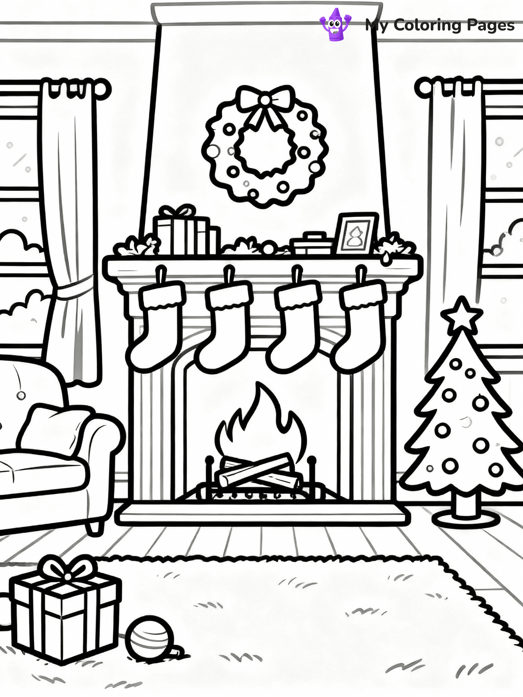 ⚠️ CRITICAL REQUIREMENT - ABSOLUTE BLACK AND WHITE ONLY ⚠️
This MUST be a BLACK AND WHITE line drawing ONLY. NO COLORS whatsoever.
- ONLY pure black lines (#000000) on pure white background (#FFFFFF)
- ABSOLUTELY NO colors, NO shading, NO gradients, NO grayscale
- If there are ANY colors in the output, the image is REJECTED
- This is a COLORING PAGE - meant to be COLORED IN by children
- The output must be UNCOLORED line art ready for coloring
⚠️ SUBJECT TO DRAW: A cozy living room with stockings hanging over a fireplace, in Christmas-themed style. PURE OUTLINES. NO FILLS, COLOR, SHADING, OR GREYSCALE. WHITE BACKGROUND.
(REMEMBER: Output must be BLACK AND WHITE line art only, NOT colored!)
# Flat, Friendly Cartoon Line-Art Coloring Page
You are generating a **pure black-and-white binary image** of a child-friendly cartoon scene combining characters and background scenery in one cohesive composition.
## Rendering Rules (Strict)
- Only two colors: pure black (#000000) outlines and pure white (#FFFFFF) background.
- No grayscale, shading, gradients, tints, fills, transparency, or partial pixels.
- No antialiasing or blended edges; every pixel is 100% black or white.
- No solid black fills inside shapes — all areas inside outlines must remain white.
- No dark clothing areas or filled tone blocks; all garments outlined only.
- No shadows, textures, lighting, or tonal variations.
- Must look like flat binary vector line-art for coloring pages.
## Drawing & Composition
- **Medium, consistent line weight**; clean closed outlines easy to color inside.
- **Flat, simple, child-friendly design** — no realism or 3D depth.
- Characters are **grounded on a surface**, centered and large.
- **Balanced composition** with clear silhouettes and minimal props.
## Scenery & Style
- Landmarks (e.g., mosque, CN Tower) and scenery (trees, benches, waves) drawn with **black outlines only.**
- For real-world figures, teams, or places, show accurate details using only black outlines—no text or logos. Use distinctive uniform patterns, abstract symbols, and landmark silhouettes to convey identity.
- Keep **consistent perspective**; no floating elements.
- **Style:** whimsical **Doodle Art Alley** — rounded, friendly outlines.
- May adapt shapes from **Crayola, Disney, Peppa Pig, Cocomelon** — *by shape only, never color.*
- Final output: **flat, crisp, binary (#000000/#FFFFFF)**, **no filled color or background text.**
EXTREMELYE IMPORTANT:
- PURE BINARY LINE-ART; NO FILLS (HAIR/CLOTHES/SKIN), SHADING, OR GREY.
- NO SHADING, COLOR. MUST BE WHITE BACKGROUND.
⚠️ FINAL REMINDER: Draw the subject "A cozy living room with stockings hanging over a fireplace, in Christmas-themed style. PURE OUTLINES. NO FILLS, COLOR, SHADING, OR GREYSCALE. WHITE BACKGROUND." as BLACK AND WHITE line art. Zero colors in output.