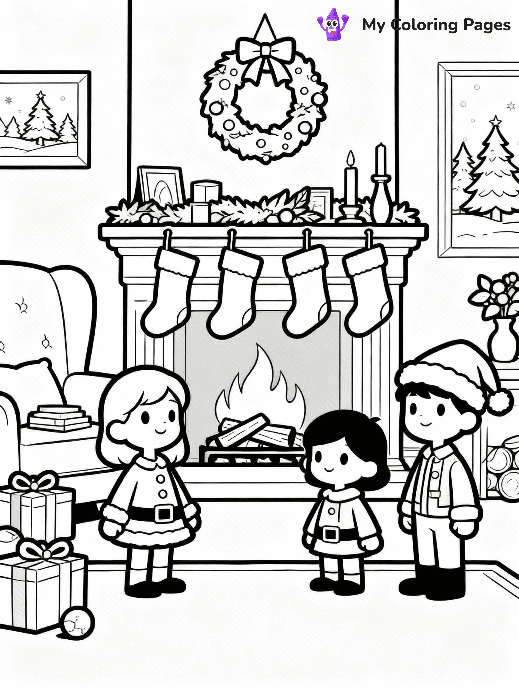 ⚠️ CRITICAL REQUIREMENT - ABSOLUTE BLACK AND WHITE ONLY ⚠️
This MUST be a BLACK AND WHITE line drawing ONLY. NO COLORS whatsoever.
- ONLY pure black lines (#000000) on pure white background (#FFFFFF)
- ABSOLUTELY NO colors, NO shading, NO gradients, NO grayscale
- If there are ANY colors in the output, the image is REJECTED
- This is a COLORING PAGE - meant to be COLORED IN by children
- The output must be UNCOLORED line art ready for coloring
⚠️ SUBJECT TO DRAW: A cozy living room with stockings hanging over a fireplace, in Christmas-themed style. PURE OUTLINES. NO FILLS, COLOR, SHADING, OR GREYSCALE. WHITE BACKGROUND.
(REMEMBER: Output must be BLACK AND WHITE line art only, NOT colored!)
# Flat, Friendly Cartoon Line-Art Coloring Page
You are generating a **pure black-and-white binary image** of a child-friendly cartoon scene combining characters and background scenery in one cohesive composition.
## Rendering Rules (Strict)
- Only two colors: pure black (#000000) outlines and pure white (#FFFFFF) background.
- No grayscale, shading, gradients, tints, fills, transparency, or partial pixels.
- No antialiasing or blended edges; every pixel is 100% black or white.
- No solid black fills inside shapes — all areas inside outlines must remain white.
- No dark clothing areas or filled tone blocks; all garments outlined only.
- No shadows, textures, lighting, or tonal variations.
- Must look like flat binary vector line-art for coloring pages.
## Drawing & Composition
- **Medium, consistent line weight**; clean closed outlines easy to color inside.
- **Flat, simple, child-friendly design** — no realism or 3D depth.
- Characters are **grounded on a surface**, centered and large.
- **Balanced composition** with clear silhouettes and minimal props.
## Scenery & Style
- Landmarks (e.g., mosque, CN Tower) and scenery (trees, benches, waves) drawn with **black outlines only.**
- For real-world figures, teams, or places, show accurate details using only black outlines—no text or logos. Use distinctive uniform patterns, abstract symbols, and landmark silhouettes to convey identity.
- Keep **consistent perspective**; no floating elements.
- **Style:** whimsical **Doodle Art Alley** — rounded, friendly outlines.
- May adapt shapes from **Crayola, Disney, Peppa Pig, Cocomelon** — *by shape only, never color.*
- Final output: **flat, crisp, binary (#000000/#FFFFFF)**, **no filled color or background text.**
EXTREMELYE IMPORTANT:
- PURE BINARY LINE-ART; NO FILLS (HAIR/CLOTHES/SKIN), SHADING, OR GREY.
- NO SHADING, COLOR. MUST BE WHITE BACKGROUND.
⚠️ FINAL REMINDER: Draw the subject "A cozy living room with stockings hanging over a fireplace, in Christmas-themed style. PURE OUTLINES. NO FILLS, COLOR, SHADING, OR GREYSCALE. WHITE BACKGROUND." as BLACK AND WHITE line art. Zero colors in output.