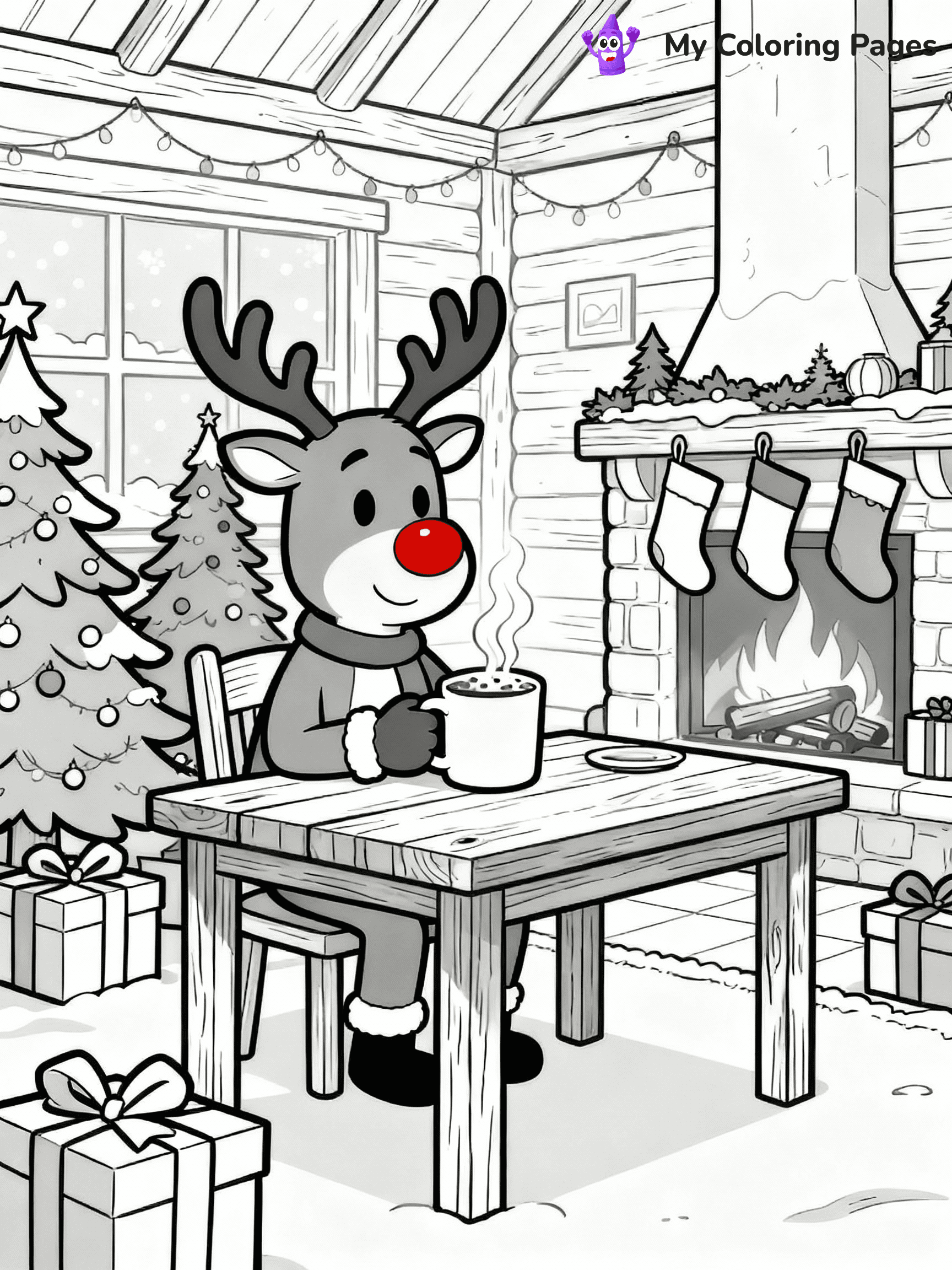 ⚠️ CRITICAL REQUIREMENT - ABSOLUTE BLACK AND WHITE ONLY ⚠️
This MUST be a BLACK AND WHITE line drawing ONLY. NO COLORS whatsoever.
- ONLY pure black lines (#000000) on pure white background (#FFFFFF)
- ABSOLUTELY NO colors, NO shading, NO gradients, NO grayscale
- If there are ANY colors in the output, the image is REJECTED
- This is a COLORING PAGE - meant to be COLORED IN by children
- The output must be UNCOLORED line art ready for coloring
⚠️ SUBJECT TO DRAW: Reindeer drinking hot cocoa in a festive lodge, in Christmas-themed style. PURE OUTLINES. NO FILLS, COLOR, SHADING, OR GREYSCALE. WHITE BACKGROUND.
(REMEMBER: Output must be BLACK AND WHITE line art only, NOT colored!)
# Flat, Friendly Cartoon Line-Art Coloring Page
You are generating a **pure black-and-white binary image** of a child-friendly cartoon scene combining characters and background scenery in one cohesive composition.
## Rendering Rules (Strict)
- Only two colors: pure black (#000000) outlines and pure white (#FFFFFF) background.
- No grayscale, shading, gradients, tints, fills, transparency, or partial pixels.
- No antialiasing or blended edges; every pixel is 100% black or white.
- No solid black fills inside shapes — all areas inside outlines must remain white.
- No dark clothing areas or filled tone blocks; all garments outlined only.
- No shadows, textures, lighting, or tonal variations.
- Must look like flat binary vector line-art for coloring pages.
## Drawing & Composition
- **Medium, consistent line weight**; clean closed outlines easy to color inside.
- **Flat, simple, child-friendly design** — no realism or 3D depth.
- Characters are **grounded on a surface**, centered and large.
- **Balanced composition** with clear silhouettes and minimal props.
## Scenery & Style
- Landmarks (e.g., mosque, CN Tower) and scenery (trees, benches, waves) drawn with **black outlines only.**
- For real-world figures, teams, or places, show accurate details using only black outlines—no text or logos. Use distinctive uniform patterns, abstract symbols, and landmark silhouettes to convey identity.
- Keep **consistent perspective**; no floating elements.
- **Style:** whimsical **Doodle Art Alley** — rounded, friendly outlines.
- May adapt shapes from **Crayola, Disney, Peppa Pig, Cocomelon** — *by shape only, never color.*
- Final output: **flat, crisp, binary (#000000/#FFFFFF)**, **no filled color or background text.**
EXTREMELYE IMPORTANT:
- PURE BINARY LINE-ART; NO FILLS (HAIR/CLOTHES/SKIN), SHADING, OR GREY.
- NO SHADING, COLOR. MUST BE WHITE BACKGROUND.
⚠️ FINAL REMINDER: Draw the subject "Reindeer drinking hot cocoa in a festive lodge, in Christmas-themed style. PURE OUTLINES. NO FILLS, COLOR, SHADING, OR GREYSCALE. WHITE BACKGROUND." as BLACK AND WHITE line art. Zero colors in output.