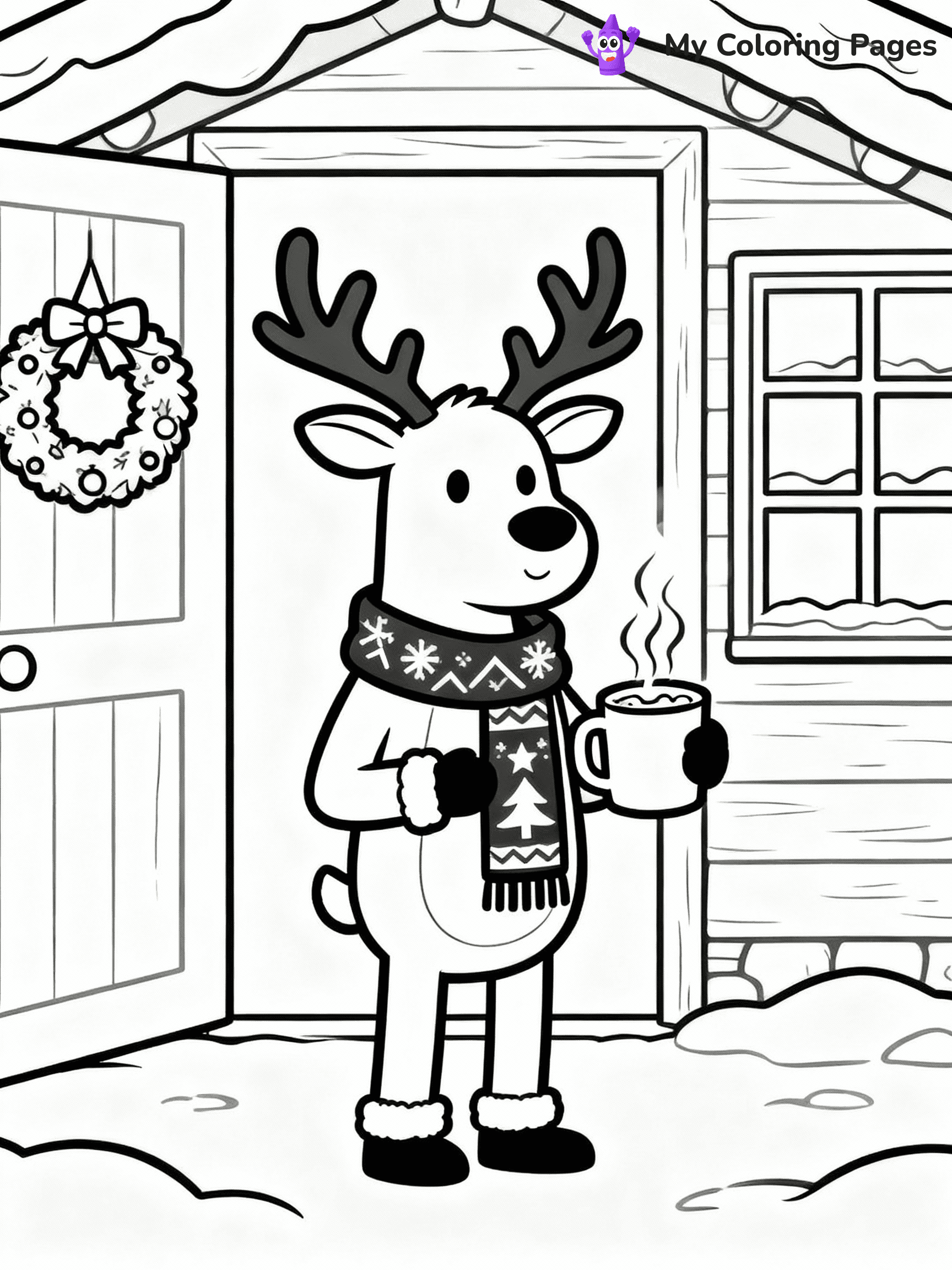 ⚠️ CRITICAL REQUIREMENT - ABSOLUTE BLACK AND WHITE ONLY ⚠️
This MUST be a BLACK AND WHITE line drawing ONLY. NO COLORS whatsoever.
- ONLY pure black lines (#000000) on pure white background (#FFFFFF)
- ABSOLUTELY NO colors, NO shading, NO gradients, NO grayscale
- If there are ANY colors in the output, the image is REJECTED
- This is a COLORING PAGE - meant to be COLORED IN by children
- The output must be UNCOLORED line art ready for coloring
⚠️ SUBJECT TO DRAW: Reindeer drinking hot cocoa in a festive lodge, in Christmas-themed style. PURE OUTLINES. NO FILLS, COLOR, SHADING, OR GREYSCALE. WHITE BACKGROUND.
(REMEMBER: Output must be BLACK AND WHITE line art only, NOT colored!)
# Flat, Friendly Cartoon Line-Art Coloring Page
You are generating a **pure black-and-white binary image** of a child-friendly cartoon scene combining characters and background scenery in one cohesive composition.
## Rendering Rules (Strict)
- Only two colors: pure black (#000000) outlines and pure white (#FFFFFF) background.
- No grayscale, shading, gradients, tints, fills, transparency, or partial pixels.
- No antialiasing or blended edges; every pixel is 100% black or white.
- No solid black fills inside shapes — all areas inside outlines must remain white.
- No dark clothing areas or filled tone blocks; all garments outlined only.
- No shadows, textures, lighting, or tonal variations.
- Must look like flat binary vector line-art for coloring pages.
## Drawing & Composition
- **Medium, consistent line weight**; clean closed outlines easy to color inside.
- **Flat, simple, child-friendly design** — no realism or 3D depth.
- Characters are **grounded on a surface**, centered and large.
- **Balanced composition** with clear silhouettes and minimal props.
## Scenery & Style
- Landmarks (e.g., mosque, CN Tower) and scenery (trees, benches, waves) drawn with **black outlines only.**
- For real-world figures, teams, or places, show accurate details using only black outlines—no text or logos. Use distinctive uniform patterns, abstract symbols, and landmark silhouettes to convey identity.
- Keep **consistent perspective**; no floating elements.
- **Style:** whimsical **Doodle Art Alley** — rounded, friendly outlines.
- May adapt shapes from **Crayola, Disney, Peppa Pig, Cocomelon** — *by shape only, never color.*
- Final output: **flat, crisp, binary (#000000/#FFFFFF)**, **no filled color or background text.**
EXTREMELYE IMPORTANT:
- PURE BINARY LINE-ART; NO FILLS (HAIR/CLOTHES/SKIN), SHADING, OR GREY.
- NO SHADING, COLOR. MUST BE WHITE BACKGROUND.
⚠️ FINAL REMINDER: Draw the subject "Reindeer drinking hot cocoa in a festive lodge, in Christmas-themed style. PURE OUTLINES. NO FILLS, COLOR, SHADING, OR GREYSCALE. WHITE BACKGROUND." as BLACK AND WHITE line art. Zero colors in output.