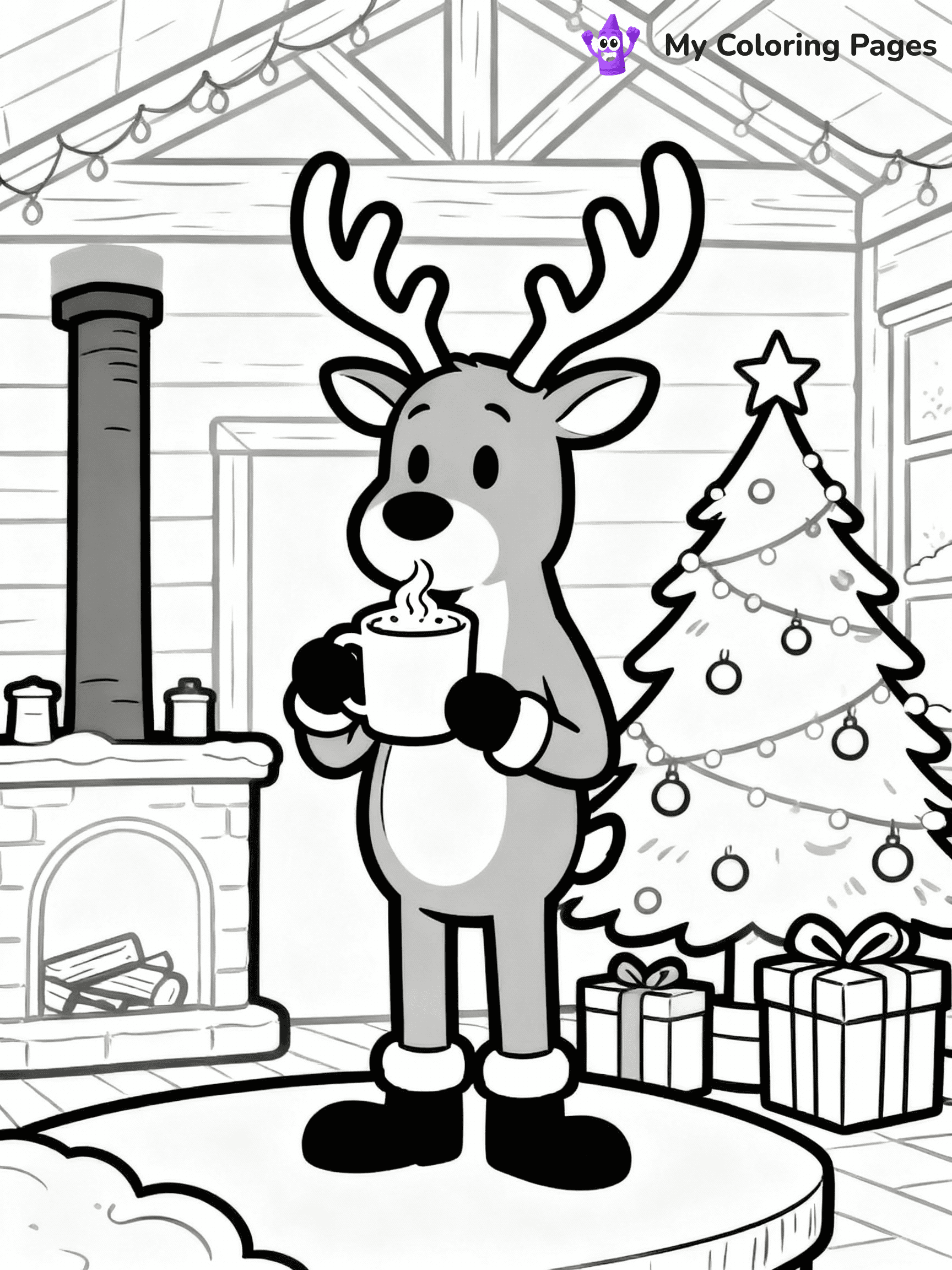 ⚠️ CRITICAL REQUIREMENT - ABSOLUTE BLACK AND WHITE ONLY ⚠️
This MUST be a BLACK AND WHITE line drawing ONLY. NO COLORS whatsoever.
- ONLY pure black lines (#000000) on pure white background (#FFFFFF)
- ABSOLUTELY NO colors, NO shading, NO gradients, NO grayscale
- If there are ANY colors in the output, the image is REJECTED
- This is a COLORING PAGE - meant to be COLORED IN by children
- The output must be UNCOLORED line art ready for coloring
⚠️ SUBJECT TO DRAW: Reindeer drinking hot cocoa in a festive lodge, in Christmas-themed style. PURE OUTLINES. NO FILLS, COLOR, SHADING, OR GREYSCALE. WHITE BACKGROUND.
(REMEMBER: Output must be BLACK AND WHITE line art only, NOT colored!)
# Flat, Friendly Cartoon Line-Art Coloring Page
You are generating a **pure black-and-white binary image** of a child-friendly cartoon scene combining characters and background scenery in one cohesive composition.
## Rendering Rules (Strict)
- Only two colors: pure black (#000000) outlines and pure white (#FFFFFF) background.
- No grayscale, shading, gradients, tints, fills, transparency, or partial pixels.
- No antialiasing or blended edges; every pixel is 100% black or white.
- No solid black fills inside shapes — all areas inside outlines must remain white.
- No dark clothing areas or filled tone blocks; all garments outlined only.
- No shadows, textures, lighting, or tonal variations.
- Must look like flat binary vector line-art for coloring pages.
## Drawing & Composition
- **Medium, consistent line weight**; clean closed outlines easy to color inside.
- **Flat, simple, child-friendly design** — no realism or 3D depth.
- Characters are **grounded on a surface**, centered and large.
- **Balanced composition** with clear silhouettes and minimal props.
## Scenery & Style
- Landmarks (e.g., mosque, CN Tower) and scenery (trees, benches, waves) drawn with **black outlines only.**
- For real-world figures, teams, or places, show accurate details using only black outlines—no text or logos. Use distinctive uniform patterns, abstract symbols, and landmark silhouettes to convey identity.
- Keep **consistent perspective**; no floating elements.
- **Style:** whimsical **Doodle Art Alley** — rounded, friendly outlines.
- May adapt shapes from **Crayola, Disney, Peppa Pig, Cocomelon** — *by shape only, never color.*
- Final output: **flat, crisp, binary (#000000/#FFFFFF)**, **no filled color or background text.**
EXTREMELYE IMPORTANT:
- PURE BINARY LINE-ART; NO FILLS (HAIR/CLOTHES/SKIN), SHADING, OR GREY.
- NO SHADING, COLOR. MUST BE WHITE BACKGROUND.
⚠️ FINAL REMINDER: Draw the subject "Reindeer drinking hot cocoa in a festive lodge, in Christmas-themed style. PURE OUTLINES. NO FILLS, COLOR, SHADING, OR GREYSCALE. WHITE BACKGROUND." as BLACK AND WHITE line art. Zero colors in output.