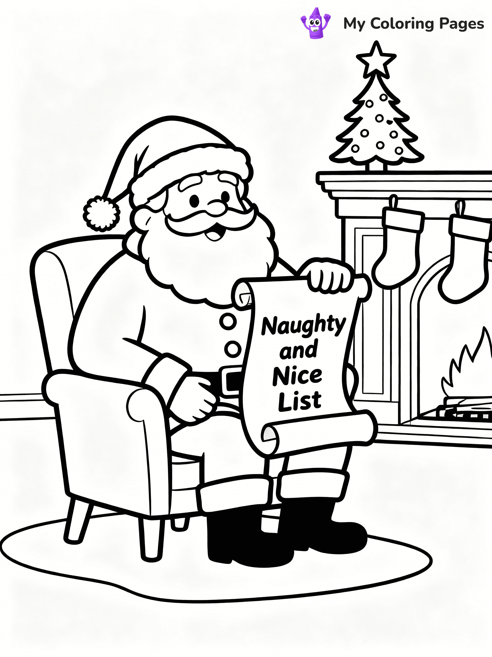 ⚠️ CRITICAL REQUIREMENT - ABSOLUTE BLACK AND WHITE ONLY ⚠️
This MUST be a BLACK AND WHITE line drawing ONLY. NO COLORS whatsoever.
- ONLY pure black lines (#000000) on pure white background (#FFFFFF)
- ABSOLUTELY NO colors, NO shading, NO gradients, NO grayscale
- If there are ANY colors in the output, the image is REJECTED
- This is a COLORING PAGE - meant to be COLORED IN by children
- The output must be UNCOLORED line art ready for coloring
⚠️ SUBJECT TO DRAW: Santa checking his naughty and nice list on a scroll, in Christmas-themed style. PURE OUTLINES. NO FILLS, COLOR, SHADING, OR GREYSCALE. WHITE BACKGROUND.
(REMEMBER: Output must be BLACK AND WHITE line art only, NOT colored!)
# Flat, Friendly Cartoon Line-Art Coloring Page
You are generating a **pure black-and-white binary image** of a child-friendly cartoon scene combining characters and background scenery in one cohesive composition.
## Rendering Rules (Strict)
- Only two colors: pure black (#000000) outlines and pure white (#FFFFFF) background.
- No grayscale, shading, gradients, tints, fills, transparency, or partial pixels.
- No antialiasing or blended edges; every pixel is 100% black or white.
- No solid black fills inside shapes — all areas inside outlines must remain white.
- No dark clothing areas or filled tone blocks; all garments outlined only.
- No shadows, textures, lighting, or tonal variations.
- Must look like flat binary vector line-art for coloring pages.
## Drawing & Composition
- **Medium, consistent line weight**; clean closed outlines easy to color inside.
- **Flat, simple, child-friendly design** — no realism or 3D depth.
- Characters are **grounded on a surface**, centered and large.
- **Balanced composition** with clear silhouettes and minimal props.
## Scenery & Style
- Landmarks (e.g., mosque, CN Tower) and scenery (trees, benches, waves) drawn with **black outlines only.**
- For real-world figures, teams, or places, show accurate details using only black outlines—no text or logos. Use distinctive uniform patterns, abstract symbols, and landmark silhouettes to convey identity.
- Keep **consistent perspective**; no floating elements.
- **Style:** whimsical **Doodle Art Alley** — rounded, friendly outlines.
- May adapt shapes from **Crayola, Disney, Peppa Pig, Cocomelon** — *by shape only, never color.*
- Final output: **flat, crisp, binary (#000000/#FFFFFF)**, **no filled color or background text.**
EXTREMELYE IMPORTANT:
- PURE BINARY LINE-ART; NO FILLS (HAIR/CLOTHES/SKIN), SHADING, OR GREY.
- NO SHADING, COLOR. MUST BE WHITE BACKGROUND.
⚠️ FINAL REMINDER: Draw the subject "Santa checking his naughty and nice list on a scroll, in Christmas-themed style. PURE OUTLINES. NO FILLS, COLOR, SHADING, OR GREYSCALE. WHITE BACKGROUND." as BLACK AND WHITE line art. Zero colors in output.