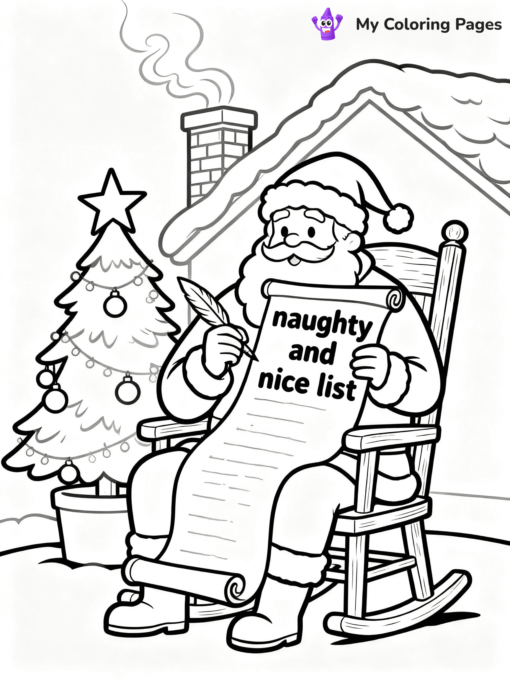 ⚠️ CRITICAL REQUIREMENT - ABSOLUTE BLACK AND WHITE ONLY ⚠️
This MUST be a BLACK AND WHITE line drawing ONLY. NO COLORS whatsoever.
- ONLY pure black lines (#000000) on pure white background (#FFFFFF)
- ABSOLUTELY NO colors, NO shading, NO gradients, NO grayscale
- If there are ANY colors in the output, the image is REJECTED
- This is a COLORING PAGE - meant to be COLORED IN by children
- The output must be UNCOLORED line art ready for coloring
⚠️ SUBJECT TO DRAW: Santa checking his naughty and nice list on a scroll, in Christmas-themed style. PURE OUTLINES. NO FILLS, COLOR, SHADING, OR GREYSCALE. WHITE BACKGROUND.
(REMEMBER: Output must be BLACK AND WHITE line art only, NOT colored!)
# Flat, Friendly Cartoon Line-Art Coloring Page
You are generating a **pure black-and-white binary image** of a child-friendly cartoon scene combining characters and background scenery in one cohesive composition.
## Rendering Rules (Strict)
- Only two colors: pure black (#000000) outlines and pure white (#FFFFFF) background.
- No grayscale, shading, gradients, tints, fills, transparency, or partial pixels.
- No antialiasing or blended edges; every pixel is 100% black or white.
- No solid black fills inside shapes — all areas inside outlines must remain white.
- No dark clothing areas or filled tone blocks; all garments outlined only.
- No shadows, textures, lighting, or tonal variations.
- Must look like flat binary vector line-art for coloring pages.
## Drawing & Composition
- **Medium, consistent line weight**; clean closed outlines easy to color inside.
- **Flat, simple, child-friendly design** — no realism or 3D depth.
- Characters are **grounded on a surface**, centered and large.
- **Balanced composition** with clear silhouettes and minimal props.
## Scenery & Style
- Landmarks (e.g., mosque, CN Tower) and scenery (trees, benches, waves) drawn with **black outlines only.**
- For real-world figures, teams, or places, show accurate details using only black outlines—no text or logos. Use distinctive uniform patterns, abstract symbols, and landmark silhouettes to convey identity.
- Keep **consistent perspective**; no floating elements.
- **Style:** whimsical **Doodle Art Alley** — rounded, friendly outlines.
- May adapt shapes from **Crayola, Disney, Peppa Pig, Cocomelon** — *by shape only, never color.*
- Final output: **flat, crisp, binary (#000000/#FFFFFF)**, **no filled color or background text.**
EXTREMELYE IMPORTANT:
- PURE BINARY LINE-ART; NO FILLS (HAIR/CLOTHES/SKIN), SHADING, OR GREY.
- NO SHADING, COLOR. MUST BE WHITE BACKGROUND.
⚠️ FINAL REMINDER: Draw the subject "Santa checking his naughty and nice list on a scroll, in Christmas-themed style. PURE OUTLINES. NO FILLS, COLOR, SHADING, OR GREYSCALE. WHITE BACKGROUND." as BLACK AND WHITE line art. Zero colors in output.