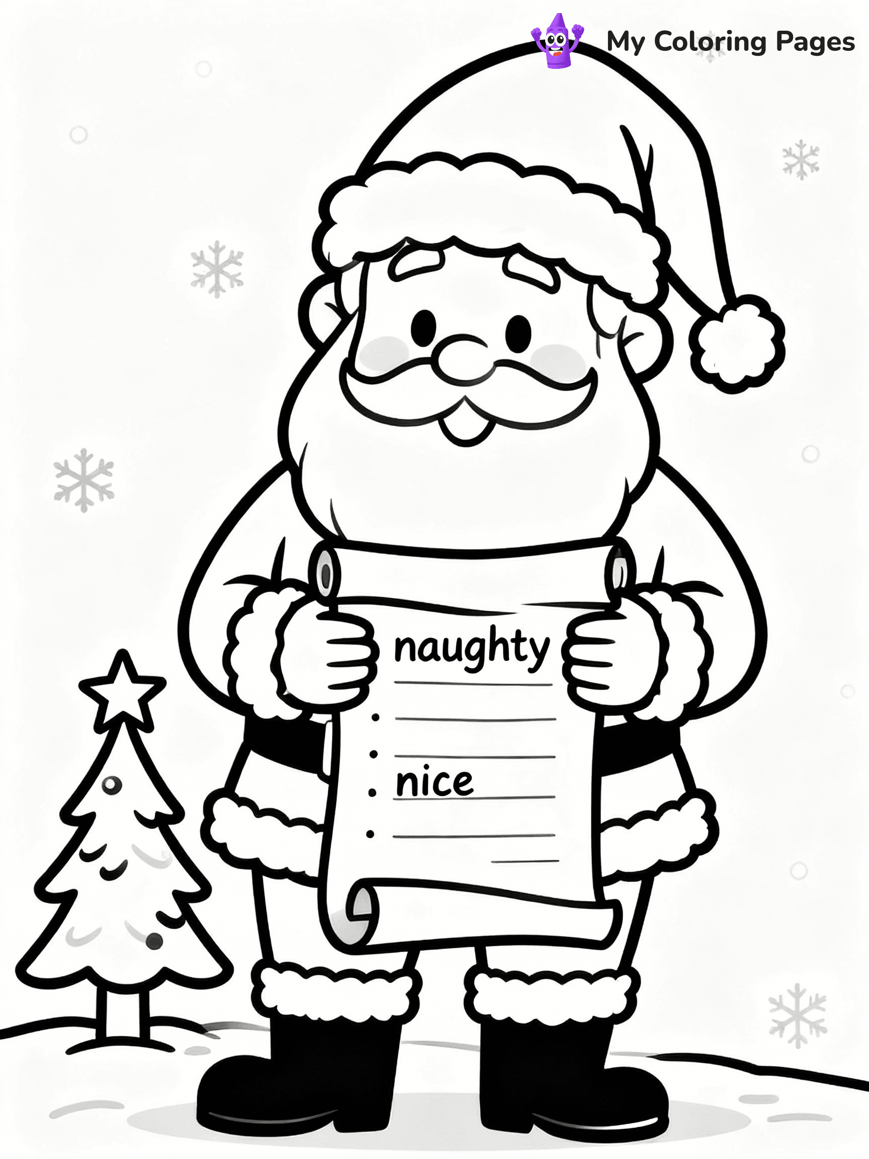 ⚠️ CRITICAL REQUIREMENT - ABSOLUTE BLACK AND WHITE ONLY ⚠️
This MUST be a BLACK AND WHITE line drawing ONLY. NO COLORS whatsoever.
- ONLY pure black lines (#000000) on pure white background (#FFFFFF)
- ABSOLUTELY NO colors, NO shading, NO gradients, NO grayscale
- If there are ANY colors in the output, the image is REJECTED
- This is a COLORING PAGE - meant to be COLORED IN by children
- The output must be UNCOLORED line art ready for coloring
⚠️ SUBJECT TO DRAW: Santa checking his naughty and nice list on a scroll, in Christmas-themed style. PURE OUTLINES. NO FILLS, COLOR, SHADING, OR GREYSCALE. WHITE BACKGROUND.
(REMEMBER: Output must be BLACK AND WHITE line art only, NOT colored!)
# Flat, Friendly Cartoon Line-Art Coloring Page
You are generating a **pure black-and-white binary image** of a child-friendly cartoon scene combining characters and background scenery in one cohesive composition.
## Rendering Rules (Strict)
- Only two colors: pure black (#000000) outlines and pure white (#FFFFFF) background.
- No grayscale, shading, gradients, tints, fills, transparency, or partial pixels.
- No antialiasing or blended edges; every pixel is 100% black or white.
- No solid black fills inside shapes — all areas inside outlines must remain white.
- No dark clothing areas or filled tone blocks; all garments outlined only.
- No shadows, textures, lighting, or tonal variations.
- Must look like flat binary vector line-art for coloring pages.
## Drawing & Composition
- **Medium, consistent line weight**; clean closed outlines easy to color inside.
- **Flat, simple, child-friendly design** — no realism or 3D depth.
- Characters are **grounded on a surface**, centered and large.
- **Balanced composition** with clear silhouettes and minimal props.
## Scenery & Style
- Landmarks (e.g., mosque, CN Tower) and scenery (trees, benches, waves) drawn with **black outlines only.**
- For real-world figures, teams, or places, show accurate details using only black outlines—no text or logos. Use distinctive uniform patterns, abstract symbols, and landmark silhouettes to convey identity.
- Keep **consistent perspective**; no floating elements.
- **Style:** whimsical **Doodle Art Alley** — rounded, friendly outlines.
- May adapt shapes from **Crayola, Disney, Peppa Pig, Cocomelon** — *by shape only, never color.*
- Final output: **flat, crisp, binary (#000000/#FFFFFF)**, **no filled color or background text.**
EXTREMELYE IMPORTANT:
- PURE BINARY LINE-ART; NO FILLS (HAIR/CLOTHES/SKIN), SHADING, OR GREY.
- NO SHADING, COLOR. MUST BE WHITE BACKGROUND.
⚠️ FINAL REMINDER: Draw the subject "Santa checking his naughty and nice list on a scroll, in Christmas-themed style. PURE OUTLINES. NO FILLS, COLOR, SHADING, OR GREYSCALE. WHITE BACKGROUND." as BLACK AND WHITE line art. Zero colors in output.