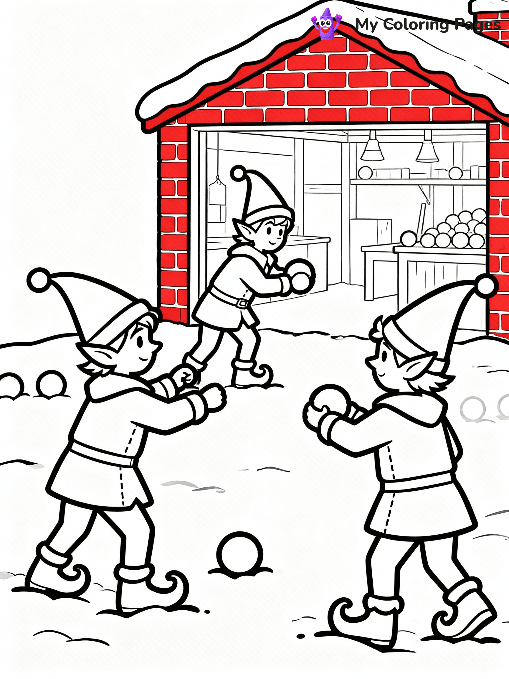 ⚠️ CRITICAL REQUIREMENT - ABSOLUTE BLACK AND WHITE ONLY ⚠️
This MUST be a BLACK AND WHITE line drawing ONLY. NO COLORS whatsoever.
- ONLY pure black lines (#000000) on pure white background (#FFFFFF)
- ABSOLUTELY NO colors, NO shading, NO gradients, NO grayscale
- If there are ANY colors in the output, the image is REJECTED
- This is a COLORING PAGE - meant to be COLORED IN by children
- The output must be UNCOLORED line art ready for coloring
⚠️ SUBJECT TO DRAW: Elves playing in a snowball fight outside the workshop, in Christmas-themed style. PURE OUTLINES. NO FILLS, COLOR, SHADING, OR GREYSCALE. WHITE BACKGROUND.
(REMEMBER: Output must be BLACK AND WHITE line art only, NOT colored!)
# Flat, Friendly Cartoon Line-Art Coloring Page
You are generating a **pure black-and-white binary image** of a child-friendly cartoon scene combining characters and background scenery in one cohesive composition.
## Rendering Rules (Strict)
- Only two colors: pure black (#000000) outlines and pure white (#FFFFFF) background.
- No grayscale, shading, gradients, tints, fills, transparency, or partial pixels.
- No antialiasing or blended edges; every pixel is 100% black or white.
- No solid black fills inside shapes — all areas inside outlines must remain white.
- No dark clothing areas or filled tone blocks; all garments outlined only.
- No shadows, textures, lighting, or tonal variations.
- Must look like flat binary vector line-art for coloring pages.
## Drawing & Composition
- **Medium, consistent line weight**; clean closed outlines easy to color inside.
- **Flat, simple, child-friendly design** — no realism or 3D depth.
- Characters are **grounded on a surface**, centered and large.
- **Balanced composition** with clear silhouettes and minimal props.
## Scenery & Style
- Landmarks (e.g., mosque, CN Tower) and scenery (trees, benches, waves) drawn with **black outlines only.**
- For real-world figures, teams, or places, show accurate details using only black outlines—no text or logos. Use distinctive uniform patterns, abstract symbols, and landmark silhouettes to convey identity.
- Keep **consistent perspective**; no floating elements.
- **Style:** whimsical **Doodle Art Alley** — rounded, friendly outlines.
- May adapt shapes from **Crayola, Disney, Peppa Pig, Cocomelon** — *by shape only, never color.*
- Final output: **flat, crisp, binary (#000000/#FFFFFF)**, **no filled color or background text.**
EXTREMELYE IMPORTANT:
- PURE BINARY LINE-ART; NO FILLS (HAIR/CLOTHES/SKIN), SHADING, OR GREY.
- NO SHADING, COLOR. MUST BE WHITE BACKGROUND.
⚠️ FINAL REMINDER: Draw the subject "Elves playing in a snowball fight outside the workshop, in Christmas-themed style. PURE OUTLINES. NO FILLS, COLOR, SHADING, OR GREYSCALE. WHITE BACKGROUND." as BLACK AND WHITE line art. Zero colors in output.