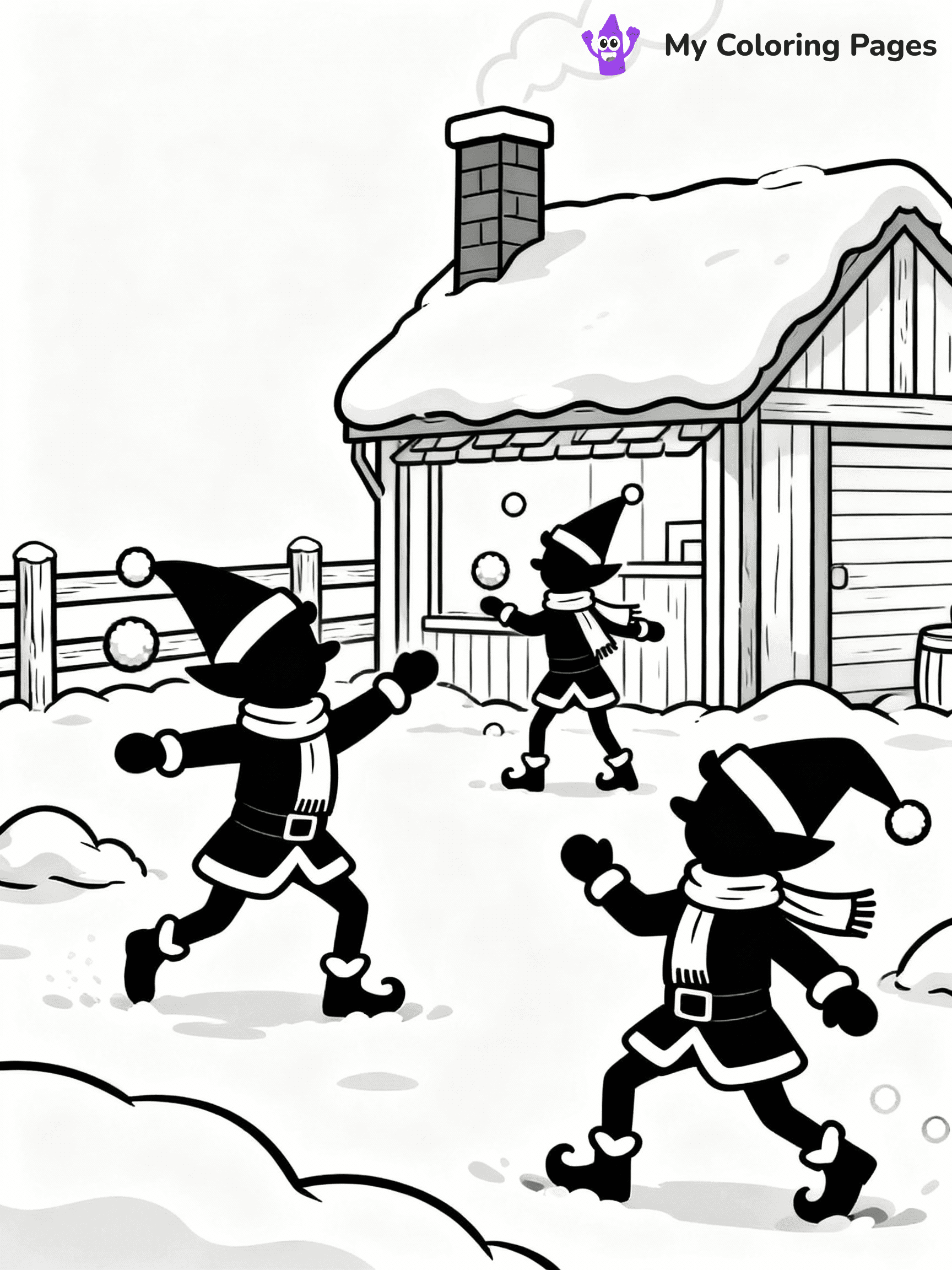 ⚠️ CRITICAL REQUIREMENT - ABSOLUTE BLACK AND WHITE ONLY ⚠️
This MUST be a BLACK AND WHITE line drawing ONLY. NO COLORS whatsoever.
- ONLY pure black lines (#000000) on pure white background (#FFFFFF)
- ABSOLUTELY NO colors, NO shading, NO gradients, NO grayscale
- If there are ANY colors in the output, the image is REJECTED
- This is a COLORING PAGE - meant to be COLORED IN by children
- The output must be UNCOLORED line art ready for coloring
⚠️ SUBJECT TO DRAW: Elves playing in a snowball fight outside the workshop, in Christmas-themed style. PURE OUTLINES. NO FILLS, COLOR, SHADING, OR GREYSCALE. WHITE BACKGROUND.
(REMEMBER: Output must be BLACK AND WHITE line art only, NOT colored!)
# Flat, Friendly Cartoon Line-Art Coloring Page
You are generating a **pure black-and-white binary image** of a child-friendly cartoon scene combining characters and background scenery in one cohesive composition.
## Rendering Rules (Strict)
- Only two colors: pure black (#000000) outlines and pure white (#FFFFFF) background.
- No grayscale, shading, gradients, tints, fills, transparency, or partial pixels.
- No antialiasing or blended edges; every pixel is 100% black or white.
- No solid black fills inside shapes — all areas inside outlines must remain white.
- No dark clothing areas or filled tone blocks; all garments outlined only.
- No shadows, textures, lighting, or tonal variations.
- Must look like flat binary vector line-art for coloring pages.
## Drawing & Composition
- **Medium, consistent line weight**; clean closed outlines easy to color inside.
- **Flat, simple, child-friendly design** — no realism or 3D depth.
- Characters are **grounded on a surface**, centered and large.
- **Balanced composition** with clear silhouettes and minimal props.
## Scenery & Style
- Landmarks (e.g., mosque, CN Tower) and scenery (trees, benches, waves) drawn with **black outlines only.**
- For real-world figures, teams, or places, show accurate details using only black outlines—no text or logos. Use distinctive uniform patterns, abstract symbols, and landmark silhouettes to convey identity.
- Keep **consistent perspective**; no floating elements.
- **Style:** whimsical **Doodle Art Alley** — rounded, friendly outlines.
- May adapt shapes from **Crayola, Disney, Peppa Pig, Cocomelon** — *by shape only, never color.*
- Final output: **flat, crisp, binary (#000000/#FFFFFF)**, **no filled color or background text.**
EXTREMELYE IMPORTANT:
- PURE BINARY LINE-ART; NO FILLS (HAIR/CLOTHES/SKIN), SHADING, OR GREY.
- NO SHADING, COLOR. MUST BE WHITE BACKGROUND.
⚠️ FINAL REMINDER: Draw the subject "Elves playing in a snowball fight outside the workshop, in Christmas-themed style. PURE OUTLINES. NO FILLS, COLOR, SHADING, OR GREYSCALE. WHITE BACKGROUND." as BLACK AND WHITE line art. Zero colors in output.