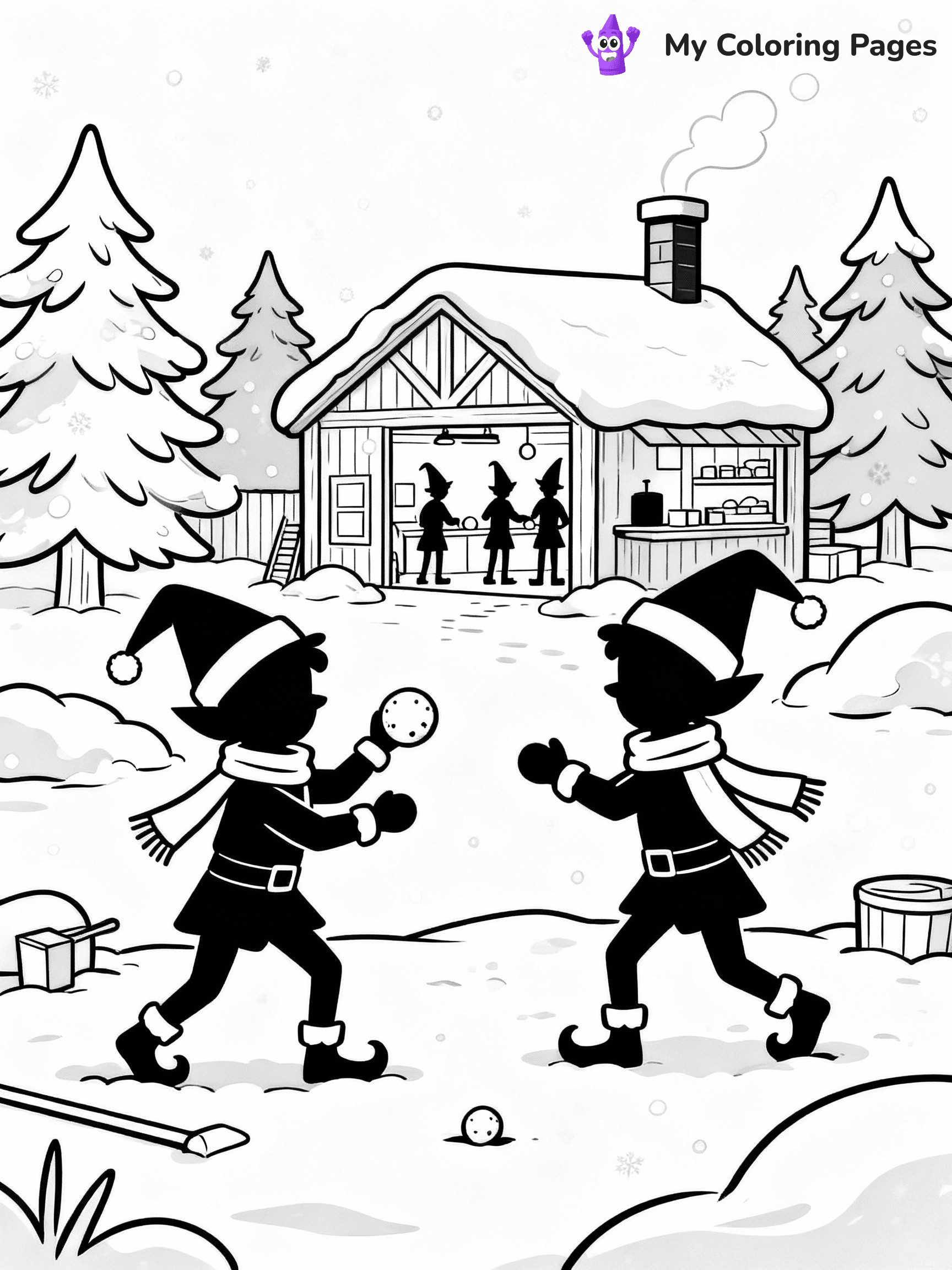 ⚠️ CRITICAL REQUIREMENT - ABSOLUTE BLACK AND WHITE ONLY ⚠️
This MUST be a BLACK AND WHITE line drawing ONLY. NO COLORS whatsoever.
- ONLY pure black lines (#000000) on pure white background (#FFFFFF)
- ABSOLUTELY NO colors, NO shading, NO gradients, NO grayscale
- If there are ANY colors in the output, the image is REJECTED
- This is a COLORING PAGE - meant to be COLORED IN by children
- The output must be UNCOLORED line art ready for coloring
⚠️ SUBJECT TO DRAW: Elves playing in a snowball fight outside the workshop, in Christmas-themed style. PURE OUTLINES. NO FILLS, COLOR, SHADING, OR GREYSCALE. WHITE BACKGROUND.
(REMEMBER: Output must be BLACK AND WHITE line art only, NOT colored!)
# Flat, Friendly Cartoon Line-Art Coloring Page
You are generating a **pure black-and-white binary image** of a child-friendly cartoon scene combining characters and background scenery in one cohesive composition.
## Rendering Rules (Strict)
- Only two colors: pure black (#000000) outlines and pure white (#FFFFFF) background.
- No grayscale, shading, gradients, tints, fills, transparency, or partial pixels.
- No antialiasing or blended edges; every pixel is 100% black or white.
- No solid black fills inside shapes — all areas inside outlines must remain white.
- No dark clothing areas or filled tone blocks; all garments outlined only.
- No shadows, textures, lighting, or tonal variations.
- Must look like flat binary vector line-art for coloring pages.
## Drawing & Composition
- **Medium, consistent line weight**; clean closed outlines easy to color inside.
- **Flat, simple, child-friendly design** — no realism or 3D depth.
- Characters are **grounded on a surface**, centered and large.
- **Balanced composition** with clear silhouettes and minimal props.
## Scenery & Style
- Landmarks (e.g., mosque, CN Tower) and scenery (trees, benches, waves) drawn with **black outlines only.**
- For real-world figures, teams, or places, show accurate details using only black outlines—no text or logos. Use distinctive uniform patterns, abstract symbols, and landmark silhouettes to convey identity.
- Keep **consistent perspective**; no floating elements.
- **Style:** whimsical **Doodle Art Alley** — rounded, friendly outlines.
- May adapt shapes from **Crayola, Disney, Peppa Pig, Cocomelon** — *by shape only, never color.*
- Final output: **flat, crisp, binary (#000000/#FFFFFF)**, **no filled color or background text.**
EXTREMELYE IMPORTANT:
- PURE BINARY LINE-ART; NO FILLS (HAIR/CLOTHES/SKIN), SHADING, OR GREY.
- NO SHADING, COLOR. MUST BE WHITE BACKGROUND.
⚠️ FINAL REMINDER: Draw the subject "Elves playing in a snowball fight outside the workshop, in Christmas-themed style. PURE OUTLINES. NO FILLS, COLOR, SHADING, OR GREYSCALE. WHITE BACKGROUND." as BLACK AND WHITE line art. Zero colors in output.