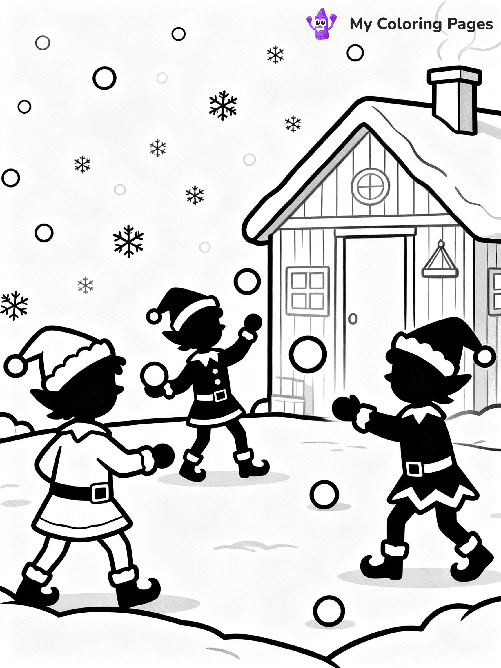 ⚠️ CRITICAL REQUIREMENT - ABSOLUTE BLACK AND WHITE ONLY ⚠️
This MUST be a BLACK AND WHITE line drawing ONLY. NO COLORS whatsoever.
- ONLY pure black lines (#000000) on pure white background (#FFFFFF)
- ABSOLUTELY NO colors, NO shading, NO gradients, NO grayscale
- If there are ANY colors in the output, the image is REJECTED
- This is a COLORING PAGE - meant to be COLORED IN by children
- The output must be UNCOLORED line art ready for coloring
⚠️ SUBJECT TO DRAW: Elves playing in a snowball fight outside the workshop, in Christmas-themed style. PURE OUTLINES. NO FILLS, COLOR, SHADING, OR GREYSCALE. WHITE BACKGROUND.
(REMEMBER: Output must be BLACK AND WHITE line art only, NOT colored!)
# Flat, Friendly Cartoon Line-Art Coloring Page
You are generating a **pure black-and-white binary image** of a child-friendly cartoon scene combining characters and background scenery in one cohesive composition.
## Rendering Rules (Strict)
- Only two colors: pure black (#000000) outlines and pure white (#FFFFFF) background.
- No grayscale, shading, gradients, tints, fills, transparency, or partial pixels.
- No antialiasing or blended edges; every pixel is 100% black or white.
- No solid black fills inside shapes — all areas inside outlines must remain white.
- No dark clothing areas or filled tone blocks; all garments outlined only.
- No shadows, textures, lighting, or tonal variations.
- Must look like flat binary vector line-art for coloring pages.
## Drawing & Composition
- **Medium, consistent line weight**; clean closed outlines easy to color inside.
- **Flat, simple, child-friendly design** — no realism or 3D depth.
- Characters are **grounded on a surface**, centered and large.
- **Balanced composition** with clear silhouettes and minimal props.
## Scenery & Style
- Landmarks (e.g., mosque, CN Tower) and scenery (trees, benches, waves) drawn with **black outlines only.**
- For real-world figures, teams, or places, show accurate details using only black outlines—no text or logos. Use distinctive uniform patterns, abstract symbols, and landmark silhouettes to convey identity.
- Keep **consistent perspective**; no floating elements.
- **Style:** whimsical **Doodle Art Alley** — rounded, friendly outlines.
- May adapt shapes from **Crayola, Disney, Peppa Pig, Cocomelon** — *by shape only, never color.*
- Final output: **flat, crisp, binary (#000000/#FFFFFF)**, **no filled color or background text.**
EXTREMELYE IMPORTANT:
- PURE BINARY LINE-ART; NO FILLS (HAIR/CLOTHES/SKIN), SHADING, OR GREY.
- NO SHADING, COLOR. MUST BE WHITE BACKGROUND.
⚠️ FINAL REMINDER: Draw the subject "Elves playing in a snowball fight outside the workshop, in Christmas-themed style. PURE OUTLINES. NO FILLS, COLOR, SHADING, OR GREYSCALE. WHITE BACKGROUND." as BLACK AND WHITE line art. Zero colors in output.