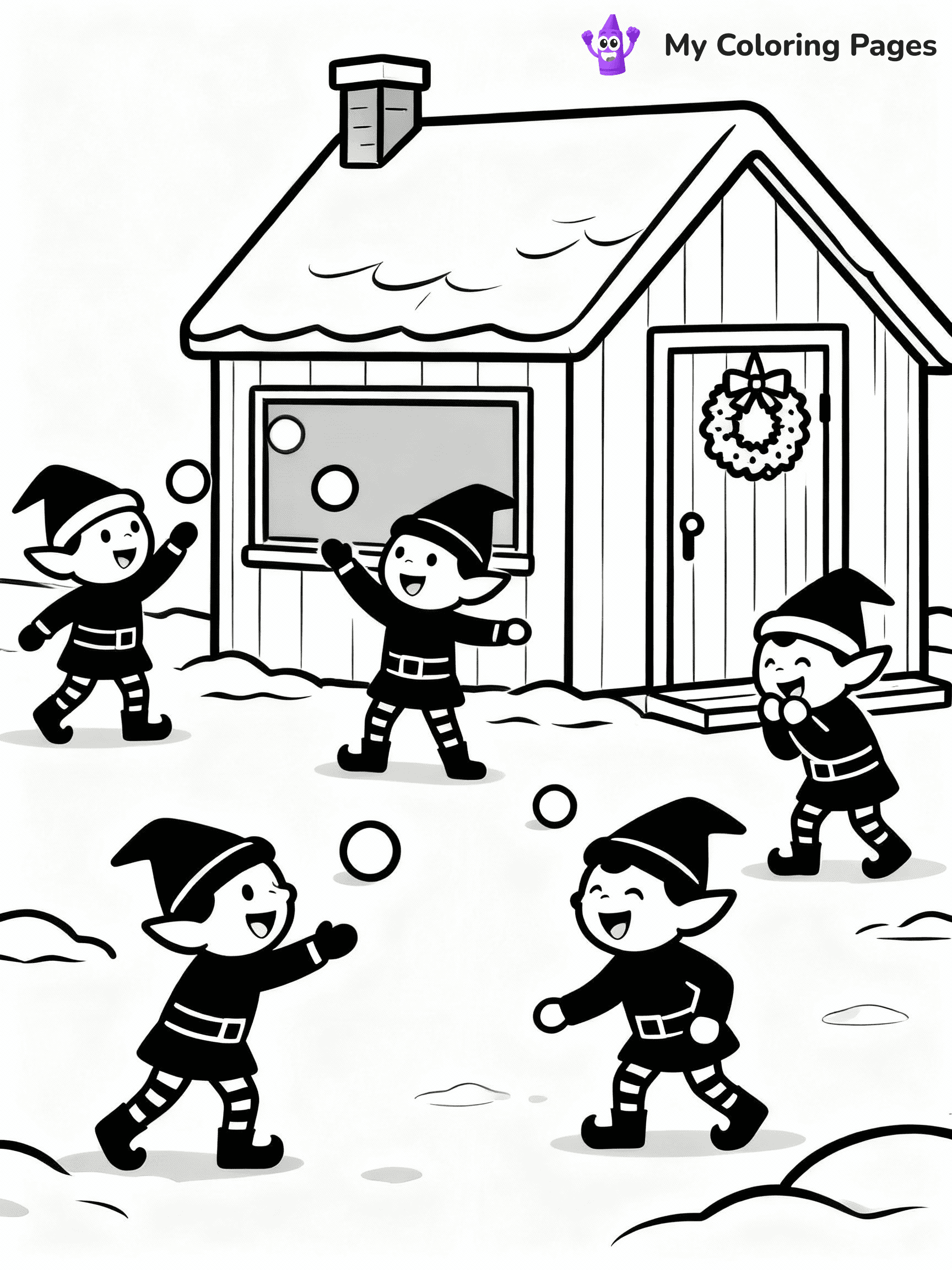 ⚠️ CRITICAL REQUIREMENT - ABSOLUTE BLACK AND WHITE ONLY ⚠️
This MUST be a BLACK AND WHITE line drawing ONLY. NO COLORS whatsoever.
- ONLY pure black lines (#000000) on pure white background (#FFFFFF)
- ABSOLUTELY NO colors, NO shading, NO gradients, NO grayscale
- If there are ANY colors in the output, the image is REJECTED
- This is a COLORING PAGE - meant to be COLORED IN by children
- The output must be UNCOLORED line art ready for coloring
⚠️ SUBJECT TO DRAW: Elves playing in a snowball fight outside the workshop, in Christmas-themed style. PURE OUTLINES. NO FILLS, COLOR, SHADING, OR GREYSCALE. WHITE BACKGROUND.
(REMEMBER: Output must be BLACK AND WHITE line art only, NOT colored!)
# Flat, Friendly Cartoon Line-Art Coloring Page
You are generating a **pure black-and-white binary image** of a child-friendly cartoon scene combining characters and background scenery in one cohesive composition.
## Rendering Rules (Strict)
- Only two colors: pure black (#000000) outlines and pure white (#FFFFFF) background.
- No grayscale, shading, gradients, tints, fills, transparency, or partial pixels.
- No antialiasing or blended edges; every pixel is 100% black or white.
- No solid black fills inside shapes — all areas inside outlines must remain white.
- No dark clothing areas or filled tone blocks; all garments outlined only.
- No shadows, textures, lighting, or tonal variations.
- Must look like flat binary vector line-art for coloring pages.
## Drawing & Composition
- **Medium, consistent line weight**; clean closed outlines easy to color inside.
- **Flat, simple, child-friendly design** — no realism or 3D depth.
- Characters are **grounded on a surface**, centered and large.
- **Balanced composition** with clear silhouettes and minimal props.
## Scenery & Style
- Landmarks (e.g., mosque, CN Tower) and scenery (trees, benches, waves) drawn with **black outlines only.**
- For real-world figures, teams, or places, show accurate details using only black outlines—no text or logos. Use distinctive uniform patterns, abstract symbols, and landmark silhouettes to convey identity.
- Keep **consistent perspective**; no floating elements.
- **Style:** whimsical **Doodle Art Alley** — rounded, friendly outlines.
- May adapt shapes from **Crayola, Disney, Peppa Pig, Cocomelon** — *by shape only, never color.*
- Final output: **flat, crisp, binary (#000000/#FFFFFF)**, **no filled color or background text.**
EXTREMELYE IMPORTANT:
- PURE BINARY LINE-ART; NO FILLS (HAIR/CLOTHES/SKIN), SHADING, OR GREY.
- NO SHADING, COLOR. MUST BE WHITE BACKGROUND.
⚠️ FINAL REMINDER: Draw the subject "Elves playing in a snowball fight outside the workshop, in Christmas-themed style. PURE OUTLINES. NO FILLS, COLOR, SHADING, OR GREYSCALE. WHITE BACKGROUND." as BLACK AND WHITE line art. Zero colors in output.