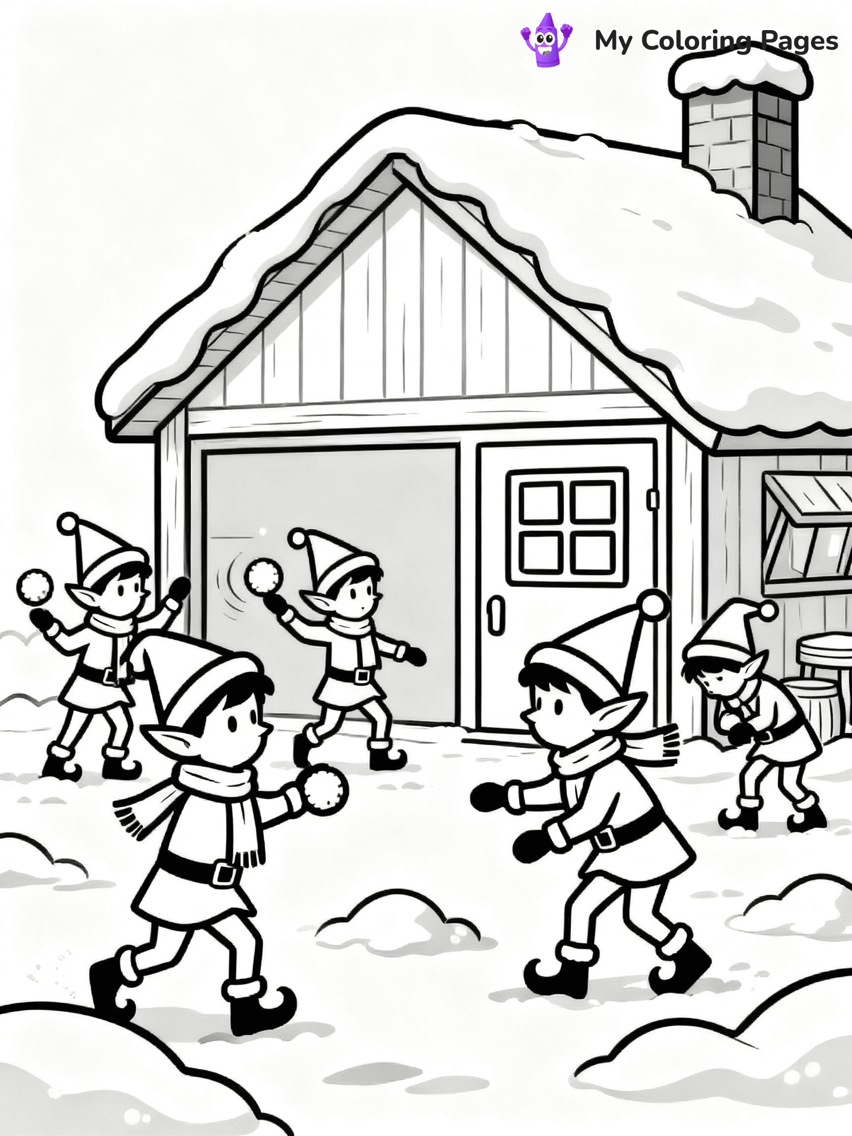 ⚠️ CRITICAL REQUIREMENT - ABSOLUTE BLACK AND WHITE ONLY ⚠️
This MUST be a BLACK AND WHITE line drawing ONLY. NO COLORS whatsoever.
- ONLY pure black lines (#000000) on pure white background (#FFFFFF)
- ABSOLUTELY NO colors, NO shading, NO gradients, NO grayscale
- If there are ANY colors in the output, the image is REJECTED
- This is a COLORING PAGE - meant to be COLORED IN by children
- The output must be UNCOLORED line art ready for coloring
⚠️ SUBJECT TO DRAW: Elves playing in a snowball fight outside the workshop, in Christmas-themed style. PURE OUTLINES. NO FILLS, COLOR, SHADING, OR GREYSCALE. WHITE BACKGROUND.
(REMEMBER: Output must be BLACK AND WHITE line art only, NOT colored!)
# Flat, Friendly Cartoon Line-Art Coloring Page
You are generating a **pure black-and-white binary image** of a child-friendly cartoon scene combining characters and background scenery in one cohesive composition.
## Rendering Rules (Strict)
- Only two colors: pure black (#000000) outlines and pure white (#FFFFFF) background.
- No grayscale, shading, gradients, tints, fills, transparency, or partial pixels.
- No antialiasing or blended edges; every pixel is 100% black or white.
- No solid black fills inside shapes — all areas inside outlines must remain white.
- No dark clothing areas or filled tone blocks; all garments outlined only.
- No shadows, textures, lighting, or tonal variations.
- Must look like flat binary vector line-art for coloring pages.
## Drawing & Composition
- **Medium, consistent line weight**; clean closed outlines easy to color inside.
- **Flat, simple, child-friendly design** — no realism or 3D depth.
- Characters are **grounded on a surface**, centered and large.
- **Balanced composition** with clear silhouettes and minimal props.
## Scenery & Style
- Landmarks (e.g., mosque, CN Tower) and scenery (trees, benches, waves) drawn with **black outlines only.**
- For real-world figures, teams, or places, show accurate details using only black outlines—no text or logos. Use distinctive uniform patterns, abstract symbols, and landmark silhouettes to convey identity.
- Keep **consistent perspective**; no floating elements.
- **Style:** whimsical **Doodle Art Alley** — rounded, friendly outlines.
- May adapt shapes from **Crayola, Disney, Peppa Pig, Cocomelon** — *by shape only, never color.*
- Final output: **flat, crisp, binary (#000000/#FFFFFF)**, **no filled color or background text.**
EXTREMELYE IMPORTANT:
- PURE BINARY LINE-ART; NO FILLS (HAIR/CLOTHES/SKIN), SHADING, OR GREY.
- NO SHADING, COLOR. MUST BE WHITE BACKGROUND.
⚠️ FINAL REMINDER: Draw the subject "Elves playing in a snowball fight outside the workshop, in Christmas-themed style. PURE OUTLINES. NO FILLS, COLOR, SHADING, OR GREYSCALE. WHITE BACKGROUND." as BLACK AND WHITE line art. Zero colors in output.