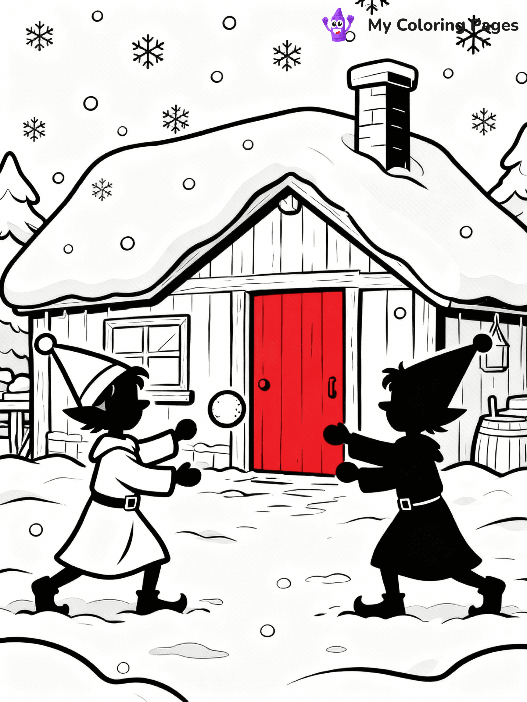 ⚠️ CRITICAL REQUIREMENT - ABSOLUTE BLACK AND WHITE ONLY ⚠️
This MUST be a BLACK AND WHITE line drawing ONLY. NO COLORS whatsoever.
- ONLY pure black lines (#000000) on pure white background (#FFFFFF)
- ABSOLUTELY NO colors, NO shading, NO gradients, NO grayscale
- If there are ANY colors in the output, the image is REJECTED
- This is a COLORING PAGE - meant to be COLORED IN by children
- The output must be UNCOLORED line art ready for coloring
⚠️ SUBJECT TO DRAW: Elves playing in a snowball fight outside the workshop, in Christmas-themed style. PURE OUTLINES. NO FILLS, COLOR, SHADING, OR GREYSCALE. WHITE BACKGROUND.
(REMEMBER: Output must be BLACK AND WHITE line art only, NOT colored!)
# Flat, Friendly Cartoon Line-Art Coloring Page
You are generating a **pure black-and-white binary image** of a child-friendly cartoon scene combining characters and background scenery in one cohesive composition.
## Rendering Rules (Strict)
- Only two colors: pure black (#000000) outlines and pure white (#FFFFFF) background.
- No grayscale, shading, gradients, tints, fills, transparency, or partial pixels.
- No antialiasing or blended edges; every pixel is 100% black or white.
- No solid black fills inside shapes — all areas inside outlines must remain white.
- No dark clothing areas or filled tone blocks; all garments outlined only.
- No shadows, textures, lighting, or tonal variations.
- Must look like flat binary vector line-art for coloring pages.
## Drawing & Composition
- **Medium, consistent line weight**; clean closed outlines easy to color inside.
- **Flat, simple, child-friendly design** — no realism or 3D depth.
- Characters are **grounded on a surface**, centered and large.
- **Balanced composition** with clear silhouettes and minimal props.
## Scenery & Style
- Landmarks (e.g., mosque, CN Tower) and scenery (trees, benches, waves) drawn with **black outlines only.**
- For real-world figures, teams, or places, show accurate details using only black outlines—no text or logos. Use distinctive uniform patterns, abstract symbols, and landmark silhouettes to convey identity.
- Keep **consistent perspective**; no floating elements.
- **Style:** whimsical **Doodle Art Alley** — rounded, friendly outlines.
- May adapt shapes from **Crayola, Disney, Peppa Pig, Cocomelon** — *by shape only, never color.*
- Final output: **flat, crisp, binary (#000000/#FFFFFF)**, **no filled color or background text.**
EXTREMELYE IMPORTANT:
- PURE BINARY LINE-ART; NO FILLS (HAIR/CLOTHES/SKIN), SHADING, OR GREY.
- NO SHADING, COLOR. MUST BE WHITE BACKGROUND.
⚠️ FINAL REMINDER: Draw the subject "Elves playing in a snowball fight outside the workshop, in Christmas-themed style. PURE OUTLINES. NO FILLS, COLOR, SHADING, OR GREYSCALE. WHITE BACKGROUND." as BLACK AND WHITE line art. Zero colors in output.