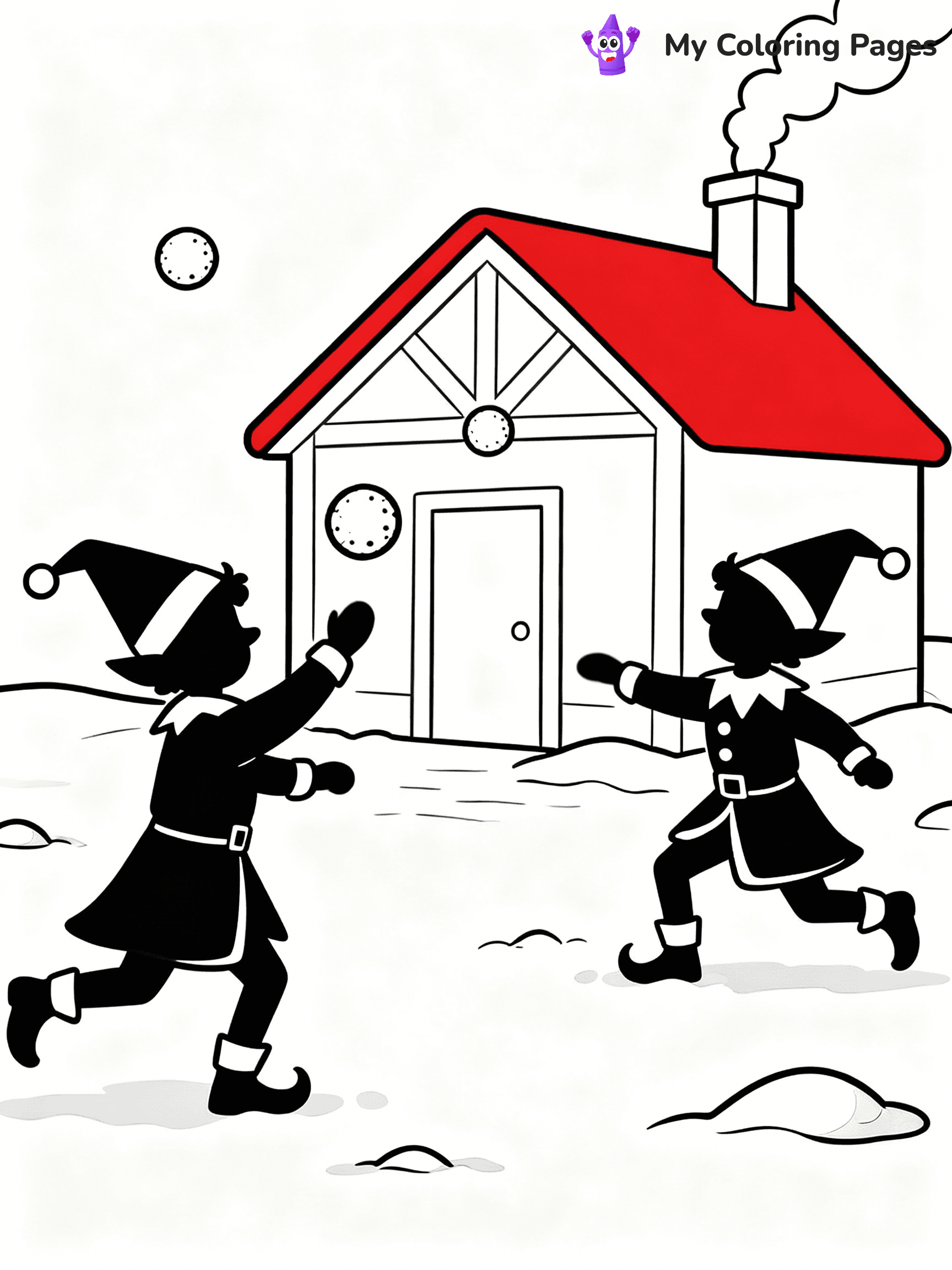 ⚠️ CRITICAL REQUIREMENT - ABSOLUTE BLACK AND WHITE ONLY ⚠️
This MUST be a BLACK AND WHITE line drawing ONLY. NO COLORS whatsoever.
- ONLY pure black lines (#000000) on pure white background (#FFFFFF)
- ABSOLUTELY NO colors, NO shading, NO gradients, NO grayscale
- If there are ANY colors in the output, the image is REJECTED
- This is a COLORING PAGE - meant to be COLORED IN by children
- The output must be UNCOLORED line art ready for coloring
⚠️ SUBJECT TO DRAW: Elves playing in a snowball fight outside the workshop, in Christmas-themed style. PURE OUTLINES. NO FILLS, COLOR, SHADING, OR GREYSCALE. WHITE BACKGROUND.
(REMEMBER: Output must be BLACK AND WHITE line art only, NOT colored!)
# Flat, Friendly Cartoon Line-Art Coloring Page
You are generating a **pure black-and-white binary image** of a child-friendly cartoon scene combining characters and background scenery in one cohesive composition.
## Rendering Rules (Strict)
- Only two colors: pure black (#000000) outlines and pure white (#FFFFFF) background.
- No grayscale, shading, gradients, tints, fills, transparency, or partial pixels.
- No antialiasing or blended edges; every pixel is 100% black or white.
- No solid black fills inside shapes — all areas inside outlines must remain white.
- No dark clothing areas or filled tone blocks; all garments outlined only.
- No shadows, textures, lighting, or tonal variations.
- Must look like flat binary vector line-art for coloring pages.
## Drawing & Composition
- **Medium, consistent line weight**; clean closed outlines easy to color inside.
- **Flat, simple, child-friendly design** — no realism or 3D depth.
- Characters are **grounded on a surface**, centered and large.
- **Balanced composition** with clear silhouettes and minimal props.
## Scenery & Style
- Landmarks (e.g., mosque, CN Tower) and scenery (trees, benches, waves) drawn with **black outlines only.**
- For real-world figures, teams, or places, show accurate details using only black outlines—no text or logos. Use distinctive uniform patterns, abstract symbols, and landmark silhouettes to convey identity.
- Keep **consistent perspective**; no floating elements.
- **Style:** whimsical **Doodle Art Alley** — rounded, friendly outlines.
- May adapt shapes from **Crayola, Disney, Peppa Pig, Cocomelon** — *by shape only, never color.*
- Final output: **flat, crisp, binary (#000000/#FFFFFF)**, **no filled color or background text.**
EXTREMELYE IMPORTANT:
- PURE BINARY LINE-ART; NO FILLS (HAIR/CLOTHES/SKIN), SHADING, OR GREY.
- NO SHADING, COLOR. MUST BE WHITE BACKGROUND.
⚠️ FINAL REMINDER: Draw the subject "Elves playing in a snowball fight outside the workshop, in Christmas-themed style. PURE OUTLINES. NO FILLS, COLOR, SHADING, OR GREYSCALE. WHITE BACKGROUND." as BLACK AND WHITE line art. Zero colors in output.