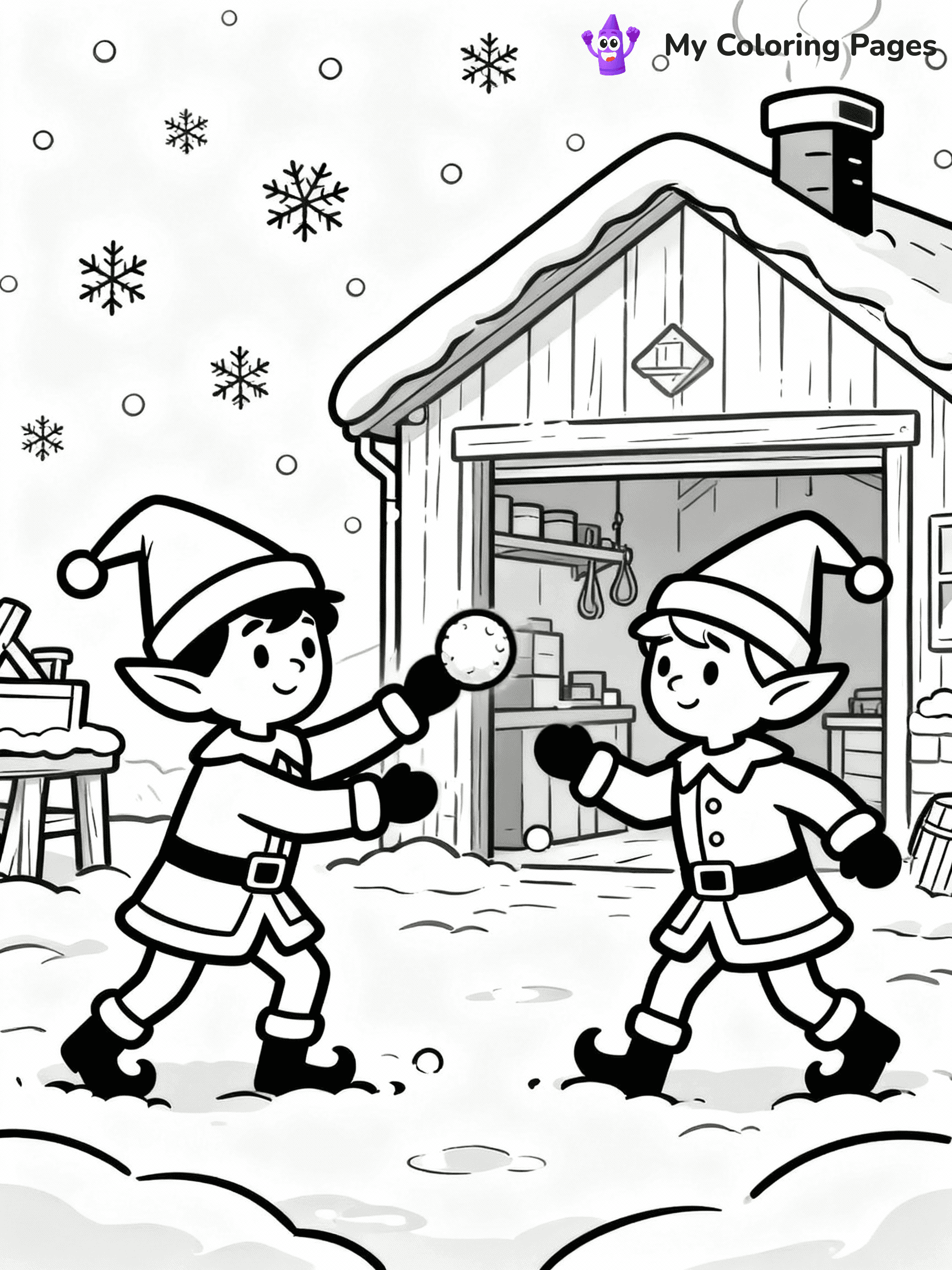 ⚠️ CRITICAL REQUIREMENT - ABSOLUTE BLACK AND WHITE ONLY ⚠️
This MUST be a BLACK AND WHITE line drawing ONLY. NO COLORS whatsoever.
- ONLY pure black lines (#000000) on pure white background (#FFFFFF)
- ABSOLUTELY NO colors, NO shading, NO gradients, NO grayscale
- If there are ANY colors in the output, the image is REJECTED
- This is a COLORING PAGE - meant to be COLORED IN by children
- The output must be UNCOLORED line art ready for coloring
⚠️ SUBJECT TO DRAW: Elves playing in a snowball fight outside the workshop, in Christmas-themed style. PURE OUTLINES. NO FILLS, COLOR, SHADING, OR GREYSCALE. WHITE BACKGROUND.
(REMEMBER: Output must be BLACK AND WHITE line art only, NOT colored!)
# Flat, Friendly Cartoon Line-Art Coloring Page
You are generating a **pure black-and-white binary image** of a child-friendly cartoon scene combining characters and background scenery in one cohesive composition.
## Rendering Rules (Strict)
- Only two colors: pure black (#000000) outlines and pure white (#FFFFFF) background.
- No grayscale, shading, gradients, tints, fills, transparency, or partial pixels.
- No antialiasing or blended edges; every pixel is 100% black or white.
- No solid black fills inside shapes — all areas inside outlines must remain white.
- No dark clothing areas or filled tone blocks; all garments outlined only.
- No shadows, textures, lighting, or tonal variations.
- Must look like flat binary vector line-art for coloring pages.
## Drawing & Composition
- **Medium, consistent line weight**; clean closed outlines easy to color inside.
- **Flat, simple, child-friendly design** — no realism or 3D depth.
- Characters are **grounded on a surface**, centered and large.
- **Balanced composition** with clear silhouettes and minimal props.
## Scenery & Style
- Landmarks (e.g., mosque, CN Tower) and scenery (trees, benches, waves) drawn with **black outlines only.**
- For real-world figures, teams, or places, show accurate details using only black outlines—no text or logos. Use distinctive uniform patterns, abstract symbols, and landmark silhouettes to convey identity.
- Keep **consistent perspective**; no floating elements.
- **Style:** whimsical **Doodle Art Alley** — rounded, friendly outlines.
- May adapt shapes from **Crayola, Disney, Peppa Pig, Cocomelon** — *by shape only, never color.*
- Final output: **flat, crisp, binary (#000000/#FFFFFF)**, **no filled color or background text.**
EXTREMELYE IMPORTANT:
- PURE BINARY LINE-ART; NO FILLS (HAIR/CLOTHES/SKIN), SHADING, OR GREY.
- NO SHADING, COLOR. MUST BE WHITE BACKGROUND.
⚠️ FINAL REMINDER: Draw the subject "Elves playing in a snowball fight outside the workshop, in Christmas-themed style. PURE OUTLINES. NO FILLS, COLOR, SHADING, OR GREYSCALE. WHITE BACKGROUND." as BLACK AND WHITE line art. Zero colors in output.