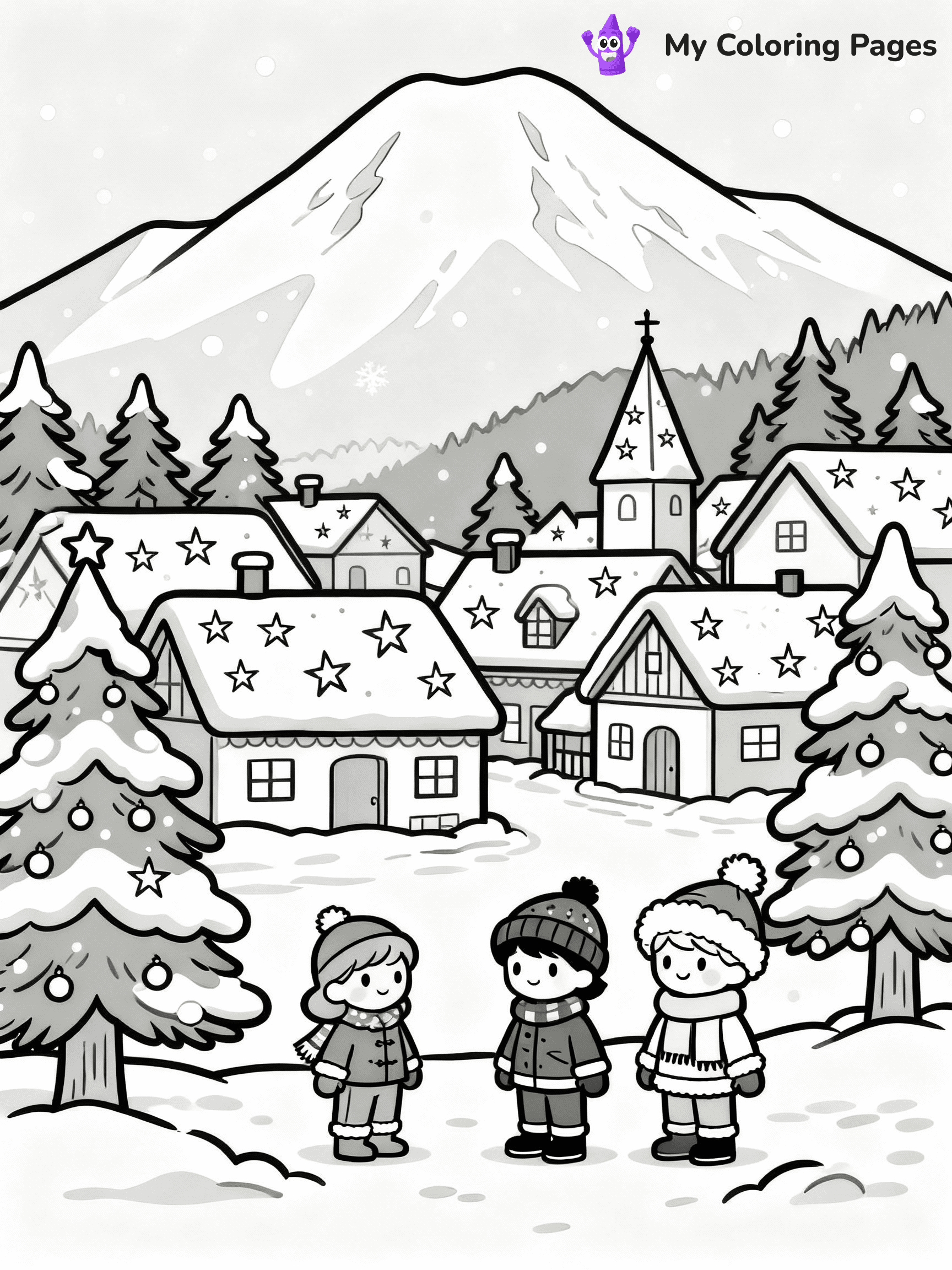 ⚠️ CRITICAL REQUIREMENT - ABSOLUTE BLACK AND WHITE ONLY ⚠️
This MUST be a BLACK AND WHITE line drawing ONLY. NO COLORS whatsoever.
- ONLY pure black lines (#000000) on pure white background (#FFFFFF)
- ABSOLUTELY NO colors, NO shading, NO gradients, NO grayscale
- If there are ANY colors in the output, the image is REJECTED
- This is a COLORING PAGE - meant to be COLORED IN by children
- The output must be UNCOLORED line art ready for coloring
⚠️ SUBJECT TO DRAW: A snowy mountain village with twinkling rooftops, in Christmas-themed style. PURE OUTLINES. NO FILLS, COLOR, SHADING, OR GREYSCALE. WHITE BACKGROUND.
(REMEMBER: Output must be BLACK AND WHITE line art only, NOT colored!)
# Flat, Friendly Cartoon Line-Art Coloring Page
You are generating a **pure black-and-white binary image** of a child-friendly cartoon scene combining characters and background scenery in one cohesive composition.
## Rendering Rules (Strict)
- Only two colors: pure black (#000000) outlines and pure white (#FFFFFF) background.
- No grayscale, shading, gradients, tints, fills, transparency, or partial pixels.
- No antialiasing or blended edges; every pixel is 100% black or white.
- No solid black fills inside shapes — all areas inside outlines must remain white.
- No dark clothing areas or filled tone blocks; all garments outlined only.
- No shadows, textures, lighting, or tonal variations.
- Must look like flat binary vector line-art for coloring pages.
## Drawing & Composition
- **Medium, consistent line weight**; clean closed outlines easy to color inside.
- **Flat, simple, child-friendly design** — no realism or 3D depth.
- Characters are **grounded on a surface**, centered and large.
- **Balanced composition** with clear silhouettes and minimal props.
## Scenery & Style
- Landmarks (e.g., mosque, CN Tower) and scenery (trees, benches, waves) drawn with **black outlines only.**
- For real-world figures, teams, or places, show accurate details using only black outlines—no text or logos. Use distinctive uniform patterns, abstract symbols, and landmark silhouettes to convey identity.
- Keep **consistent perspective**; no floating elements.
- **Style:** whimsical **Doodle Art Alley** — rounded, friendly outlines.
- May adapt shapes from **Crayola, Disney, Peppa Pig, Cocomelon** — *by shape only, never color.*
- Final output: **flat, crisp, binary (#000000/#FFFFFF)**, **no filled color or background text.**
EXTREMELYE IMPORTANT:
- PURE BINARY LINE-ART; NO FILLS (HAIR/CLOTHES/SKIN), SHADING, OR GREY.
- NO SHADING, COLOR. MUST BE WHITE BACKGROUND.
⚠️ FINAL REMINDER: Draw the subject "A snowy mountain village with twinkling rooftops, in Christmas-themed style. PURE OUTLINES. NO FILLS, COLOR, SHADING, OR GREYSCALE. WHITE BACKGROUND." as BLACK AND WHITE line art. Zero colors in output.