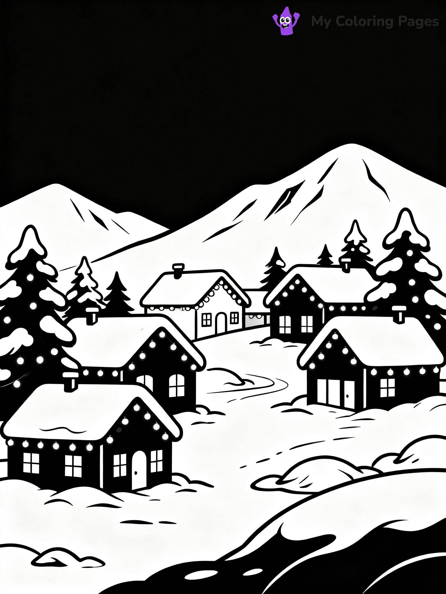 ⚠️ CRITICAL REQUIREMENT - ABSOLUTE BLACK AND WHITE ONLY ⚠️
This MUST be a BLACK AND WHITE line drawing ONLY. NO COLORS whatsoever.
- ONLY pure black lines (#000000) on pure white background (#FFFFFF)
- ABSOLUTELY NO colors, NO shading, NO gradients, NO grayscale
- If there are ANY colors in the output, the image is REJECTED
- This is a COLORING PAGE - meant to be COLORED IN by children
- The output must be UNCOLORED line art ready for coloring
⚠️ SUBJECT TO DRAW: A snowy mountain village with twinkling rooftops, in Christmas-themed style. PURE OUTLINES. NO FILLS, COLOR, SHADING, OR GREYSCALE. WHITE BACKGROUND.
(REMEMBER: Output must be BLACK AND WHITE line art only, NOT colored!)
# Flat, Friendly Cartoon Line-Art Coloring Page
You are generating a **pure black-and-white binary image** of a child-friendly cartoon scene combining characters and background scenery in one cohesive composition.
## Rendering Rules (Strict)
- Only two colors: pure black (#000000) outlines and pure white (#FFFFFF) background.
- No grayscale, shading, gradients, tints, fills, transparency, or partial pixels.
- No antialiasing or blended edges; every pixel is 100% black or white.
- No solid black fills inside shapes — all areas inside outlines must remain white.
- No dark clothing areas or filled tone blocks; all garments outlined only.
- No shadows, textures, lighting, or tonal variations.
- Must look like flat binary vector line-art for coloring pages.
## Drawing & Composition
- **Medium, consistent line weight**; clean closed outlines easy to color inside.
- **Flat, simple, child-friendly design** — no realism or 3D depth.
- Characters are **grounded on a surface**, centered and large.
- **Balanced composition** with clear silhouettes and minimal props.
## Scenery & Style
- Landmarks (e.g., mosque, CN Tower) and scenery (trees, benches, waves) drawn with **black outlines only.**
- For real-world figures, teams, or places, show accurate details using only black outlines—no text or logos. Use distinctive uniform patterns, abstract symbols, and landmark silhouettes to convey identity.
- Keep **consistent perspective**; no floating elements.
- **Style:** whimsical **Doodle Art Alley** — rounded, friendly outlines.
- May adapt shapes from **Crayola, Disney, Peppa Pig, Cocomelon** — *by shape only, never color.*
- Final output: **flat, crisp, binary (#000000/#FFFFFF)**, **no filled color or background text.**
EXTREMELYE IMPORTANT:
- PURE BINARY LINE-ART; NO FILLS (HAIR/CLOTHES/SKIN), SHADING, OR GREY.
- NO SHADING, COLOR. MUST BE WHITE BACKGROUND.
⚠️ FINAL REMINDER: Draw the subject "A snowy mountain village with twinkling rooftops, in Christmas-themed style. PURE OUTLINES. NO FILLS, COLOR, SHADING, OR GREYSCALE. WHITE BACKGROUND." as BLACK AND WHITE line art. Zero colors in output.