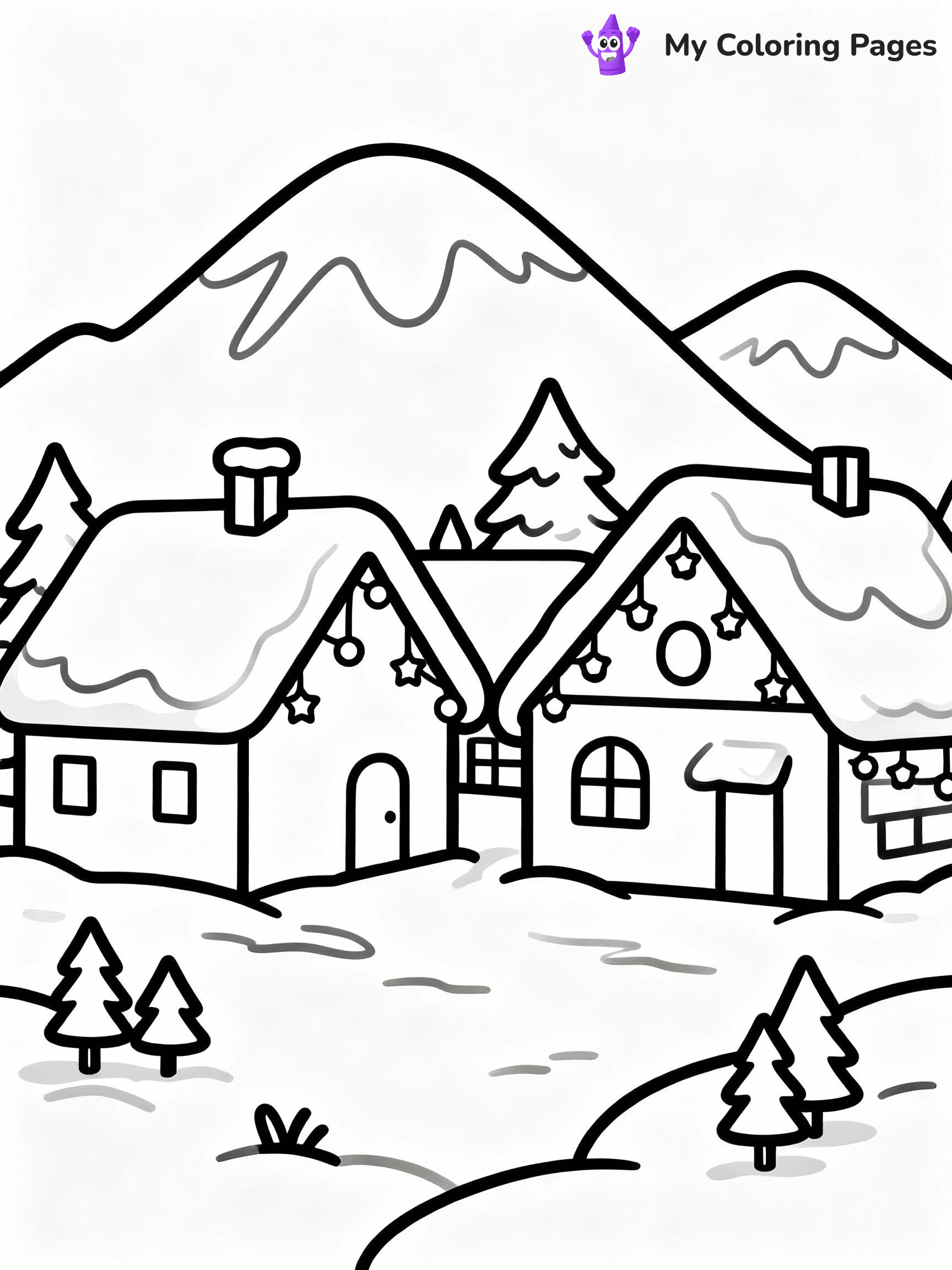 ⚠️ CRITICAL REQUIREMENT - ABSOLUTE BLACK AND WHITE ONLY ⚠️
This MUST be a BLACK AND WHITE line drawing ONLY. NO COLORS whatsoever.
- ONLY pure black lines (#000000) on pure white background (#FFFFFF)
- ABSOLUTELY NO colors, NO shading, NO gradients, NO grayscale
- If there are ANY colors in the output, the image is REJECTED
- This is a COLORING PAGE - meant to be COLORED IN by children
- The output must be UNCOLORED line art ready for coloring
⚠️ SUBJECT TO DRAW: A snowy mountain village with twinkling rooftops, in Christmas-themed style. PURE OUTLINES. NO FILLS, COLOR, SHADING, OR GREYSCALE. WHITE BACKGROUND.
(REMEMBER: Output must be BLACK AND WHITE line art only, NOT colored!)
# Flat, Friendly Cartoon Line-Art Coloring Page
You are generating a **pure black-and-white binary image** of a child-friendly cartoon scene combining characters and background scenery in one cohesive composition.
## Rendering Rules (Strict)
- Only two colors: pure black (#000000) outlines and pure white (#FFFFFF) background.
- No grayscale, shading, gradients, tints, fills, transparency, or partial pixels.
- No antialiasing or blended edges; every pixel is 100% black or white.
- No solid black fills inside shapes — all areas inside outlines must remain white.
- No dark clothing areas or filled tone blocks; all garments outlined only.
- No shadows, textures, lighting, or tonal variations.
- Must look like flat binary vector line-art for coloring pages.
## Drawing & Composition
- **Medium, consistent line weight**; clean closed outlines easy to color inside.
- **Flat, simple, child-friendly design** — no realism or 3D depth.
- Characters are **grounded on a surface**, centered and large.
- **Balanced composition** with clear silhouettes and minimal props.
## Scenery & Style
- Landmarks (e.g., mosque, CN Tower) and scenery (trees, benches, waves) drawn with **black outlines only.**
- For real-world figures, teams, or places, show accurate details using only black outlines—no text or logos. Use distinctive uniform patterns, abstract symbols, and landmark silhouettes to convey identity.
- Keep **consistent perspective**; no floating elements.
- **Style:** whimsical **Doodle Art Alley** — rounded, friendly outlines.
- May adapt shapes from **Crayola, Disney, Peppa Pig, Cocomelon** — *by shape only, never color.*
- Final output: **flat, crisp, binary (#000000/#FFFFFF)**, **no filled color or background text.**
EXTREMELYE IMPORTANT:
- PURE BINARY LINE-ART; NO FILLS (HAIR/CLOTHES/SKIN), SHADING, OR GREY.
- NO SHADING, COLOR. MUST BE WHITE BACKGROUND.
⚠️ FINAL REMINDER: Draw the subject "A snowy mountain village with twinkling rooftops, in Christmas-themed style. PURE OUTLINES. NO FILLS, COLOR, SHADING, OR GREYSCALE. WHITE BACKGROUND." as BLACK AND WHITE line art. Zero colors in output.