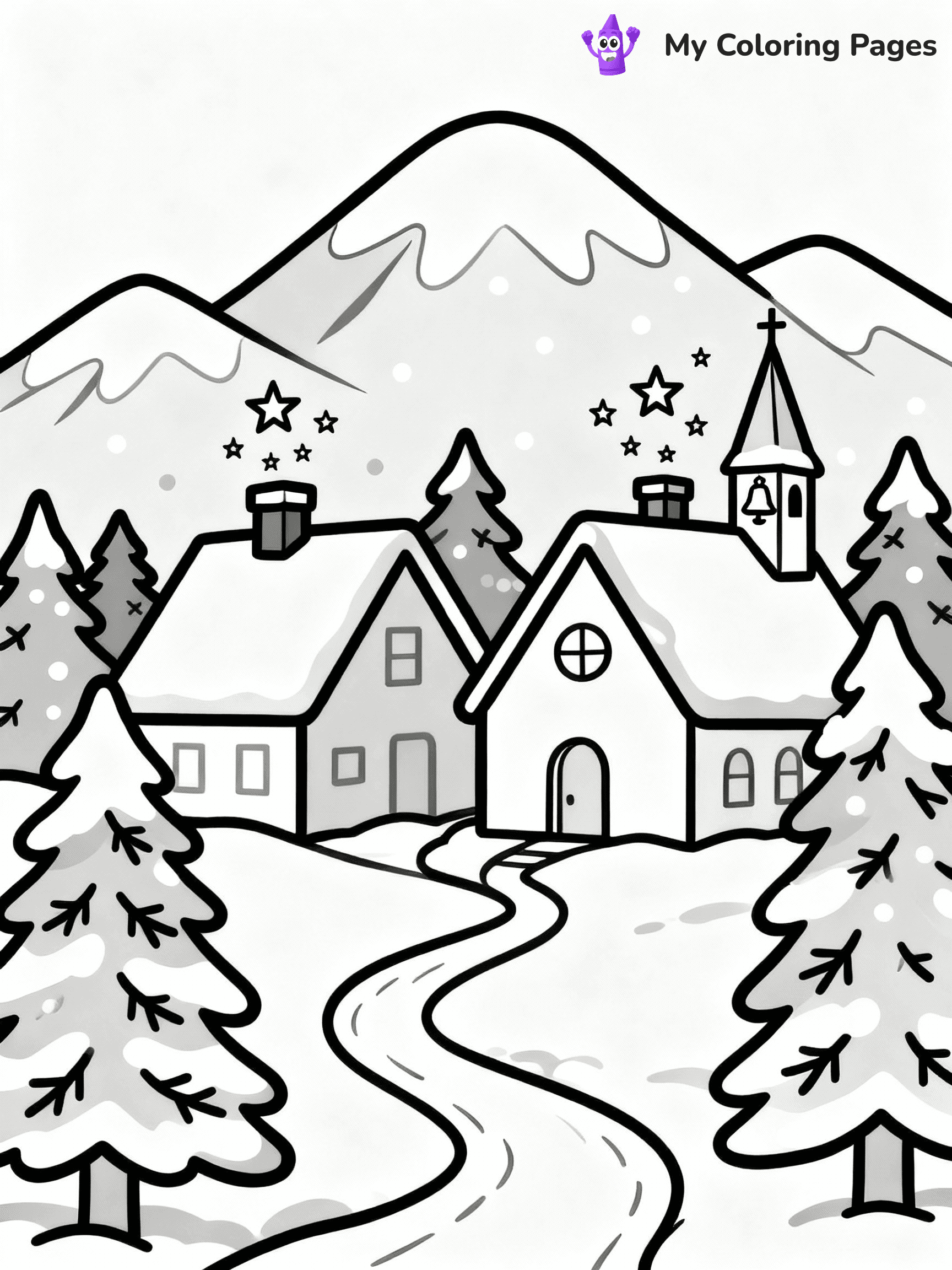 ⚠️ CRITICAL REQUIREMENT - ABSOLUTE BLACK AND WHITE ONLY ⚠️
This MUST be a BLACK AND WHITE line drawing ONLY. NO COLORS whatsoever.
- ONLY pure black lines (#000000) on pure white background (#FFFFFF)
- ABSOLUTELY NO colors, NO shading, NO gradients, NO grayscale
- If there are ANY colors in the output, the image is REJECTED
- This is a COLORING PAGE - meant to be COLORED IN by children
- The output must be UNCOLORED line art ready for coloring
⚠️ SUBJECT TO DRAW: A snowy mountain village with twinkling rooftops, in Christmas-themed style. PURE OUTLINES. NO FILLS, COLOR, SHADING, OR GREYSCALE. WHITE BACKGROUND.
(REMEMBER: Output must be BLACK AND WHITE line art only, NOT colored!)
# Flat, Friendly Cartoon Line-Art Coloring Page
You are generating a **pure black-and-white binary image** of a child-friendly cartoon scene combining characters and background scenery in one cohesive composition.
## Rendering Rules (Strict)
- Only two colors: pure black (#000000) outlines and pure white (#FFFFFF) background.
- No grayscale, shading, gradients, tints, fills, transparency, or partial pixels.
- No antialiasing or blended edges; every pixel is 100% black or white.
- No solid black fills inside shapes — all areas inside outlines must remain white.
- No dark clothing areas or filled tone blocks; all garments outlined only.
- No shadows, textures, lighting, or tonal variations.
- Must look like flat binary vector line-art for coloring pages.
## Drawing & Composition
- **Medium, consistent line weight**; clean closed outlines easy to color inside.
- **Flat, simple, child-friendly design** — no realism or 3D depth.
- Characters are **grounded on a surface**, centered and large.
- **Balanced composition** with clear silhouettes and minimal props.
## Scenery & Style
- Landmarks (e.g., mosque, CN Tower) and scenery (trees, benches, waves) drawn with **black outlines only.**
- For real-world figures, teams, or places, show accurate details using only black outlines—no text or logos. Use distinctive uniform patterns, abstract symbols, and landmark silhouettes to convey identity.
- Keep **consistent perspective**; no floating elements.
- **Style:** whimsical **Doodle Art Alley** — rounded, friendly outlines.
- May adapt shapes from **Crayola, Disney, Peppa Pig, Cocomelon** — *by shape only, never color.*
- Final output: **flat, crisp, binary (#000000/#FFFFFF)**, **no filled color or background text.**
EXTREMELYE IMPORTANT:
- PURE BINARY LINE-ART; NO FILLS (HAIR/CLOTHES/SKIN), SHADING, OR GREY.
- NO SHADING, COLOR. MUST BE WHITE BACKGROUND.
⚠️ FINAL REMINDER: Draw the subject "A snowy mountain village with twinkling rooftops, in Christmas-themed style. PURE OUTLINES. NO FILLS, COLOR, SHADING, OR GREYSCALE. WHITE BACKGROUND." as BLACK AND WHITE line art. Zero colors in output.