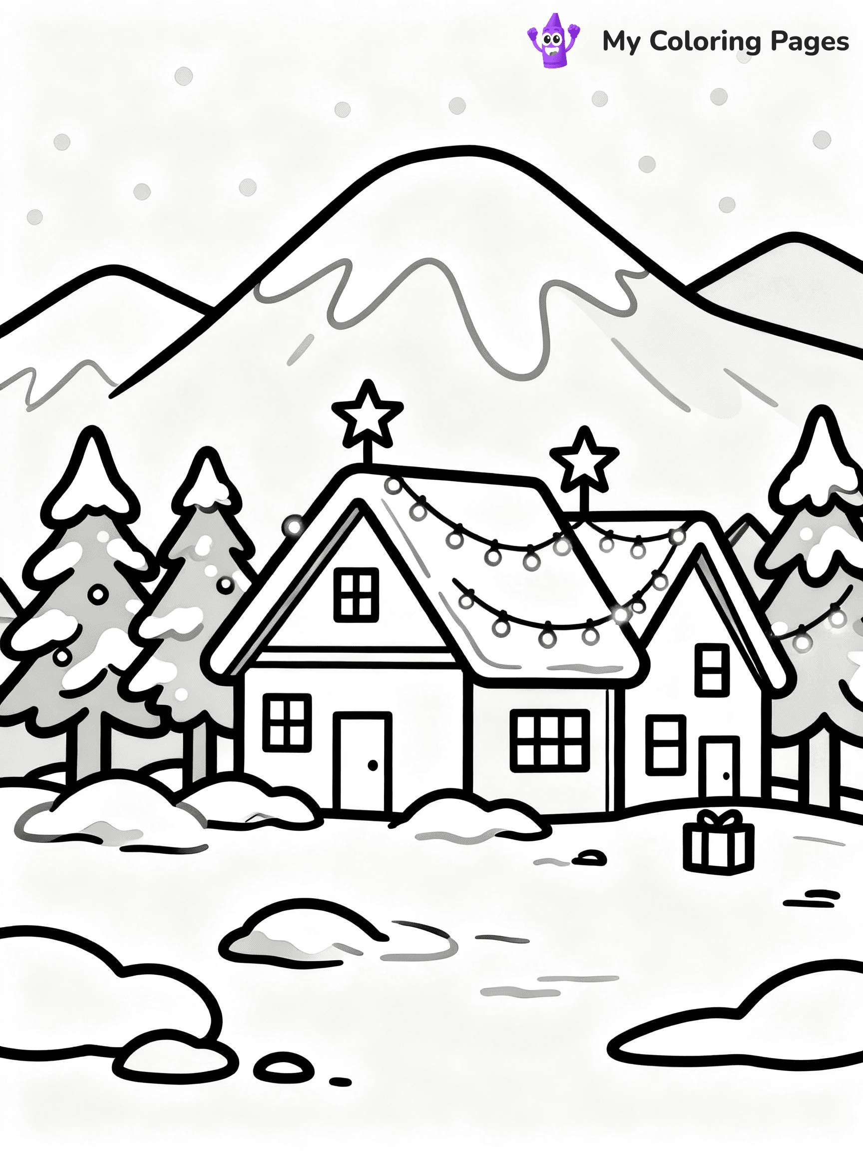 ⚠️ CRITICAL REQUIREMENT - ABSOLUTE BLACK AND WHITE ONLY ⚠️
This MUST be a BLACK AND WHITE line drawing ONLY. NO COLORS whatsoever.
- ONLY pure black lines (#000000) on pure white background (#FFFFFF)
- ABSOLUTELY NO colors, NO shading, NO gradients, NO grayscale
- If there are ANY colors in the output, the image is REJECTED
- This is a COLORING PAGE - meant to be COLORED IN by children
- The output must be UNCOLORED line art ready for coloring
⚠️ SUBJECT TO DRAW: A snowy mountain village with twinkling rooftops, in Christmas-themed style. PURE OUTLINES. NO FILLS, COLOR, SHADING, OR GREYSCALE. WHITE BACKGROUND.
(REMEMBER: Output must be BLACK AND WHITE line art only, NOT colored!)
# Flat, Friendly Cartoon Line-Art Coloring Page
You are generating a **pure black-and-white binary image** of a child-friendly cartoon scene combining characters and background scenery in one cohesive composition.
## Rendering Rules (Strict)
- Only two colors: pure black (#000000) outlines and pure white (#FFFFFF) background.
- No grayscale, shading, gradients, tints, fills, transparency, or partial pixels.
- No antialiasing or blended edges; every pixel is 100% black or white.
- No solid black fills inside shapes — all areas inside outlines must remain white.
- No dark clothing areas or filled tone blocks; all garments outlined only.
- No shadows, textures, lighting, or tonal variations.
- Must look like flat binary vector line-art for coloring pages.
## Drawing & Composition
- **Medium, consistent line weight**; clean closed outlines easy to color inside.
- **Flat, simple, child-friendly design** — no realism or 3D depth.
- Characters are **grounded on a surface**, centered and large.
- **Balanced composition** with clear silhouettes and minimal props.
## Scenery & Style
- Landmarks (e.g., mosque, CN Tower) and scenery (trees, benches, waves) drawn with **black outlines only.**
- For real-world figures, teams, or places, show accurate details using only black outlines—no text or logos. Use distinctive uniform patterns, abstract symbols, and landmark silhouettes to convey identity.
- Keep **consistent perspective**; no floating elements.
- **Style:** whimsical **Doodle Art Alley** — rounded, friendly outlines.
- May adapt shapes from **Crayola, Disney, Peppa Pig, Cocomelon** — *by shape only, never color.*
- Final output: **flat, crisp, binary (#000000/#FFFFFF)**, **no filled color or background text.**
EXTREMELYE IMPORTANT:
- PURE BINARY LINE-ART; NO FILLS (HAIR/CLOTHES/SKIN), SHADING, OR GREY.
- NO SHADING, COLOR. MUST BE WHITE BACKGROUND.
⚠️ FINAL REMINDER: Draw the subject "A snowy mountain village with twinkling rooftops, in Christmas-themed style. PURE OUTLINES. NO FILLS, COLOR, SHADING, OR GREYSCALE. WHITE BACKGROUND." as BLACK AND WHITE line art. Zero colors in output.