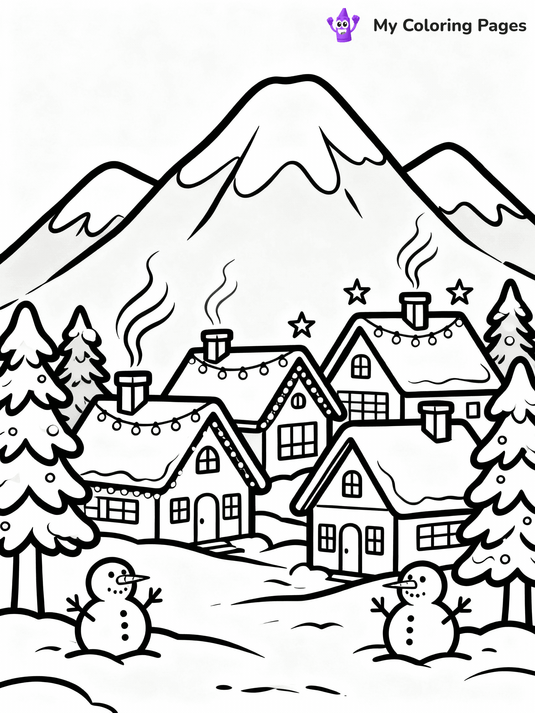 ⚠️ CRITICAL REQUIREMENT - ABSOLUTE BLACK AND WHITE ONLY ⚠️
This MUST be a BLACK AND WHITE line drawing ONLY. NO COLORS whatsoever.
- ONLY pure black lines (#000000) on pure white background (#FFFFFF)
- ABSOLUTELY NO colors, NO shading, NO gradients, NO grayscale
- If there are ANY colors in the output, the image is REJECTED
- This is a COLORING PAGE - meant to be COLORED IN by children
- The output must be UNCOLORED line art ready for coloring
⚠️ SUBJECT TO DRAW: A snowy mountain village with twinkling rooftops, in Christmas-themed style. PURE OUTLINES. NO FILLS, COLOR, SHADING, OR GREYSCALE. WHITE BACKGROUND.
(REMEMBER: Output must be BLACK AND WHITE line art only, NOT colored!)
# Flat, Friendly Cartoon Line-Art Coloring Page
You are generating a **pure black-and-white binary image** of a child-friendly cartoon scene combining characters and background scenery in one cohesive composition.
## Rendering Rules (Strict)
- Only two colors: pure black (#000000) outlines and pure white (#FFFFFF) background.
- No grayscale, shading, gradients, tints, fills, transparency, or partial pixels.
- No antialiasing or blended edges; every pixel is 100% black or white.
- No solid black fills inside shapes — all areas inside outlines must remain white.
- No dark clothing areas or filled tone blocks; all garments outlined only.
- No shadows, textures, lighting, or tonal variations.
- Must look like flat binary vector line-art for coloring pages.
## Drawing & Composition
- **Medium, consistent line weight**; clean closed outlines easy to color inside.
- **Flat, simple, child-friendly design** — no realism or 3D depth.
- Characters are **grounded on a surface**, centered and large.
- **Balanced composition** with clear silhouettes and minimal props.
## Scenery & Style
- Landmarks (e.g., mosque, CN Tower) and scenery (trees, benches, waves) drawn with **black outlines only.**
- For real-world figures, teams, or places, show accurate details using only black outlines—no text or logos. Use distinctive uniform patterns, abstract symbols, and landmark silhouettes to convey identity.
- Keep **consistent perspective**; no floating elements.
- **Style:** whimsical **Doodle Art Alley** — rounded, friendly outlines.
- May adapt shapes from **Crayola, Disney, Peppa Pig, Cocomelon** — *by shape only, never color.*
- Final output: **flat, crisp, binary (#000000/#FFFFFF)**, **no filled color or background text.**
EXTREMELYE IMPORTANT:
- PURE BINARY LINE-ART; NO FILLS (HAIR/CLOTHES/SKIN), SHADING, OR GREY.
- NO SHADING, COLOR. MUST BE WHITE BACKGROUND.
⚠️ FINAL REMINDER: Draw the subject "A snowy mountain village with twinkling rooftops, in Christmas-themed style. PURE OUTLINES. NO FILLS, COLOR, SHADING, OR GREYSCALE. WHITE BACKGROUND." as BLACK AND WHITE line art. Zero colors in output.