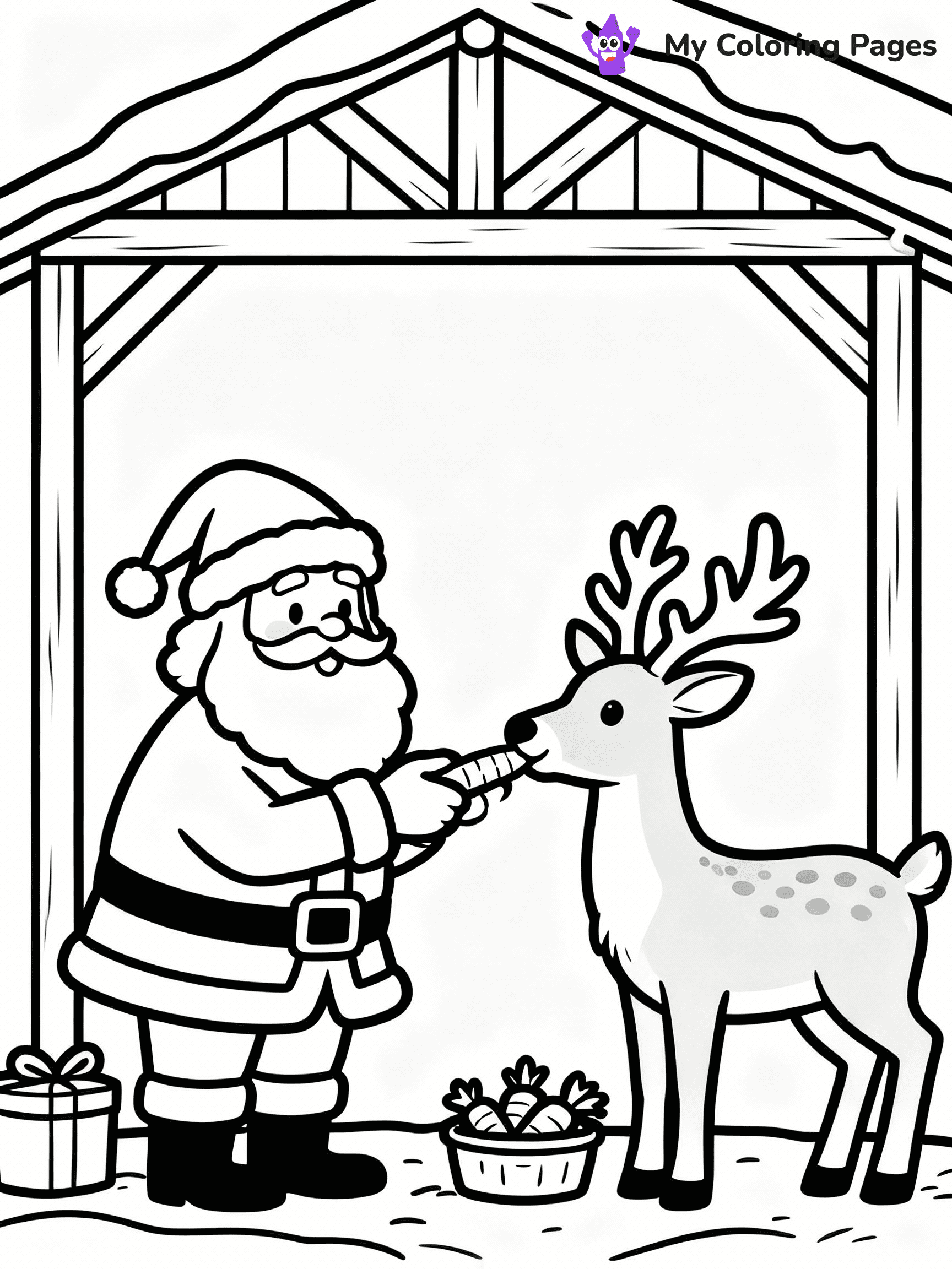 ⚠️ CRITICAL REQUIREMENT - ABSOLUTE BLACK AND WHITE ONLY ⚠️
This MUST be a BLACK AND WHITE line drawing ONLY. NO COLORS whatsoever.
- ONLY pure black lines (#000000) on pure white background (#FFFFFF)
- ABSOLUTELY NO colors, NO shading, NO gradients, NO grayscale
- If there are ANY colors in the output, the image is REJECTED
- This is a COLORING PAGE - meant to be COLORED IN by children
- The output must be UNCOLORED line art ready for coloring
⚠️ SUBJECT TO DRAW: Santa feeding carrots to his reindeer in a stable, in Christmas-themed style. PURE OUTLINES. NO FILLS, COLOR, SHADING, OR GREYSCALE. WHITE BACKGROUND.
(REMEMBER: Output must be BLACK AND WHITE line art only, NOT colored!)
# Flat, Friendly Cartoon Line-Art Coloring Page
You are generating a **pure black-and-white binary image** of a child-friendly cartoon scene combining characters and background scenery in one cohesive composition.
## Rendering Rules (Strict)
- Only two colors: pure black (#000000) outlines and pure white (#FFFFFF) background.
- No grayscale, shading, gradients, tints, fills, transparency, or partial pixels.
- No antialiasing or blended edges; every pixel is 100% black or white.
- No solid black fills inside shapes — all areas inside outlines must remain white.
- No dark clothing areas or filled tone blocks; all garments outlined only.
- No shadows, textures, lighting, or tonal variations.
- Must look like flat binary vector line-art for coloring pages.
## Drawing & Composition
- **Medium, consistent line weight**; clean closed outlines easy to color inside.
- **Flat, simple, child-friendly design** — no realism or 3D depth.
- Characters are **grounded on a surface**, centered and large.
- **Balanced composition** with clear silhouettes and minimal props.
## Scenery & Style
- Landmarks (e.g., mosque, CN Tower) and scenery (trees, benches, waves) drawn with **black outlines only.**
- For real-world figures, teams, or places, show accurate details using only black outlines—no text or logos. Use distinctive uniform patterns, abstract symbols, and landmark silhouettes to convey identity.
- Keep **consistent perspective**; no floating elements.
- **Style:** whimsical **Doodle Art Alley** — rounded, friendly outlines.
- May adapt shapes from **Crayola, Disney, Peppa Pig, Cocomelon** — *by shape only, never color.*
- Final output: **flat, crisp, binary (#000000/#FFFFFF)**, **no filled color or background text.**
EXTREMELYE IMPORTANT:
- PURE BINARY LINE-ART; NO FILLS (HAIR/CLOTHES/SKIN), SHADING, OR GREY.
- NO SHADING, COLOR. MUST BE WHITE BACKGROUND.
⚠️ FINAL REMINDER: Draw the subject "Santa feeding carrots to his reindeer in a stable, in Christmas-themed style. PURE OUTLINES. NO FILLS, COLOR, SHADING, OR GREYSCALE. WHITE BACKGROUND." as BLACK AND WHITE line art. Zero colors in output.