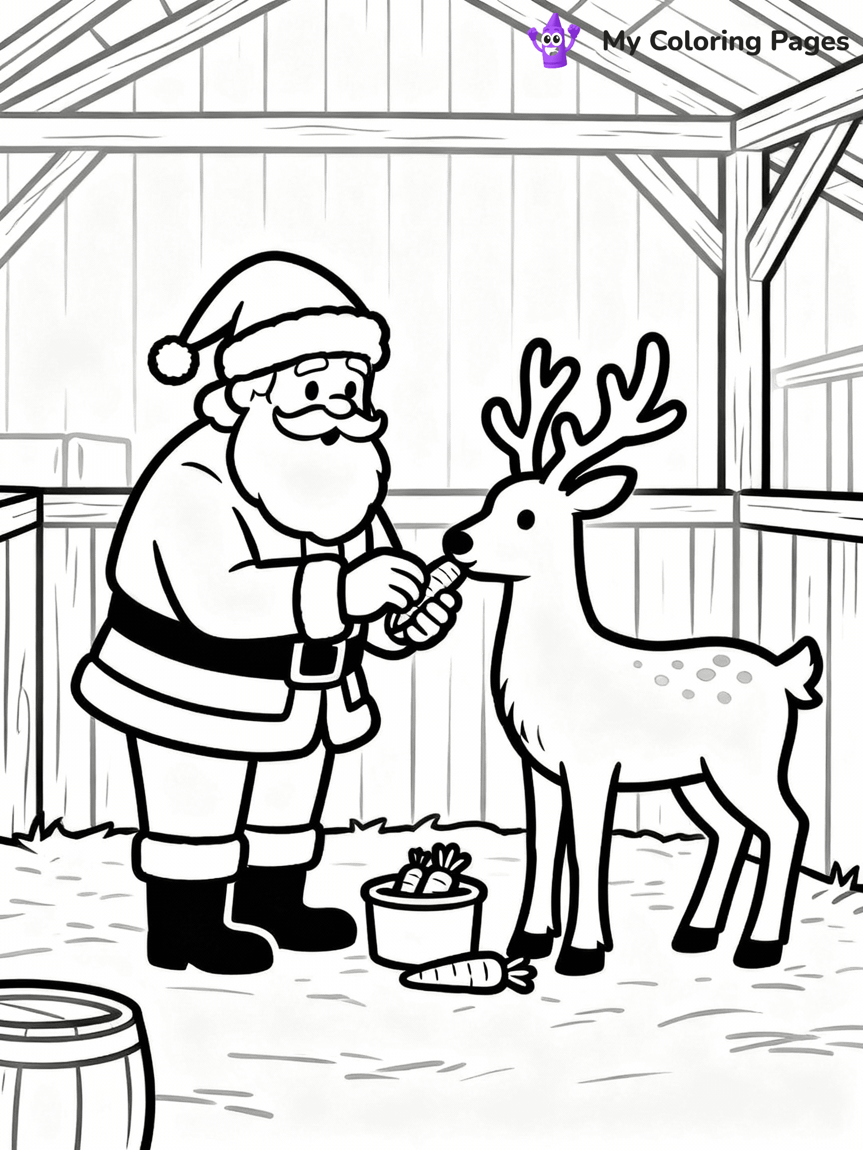 ⚠️ CRITICAL REQUIREMENT - ABSOLUTE BLACK AND WHITE ONLY ⚠️
This MUST be a BLACK AND WHITE line drawing ONLY. NO COLORS whatsoever.
- ONLY pure black lines (#000000) on pure white background (#FFFFFF)
- ABSOLUTELY NO colors, NO shading, NO gradients, NO grayscale
- If there are ANY colors in the output, the image is REJECTED
- This is a COLORING PAGE - meant to be COLORED IN by children
- The output must be UNCOLORED line art ready for coloring
⚠️ SUBJECT TO DRAW: Santa feeding carrots to his reindeer in a stable, in Christmas-themed style. PURE OUTLINES. NO FILLS, COLOR, SHADING, OR GREYSCALE. WHITE BACKGROUND.
(REMEMBER: Output must be BLACK AND WHITE line art only, NOT colored!)
# Flat, Friendly Cartoon Line-Art Coloring Page
You are generating a **pure black-and-white binary image** of a child-friendly cartoon scene combining characters and background scenery in one cohesive composition.
## Rendering Rules (Strict)
- Only two colors: pure black (#000000) outlines and pure white (#FFFFFF) background.
- No grayscale, shading, gradients, tints, fills, transparency, or partial pixels.
- No antialiasing or blended edges; every pixel is 100% black or white.
- No solid black fills inside shapes — all areas inside outlines must remain white.
- No dark clothing areas or filled tone blocks; all garments outlined only.
- No shadows, textures, lighting, or tonal variations.
- Must look like flat binary vector line-art for coloring pages.
## Drawing & Composition
- **Medium, consistent line weight**; clean closed outlines easy to color inside.
- **Flat, simple, child-friendly design** — no realism or 3D depth.
- Characters are **grounded on a surface**, centered and large.
- **Balanced composition** with clear silhouettes and minimal props.
## Scenery & Style
- Landmarks (e.g., mosque, CN Tower) and scenery (trees, benches, waves) drawn with **black outlines only.**
- For real-world figures, teams, or places, show accurate details using only black outlines—no text or logos. Use distinctive uniform patterns, abstract symbols, and landmark silhouettes to convey identity.
- Keep **consistent perspective**; no floating elements.
- **Style:** whimsical **Doodle Art Alley** — rounded, friendly outlines.
- May adapt shapes from **Crayola, Disney, Peppa Pig, Cocomelon** — *by shape only, never color.*
- Final output: **flat, crisp, binary (#000000/#FFFFFF)**, **no filled color or background text.**
EXTREMELYE IMPORTANT:
- PURE BINARY LINE-ART; NO FILLS (HAIR/CLOTHES/SKIN), SHADING, OR GREY.
- NO SHADING, COLOR. MUST BE WHITE BACKGROUND.
⚠️ FINAL REMINDER: Draw the subject "Santa feeding carrots to his reindeer in a stable, in Christmas-themed style. PURE OUTLINES. NO FILLS, COLOR, SHADING, OR GREYSCALE. WHITE BACKGROUND." as BLACK AND WHITE line art. Zero colors in output.