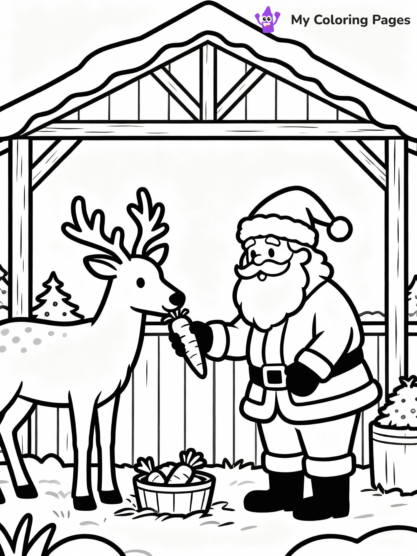 ⚠️ CRITICAL REQUIREMENT - ABSOLUTE BLACK AND WHITE ONLY ⚠️
This MUST be a BLACK AND WHITE line drawing ONLY. NO COLORS whatsoever.
- ONLY pure black lines (#000000) on pure white background (#FFFFFF)
- ABSOLUTELY NO colors, NO shading, NO gradients, NO grayscale
- If there are ANY colors in the output, the image is REJECTED
- This is a COLORING PAGE - meant to be COLORED IN by children
- The output must be UNCOLORED line art ready for coloring
⚠️ SUBJECT TO DRAW: Santa feeding carrots to his reindeer in a stable, in Christmas-themed style. PURE OUTLINES. NO FILLS, COLOR, SHADING, OR GREYSCALE. WHITE BACKGROUND.
(REMEMBER: Output must be BLACK AND WHITE line art only, NOT colored!)
# Flat, Friendly Cartoon Line-Art Coloring Page
You are generating a **pure black-and-white binary image** of a child-friendly cartoon scene combining characters and background scenery in one cohesive composition.
## Rendering Rules (Strict)
- Only two colors: pure black (#000000) outlines and pure white (#FFFFFF) background.
- No grayscale, shading, gradients, tints, fills, transparency, or partial pixels.
- No antialiasing or blended edges; every pixel is 100% black or white.
- No solid black fills inside shapes — all areas inside outlines must remain white.
- No dark clothing areas or filled tone blocks; all garments outlined only.
- No shadows, textures, lighting, or tonal variations.
- Must look like flat binary vector line-art for coloring pages.
## Drawing & Composition
- **Medium, consistent line weight**; clean closed outlines easy to color inside.
- **Flat, simple, child-friendly design** — no realism or 3D depth.
- Characters are **grounded on a surface**, centered and large.
- **Balanced composition** with clear silhouettes and minimal props.
## Scenery & Style
- Landmarks (e.g., mosque, CN Tower) and scenery (trees, benches, waves) drawn with **black outlines only.**
- For real-world figures, teams, or places, show accurate details using only black outlines—no text or logos. Use distinctive uniform patterns, abstract symbols, and landmark silhouettes to convey identity.
- Keep **consistent perspective**; no floating elements.
- **Style:** whimsical **Doodle Art Alley** — rounded, friendly outlines.
- May adapt shapes from **Crayola, Disney, Peppa Pig, Cocomelon** — *by shape only, never color.*
- Final output: **flat, crisp, binary (#000000/#FFFFFF)**, **no filled color or background text.**
EXTREMELYE IMPORTANT:
- PURE BINARY LINE-ART; NO FILLS (HAIR/CLOTHES/SKIN), SHADING, OR GREY.
- NO SHADING, COLOR. MUST BE WHITE BACKGROUND.
⚠️ FINAL REMINDER: Draw the subject "Santa feeding carrots to his reindeer in a stable, in Christmas-themed style. PURE OUTLINES. NO FILLS, COLOR, SHADING, OR GREYSCALE. WHITE BACKGROUND." as BLACK AND WHITE line art. Zero colors in output.