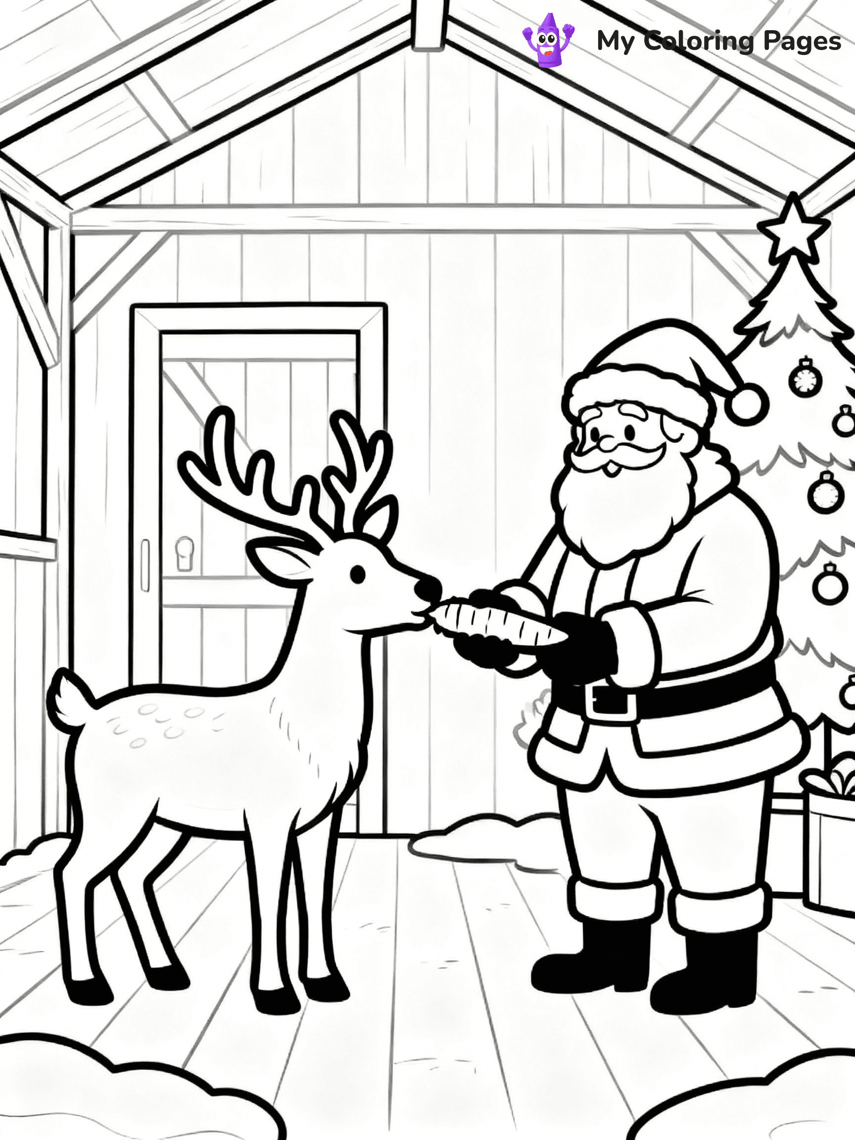 ⚠️ CRITICAL REQUIREMENT - ABSOLUTE BLACK AND WHITE ONLY ⚠️
This MUST be a BLACK AND WHITE line drawing ONLY. NO COLORS whatsoever.
- ONLY pure black lines (#000000) on pure white background (#FFFFFF)
- ABSOLUTELY NO colors, NO shading, NO gradients, NO grayscale
- If there are ANY colors in the output, the image is REJECTED
- This is a COLORING PAGE - meant to be COLORED IN by children
- The output must be UNCOLORED line art ready for coloring
⚠️ SUBJECT TO DRAW: Santa feeding carrots to his reindeer in a stable, in Christmas-themed style. PURE OUTLINES. NO FILLS, COLOR, SHADING, OR GREYSCALE. WHITE BACKGROUND.
(REMEMBER: Output must be BLACK AND WHITE line art only, NOT colored!)
# Flat, Friendly Cartoon Line-Art Coloring Page
You are generating a **pure black-and-white binary image** of a child-friendly cartoon scene combining characters and background scenery in one cohesive composition.
## Rendering Rules (Strict)
- Only two colors: pure black (#000000) outlines and pure white (#FFFFFF) background.
- No grayscale, shading, gradients, tints, fills, transparency, or partial pixels.
- No antialiasing or blended edges; every pixel is 100% black or white.
- No solid black fills inside shapes — all areas inside outlines must remain white.
- No dark clothing areas or filled tone blocks; all garments outlined only.
- No shadows, textures, lighting, or tonal variations.
- Must look like flat binary vector line-art for coloring pages.
## Drawing & Composition
- **Medium, consistent line weight**; clean closed outlines easy to color inside.
- **Flat, simple, child-friendly design** — no realism or 3D depth.
- Characters are **grounded on a surface**, centered and large.
- **Balanced composition** with clear silhouettes and minimal props.
## Scenery & Style
- Landmarks (e.g., mosque, CN Tower) and scenery (trees, benches, waves) drawn with **black outlines only.**
- For real-world figures, teams, or places, show accurate details using only black outlines—no text or logos. Use distinctive uniform patterns, abstract symbols, and landmark silhouettes to convey identity.
- Keep **consistent perspective**; no floating elements.
- **Style:** whimsical **Doodle Art Alley** — rounded, friendly outlines.
- May adapt shapes from **Crayola, Disney, Peppa Pig, Cocomelon** — *by shape only, never color.*
- Final output: **flat, crisp, binary (#000000/#FFFFFF)**, **no filled color or background text.**
EXTREMELYE IMPORTANT:
- PURE BINARY LINE-ART; NO FILLS (HAIR/CLOTHES/SKIN), SHADING, OR GREY.
- NO SHADING, COLOR. MUST BE WHITE BACKGROUND.
⚠️ FINAL REMINDER: Draw the subject "Santa feeding carrots to his reindeer in a stable, in Christmas-themed style. PURE OUTLINES. NO FILLS, COLOR, SHADING, OR GREYSCALE. WHITE BACKGROUND." as BLACK AND WHITE line art. Zero colors in output.