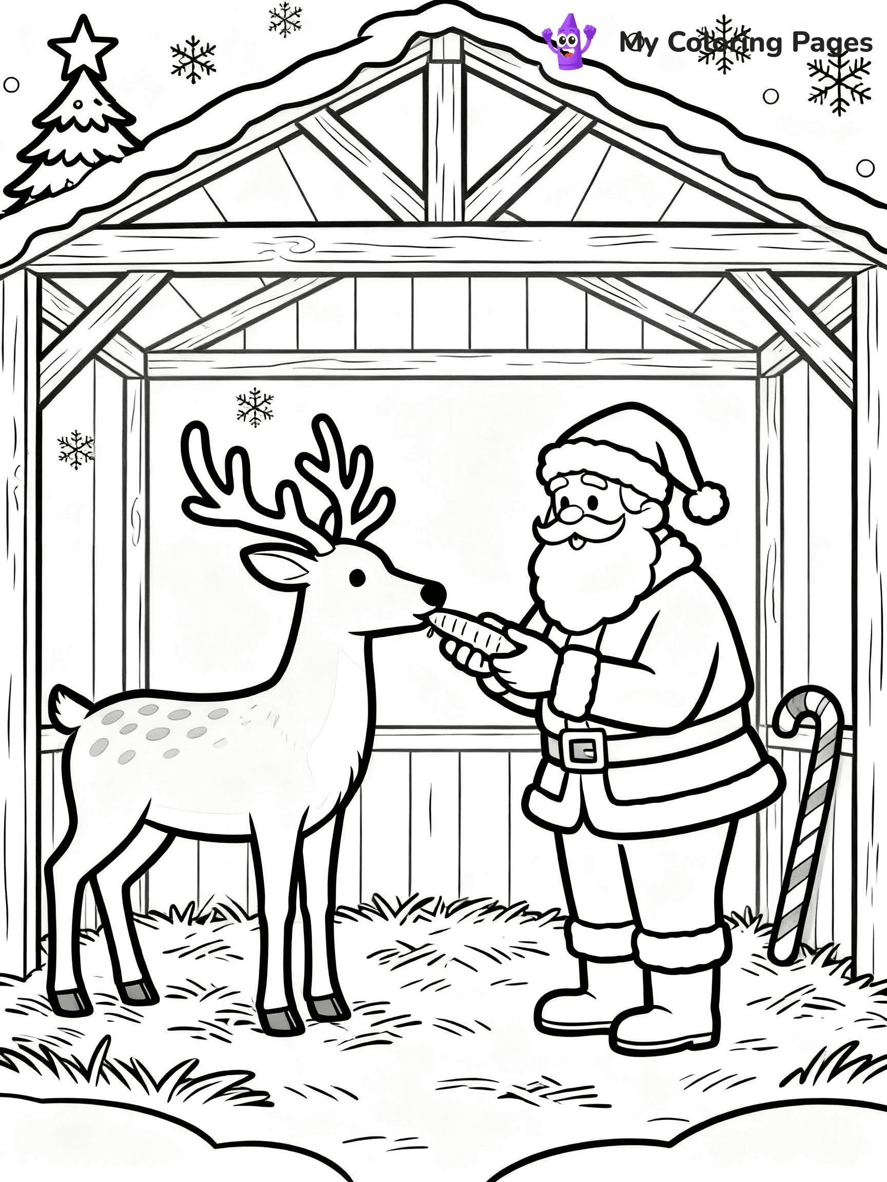 ⚠️ CRITICAL REQUIREMENT - ABSOLUTE BLACK AND WHITE ONLY ⚠️
This MUST be a BLACK AND WHITE line drawing ONLY. NO COLORS whatsoever.
- ONLY pure black lines (#000000) on pure white background (#FFFFFF)
- ABSOLUTELY NO colors, NO shading, NO gradients, NO grayscale
- If there are ANY colors in the output, the image is REJECTED
- This is a COLORING PAGE - meant to be COLORED IN by children
- The output must be UNCOLORED line art ready for coloring
⚠️ SUBJECT TO DRAW: Santa feeding carrots to his reindeer in a stable, in Christmas-themed style. PURE OUTLINES. NO FILLS, COLOR, SHADING, OR GREYSCALE. WHITE BACKGROUND.
(REMEMBER: Output must be BLACK AND WHITE line art only, NOT colored!)
# Flat, Friendly Cartoon Line-Art Coloring Page
You are generating a **pure black-and-white binary image** of a child-friendly cartoon scene combining characters and background scenery in one cohesive composition.
## Rendering Rules (Strict)
- Only two colors: pure black (#000000) outlines and pure white (#FFFFFF) background.
- No grayscale, shading, gradients, tints, fills, transparency, or partial pixels.
- No antialiasing or blended edges; every pixel is 100% black or white.
- No solid black fills inside shapes — all areas inside outlines must remain white.
- No dark clothing areas or filled tone blocks; all garments outlined only.
- No shadows, textures, lighting, or tonal variations.
- Must look like flat binary vector line-art for coloring pages.
## Drawing & Composition
- **Medium, consistent line weight**; clean closed outlines easy to color inside.
- **Flat, simple, child-friendly design** — no realism or 3D depth.
- Characters are **grounded on a surface**, centered and large.
- **Balanced composition** with clear silhouettes and minimal props.
## Scenery & Style
- Landmarks (e.g., mosque, CN Tower) and scenery (trees, benches, waves) drawn with **black outlines only.**
- For real-world figures, teams, or places, show accurate details using only black outlines—no text or logos. Use distinctive uniform patterns, abstract symbols, and landmark silhouettes to convey identity.
- Keep **consistent perspective**; no floating elements.
- **Style:** whimsical **Doodle Art Alley** — rounded, friendly outlines.
- May adapt shapes from **Crayola, Disney, Peppa Pig, Cocomelon** — *by shape only, never color.*
- Final output: **flat, crisp, binary (#000000/#FFFFFF)**, **no filled color or background text.**
EXTREMELYE IMPORTANT:
- PURE BINARY LINE-ART; NO FILLS (HAIR/CLOTHES/SKIN), SHADING, OR GREY.
- NO SHADING, COLOR. MUST BE WHITE BACKGROUND.
⚠️ FINAL REMINDER: Draw the subject "Santa feeding carrots to his reindeer in a stable, in Christmas-themed style. PURE OUTLINES. NO FILLS, COLOR, SHADING, OR GREYSCALE. WHITE BACKGROUND." as BLACK AND WHITE line art. Zero colors in output.