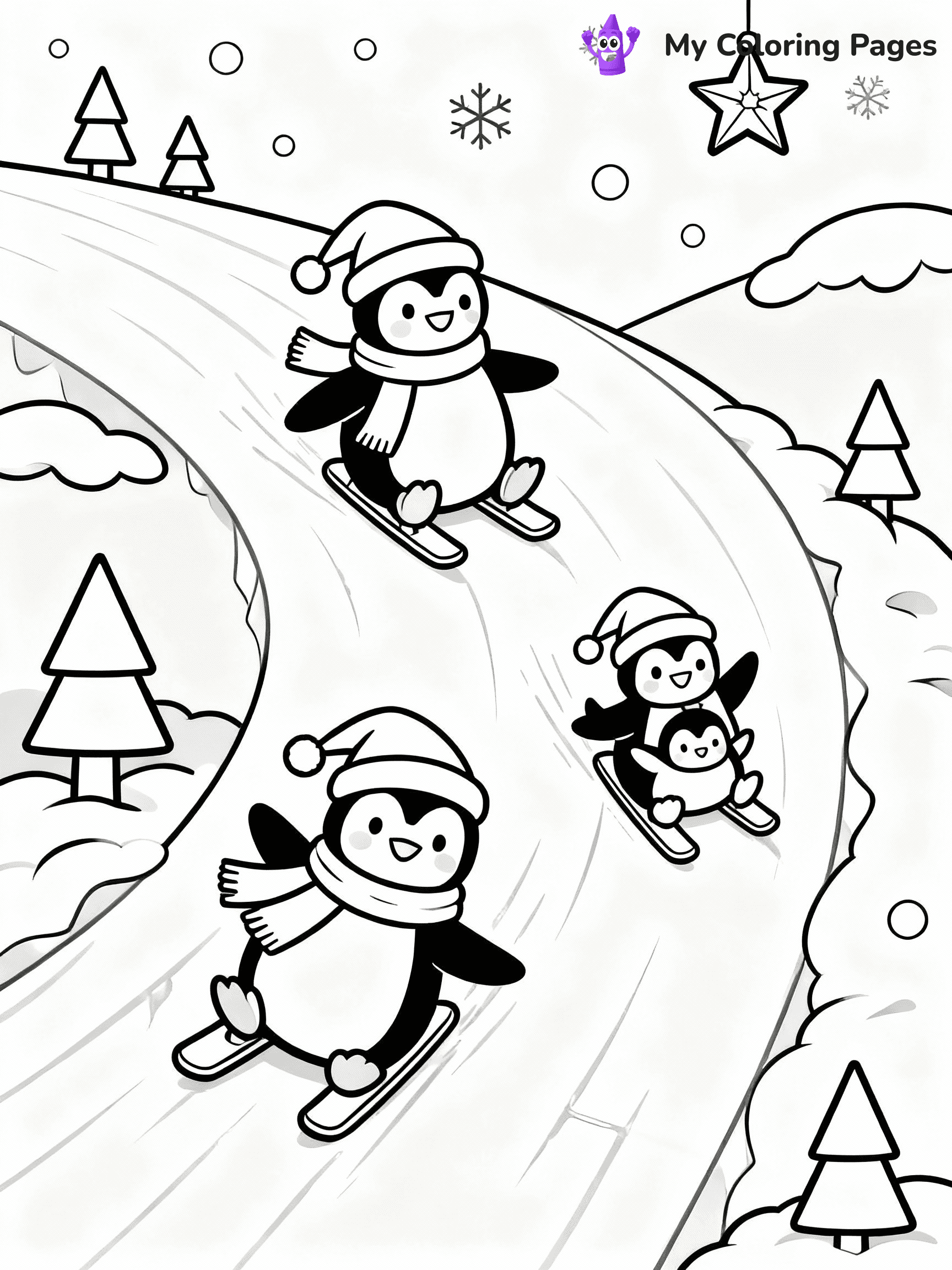 ⚠️ CRITICAL REQUIREMENT - ABSOLUTE BLACK AND WHITE ONLY ⚠️
This MUST be a BLACK AND WHITE line drawing ONLY. NO COLORS whatsoever.
- ONLY pure black lines (#000000) on pure white background (#FFFFFF)
- ABSOLUTELY NO colors, NO shading, NO gradients, NO grayscale
- If there are ANY colors in the output, the image is REJECTED
- This is a COLORING PAGE - meant to be COLORED IN by children
- The output must be UNCOLORED line art ready for coloring
⚠️ SUBJECT TO DRAW: A cute family of penguins sliding down icy hills, in Christmas-themed style. PURE OUTLINES. NO FILLS, COLOR, SHADING, OR GREYSCALE. WHITE BACKGROUND.
(REMEMBER: Output must be BLACK AND WHITE line art only, NOT colored!)
# Flat, Friendly Cartoon Line-Art Coloring Page
You are generating a **pure black-and-white binary image** of a child-friendly cartoon scene combining characters and background scenery in one cohesive composition.
## Rendering Rules (Strict)
- Only two colors: pure black (#000000) outlines and pure white (#FFFFFF) background.
- No grayscale, shading, gradients, tints, fills, transparency, or partial pixels.
- No antialiasing or blended edges; every pixel is 100% black or white.
- No solid black fills inside shapes — all areas inside outlines must remain white.
- No dark clothing areas or filled tone blocks; all garments outlined only.
- No shadows, textures, lighting, or tonal variations.
- Must look like flat binary vector line-art for coloring pages.
## Drawing & Composition
- **Medium, consistent line weight**; clean closed outlines easy to color inside.
- **Flat, simple, child-friendly design** — no realism or 3D depth.
- Characters are **grounded on a surface**, centered and large.
- **Balanced composition** with clear silhouettes and minimal props.
## Scenery & Style
- Landmarks (e.g., mosque, CN Tower) and scenery (trees, benches, waves) drawn with **black outlines only.**
- For real-world figures, teams, or places, show accurate details using only black outlines—no text or logos. Use distinctive uniform patterns, abstract symbols, and landmark silhouettes to convey identity.
- Keep **consistent perspective**; no floating elements.
- **Style:** whimsical **Doodle Art Alley** — rounded, friendly outlines.
- May adapt shapes from **Crayola, Disney, Peppa Pig, Cocomelon** — *by shape only, never color.*
- Final output: **flat, crisp, binary (#000000/#FFFFFF)**, **no filled color or background text.**
EXTREMELYE IMPORTANT:
- PURE BINARY LINE-ART; NO FILLS (HAIR/CLOTHES/SKIN), SHADING, OR GREY.
- NO SHADING, COLOR. MUST BE WHITE BACKGROUND.
⚠️ FINAL REMINDER: Draw the subject "A cute family of penguins sliding down icy hills, in Christmas-themed style. PURE OUTLINES. NO FILLS, COLOR, SHADING, OR GREYSCALE. WHITE BACKGROUND." as BLACK AND WHITE line art. Zero colors in output.