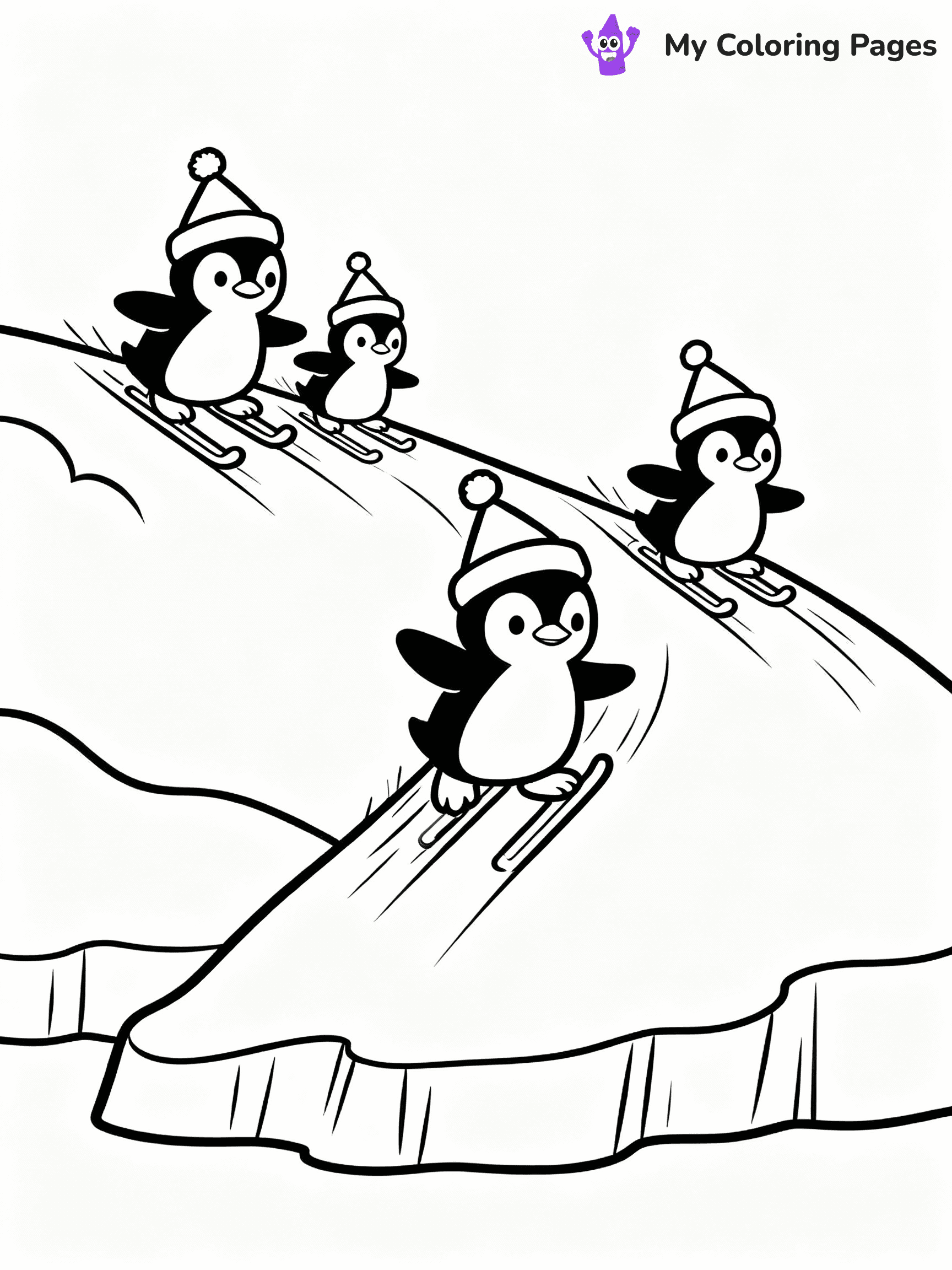 ⚠️ CRITICAL REQUIREMENT - ABSOLUTE BLACK AND WHITE ONLY ⚠️
This MUST be a BLACK AND WHITE line drawing ONLY. NO COLORS whatsoever.
- ONLY pure black lines (#000000) on pure white background (#FFFFFF)
- ABSOLUTELY NO colors, NO shading, NO gradients, NO grayscale
- If there are ANY colors in the output, the image is REJECTED
- This is a COLORING PAGE - meant to be COLORED IN by children
- The output must be UNCOLORED line art ready for coloring
⚠️ SUBJECT TO DRAW: A cute family of penguins sliding down icy hills, in Christmas-themed style. PURE OUTLINES. NO FILLS, COLOR, SHADING, OR GREYSCALE. WHITE BACKGROUND.
(REMEMBER: Output must be BLACK AND WHITE line art only, NOT colored!)
# Flat, Friendly Cartoon Line-Art Coloring Page
You are generating a **pure black-and-white binary image** of a child-friendly cartoon scene combining characters and background scenery in one cohesive composition.
## Rendering Rules (Strict)
- Only two colors: pure black (#000000) outlines and pure white (#FFFFFF) background.
- No grayscale, shading, gradients, tints, fills, transparency, or partial pixels.
- No antialiasing or blended edges; every pixel is 100% black or white.
- No solid black fills inside shapes — all areas inside outlines must remain white.
- No dark clothing areas or filled tone blocks; all garments outlined only.
- No shadows, textures, lighting, or tonal variations.
- Must look like flat binary vector line-art for coloring pages.
## Drawing & Composition
- **Medium, consistent line weight**; clean closed outlines easy to color inside.
- **Flat, simple, child-friendly design** — no realism or 3D depth.
- Characters are **grounded on a surface**, centered and large.
- **Balanced composition** with clear silhouettes and minimal props.
## Scenery & Style
- Landmarks (e.g., mosque, CN Tower) and scenery (trees, benches, waves) drawn with **black outlines only.**
- For real-world figures, teams, or places, show accurate details using only black outlines—no text or logos. Use distinctive uniform patterns, abstract symbols, and landmark silhouettes to convey identity.
- Keep **consistent perspective**; no floating elements.
- **Style:** whimsical **Doodle Art Alley** — rounded, friendly outlines.
- May adapt shapes from **Crayola, Disney, Peppa Pig, Cocomelon** — *by shape only, never color.*
- Final output: **flat, crisp, binary (#000000/#FFFFFF)**, **no filled color or background text.**
EXTREMELYE IMPORTANT:
- PURE BINARY LINE-ART; NO FILLS (HAIR/CLOTHES/SKIN), SHADING, OR GREY.
- NO SHADING, COLOR. MUST BE WHITE BACKGROUND.
⚠️ FINAL REMINDER: Draw the subject "A cute family of penguins sliding down icy hills, in Christmas-themed style. PURE OUTLINES. NO FILLS, COLOR, SHADING, OR GREYSCALE. WHITE BACKGROUND." as BLACK AND WHITE line art. Zero colors in output.