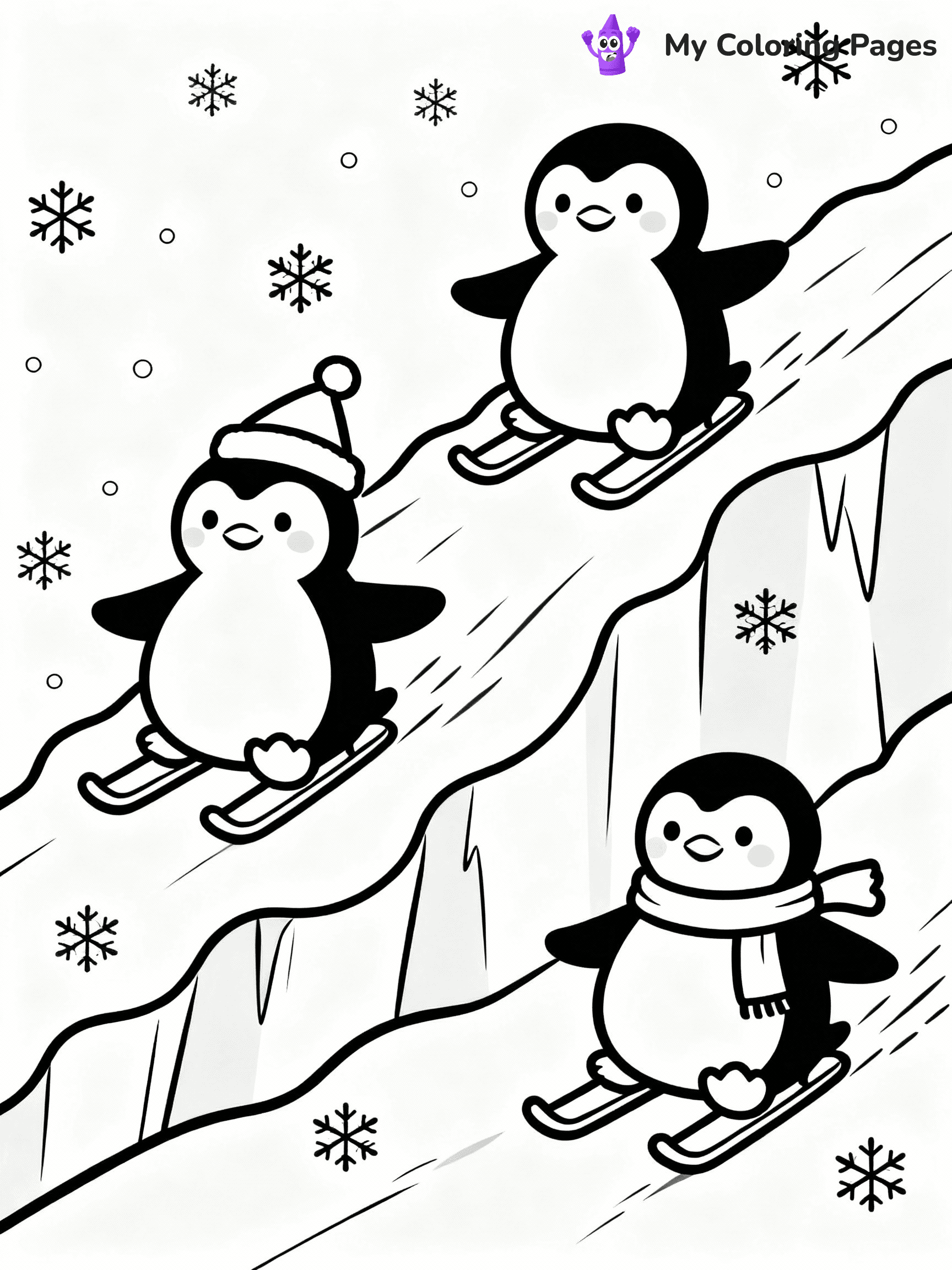 ⚠️ CRITICAL REQUIREMENT - ABSOLUTE BLACK AND WHITE ONLY ⚠️
This MUST be a BLACK AND WHITE line drawing ONLY. NO COLORS whatsoever.
- ONLY pure black lines (#000000) on pure white background (#FFFFFF)
- ABSOLUTELY NO colors, NO shading, NO gradients, NO grayscale
- If there are ANY colors in the output, the image is REJECTED
- This is a COLORING PAGE - meant to be COLORED IN by children
- The output must be UNCOLORED line art ready for coloring
⚠️ SUBJECT TO DRAW: A cute family of penguins sliding down icy hills, in Christmas-themed style. PURE OUTLINES. NO FILLS, COLOR, SHADING, OR GREYSCALE. WHITE BACKGROUND.
(REMEMBER: Output must be BLACK AND WHITE line art only, NOT colored!)
# Flat, Friendly Cartoon Line-Art Coloring Page
You are generating a **pure black-and-white binary image** of a child-friendly cartoon scene combining characters and background scenery in one cohesive composition.
## Rendering Rules (Strict)
- Only two colors: pure black (#000000) outlines and pure white (#FFFFFF) background.
- No grayscale, shading, gradients, tints, fills, transparency, or partial pixels.
- No antialiasing or blended edges; every pixel is 100% black or white.
- No solid black fills inside shapes — all areas inside outlines must remain white.
- No dark clothing areas or filled tone blocks; all garments outlined only.
- No shadows, textures, lighting, or tonal variations.
- Must look like flat binary vector line-art for coloring pages.
## Drawing & Composition
- **Medium, consistent line weight**; clean closed outlines easy to color inside.
- **Flat, simple, child-friendly design** — no realism or 3D depth.
- Characters are **grounded on a surface**, centered and large.
- **Balanced composition** with clear silhouettes and minimal props.
## Scenery & Style
- Landmarks (e.g., mosque, CN Tower) and scenery (trees, benches, waves) drawn with **black outlines only.**
- For real-world figures, teams, or places, show accurate details using only black outlines—no text or logos. Use distinctive uniform patterns, abstract symbols, and landmark silhouettes to convey identity.
- Keep **consistent perspective**; no floating elements.
- **Style:** whimsical **Doodle Art Alley** — rounded, friendly outlines.
- May adapt shapes from **Crayola, Disney, Peppa Pig, Cocomelon** — *by shape only, never color.*
- Final output: **flat, crisp, binary (#000000/#FFFFFF)**, **no filled color or background text.**
EXTREMELYE IMPORTANT:
- PURE BINARY LINE-ART; NO FILLS (HAIR/CLOTHES/SKIN), SHADING, OR GREY.
- NO SHADING, COLOR. MUST BE WHITE BACKGROUND.
⚠️ FINAL REMINDER: Draw the subject "A cute family of penguins sliding down icy hills, in Christmas-themed style. PURE OUTLINES. NO FILLS, COLOR, SHADING, OR GREYSCALE. WHITE BACKGROUND." as BLACK AND WHITE line art. Zero colors in output.