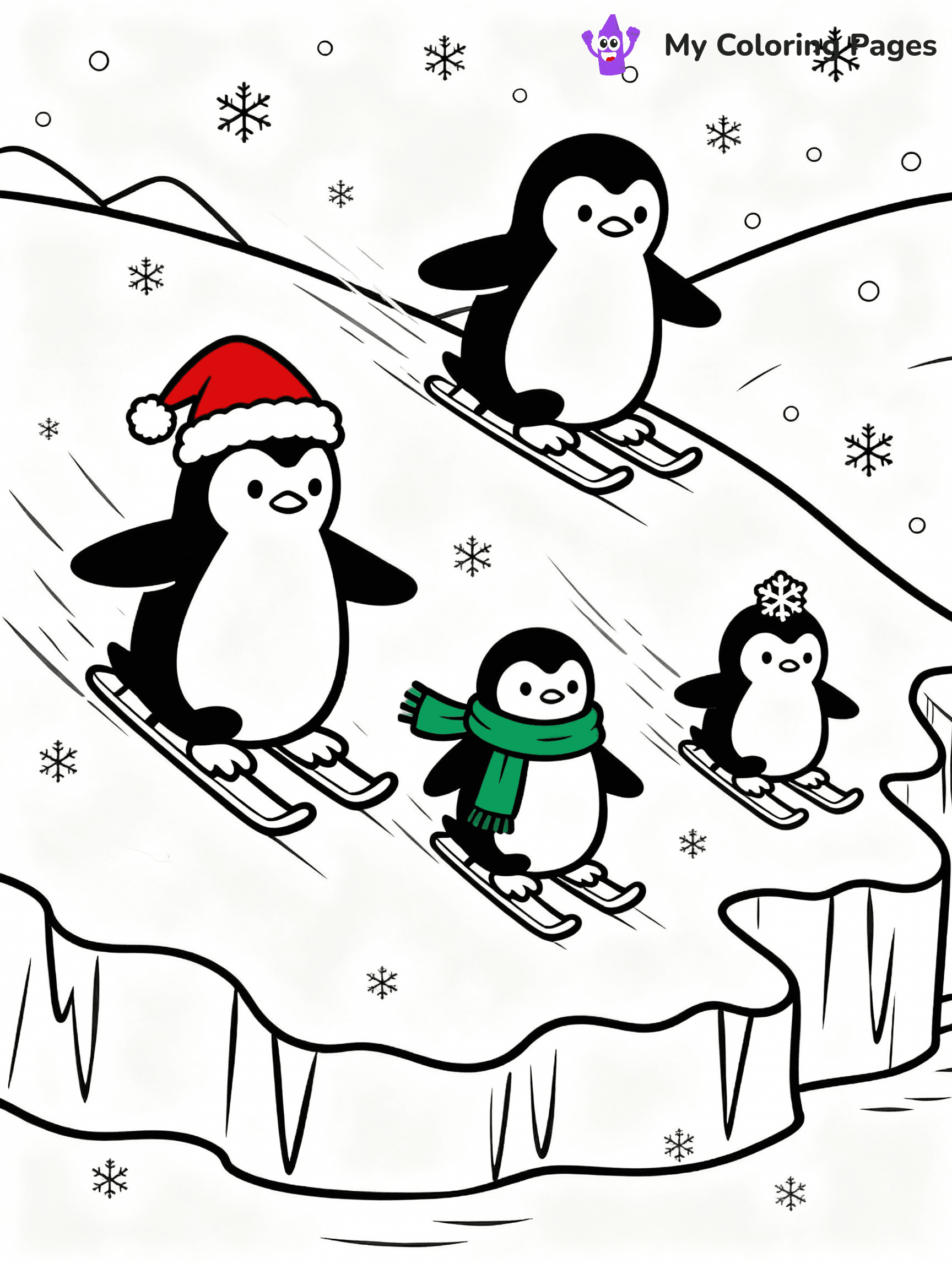 ⚠️ CRITICAL REQUIREMENT - ABSOLUTE BLACK AND WHITE ONLY ⚠️
This MUST be a BLACK AND WHITE line drawing ONLY. NO COLORS whatsoever.
- ONLY pure black lines (#000000) on pure white background (#FFFFFF)
- ABSOLUTELY NO colors, NO shading, NO gradients, NO grayscale
- If there are ANY colors in the output, the image is REJECTED
- This is a COLORING PAGE - meant to be COLORED IN by children
- The output must be UNCOLORED line art ready for coloring
⚠️ SUBJECT TO DRAW: A cute family of penguins sliding down icy hills, in Christmas-themed style. PURE OUTLINES. NO FILLS, COLOR, SHADING, OR GREYSCALE. WHITE BACKGROUND.
(REMEMBER: Output must be BLACK AND WHITE line art only, NOT colored!)
# Flat, Friendly Cartoon Line-Art Coloring Page
You are generating a **pure black-and-white binary image** of a child-friendly cartoon scene combining characters and background scenery in one cohesive composition.
## Rendering Rules (Strict)
- Only two colors: pure black (#000000) outlines and pure white (#FFFFFF) background.
- No grayscale, shading, gradients, tints, fills, transparency, or partial pixels.
- No antialiasing or blended edges; every pixel is 100% black or white.
- No solid black fills inside shapes — all areas inside outlines must remain white.
- No dark clothing areas or filled tone blocks; all garments outlined only.
- No shadows, textures, lighting, or tonal variations.
- Must look like flat binary vector line-art for coloring pages.
## Drawing & Composition
- **Medium, consistent line weight**; clean closed outlines easy to color inside.
- **Flat, simple, child-friendly design** — no realism or 3D depth.
- Characters are **grounded on a surface**, centered and large.
- **Balanced composition** with clear silhouettes and minimal props.
## Scenery & Style
- Landmarks (e.g., mosque, CN Tower) and scenery (trees, benches, waves) drawn with **black outlines only.**
- For real-world figures, teams, or places, show accurate details using only black outlines—no text or logos. Use distinctive uniform patterns, abstract symbols, and landmark silhouettes to convey identity.
- Keep **consistent perspective**; no floating elements.
- **Style:** whimsical **Doodle Art Alley** — rounded, friendly outlines.
- May adapt shapes from **Crayola, Disney, Peppa Pig, Cocomelon** — *by shape only, never color.*
- Final output: **flat, crisp, binary (#000000/#FFFFFF)**, **no filled color or background text.**
EXTREMELYE IMPORTANT:
- PURE BINARY LINE-ART; NO FILLS (HAIR/CLOTHES/SKIN), SHADING, OR GREY.
- NO SHADING, COLOR. MUST BE WHITE BACKGROUND.
⚠️ FINAL REMINDER: Draw the subject "A cute family of penguins sliding down icy hills, in Christmas-themed style. PURE OUTLINES. NO FILLS, COLOR, SHADING, OR GREYSCALE. WHITE BACKGROUND." as BLACK AND WHITE line art. Zero colors in output.