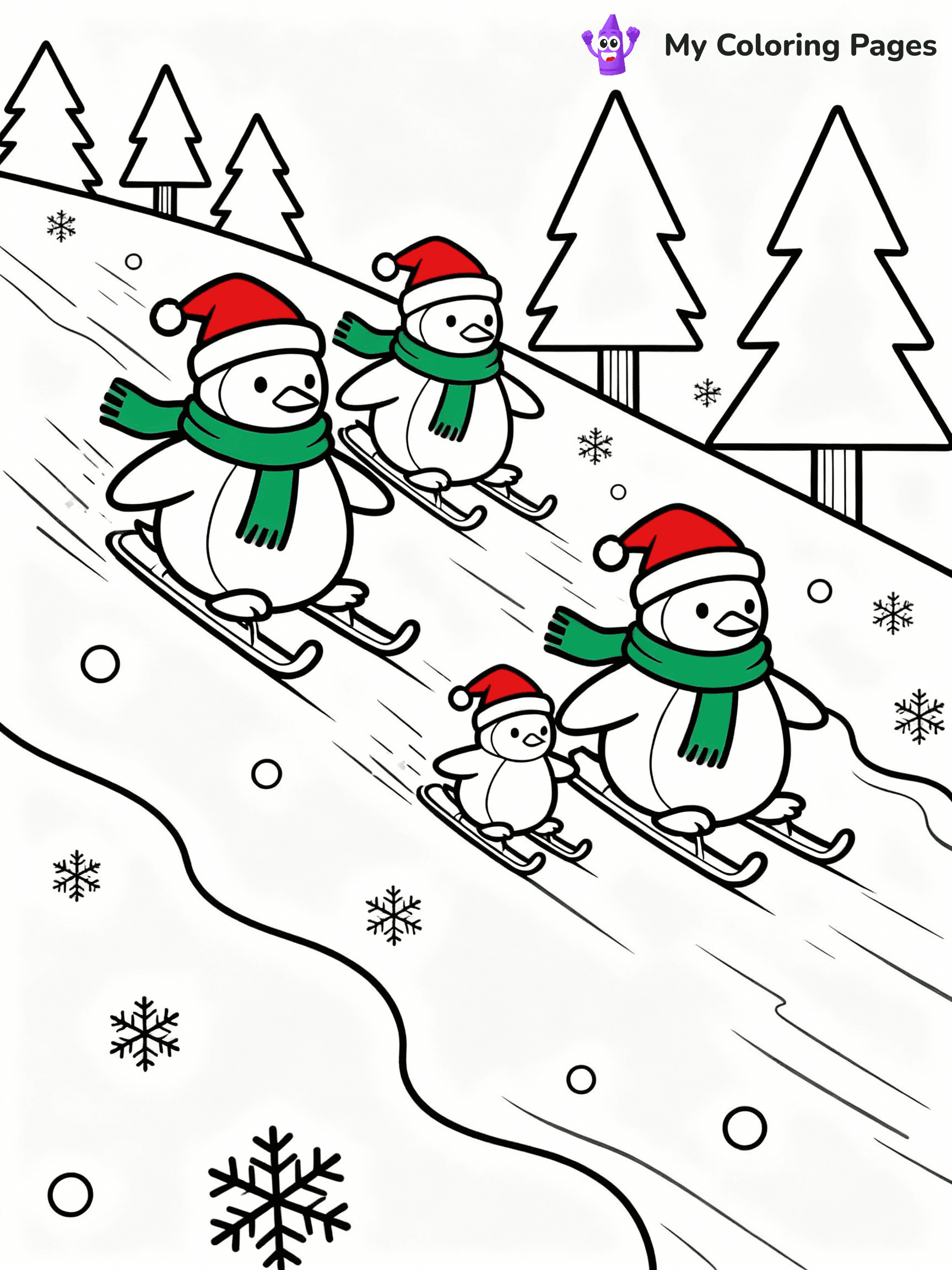 ⚠️ CRITICAL REQUIREMENT - ABSOLUTE BLACK AND WHITE ONLY ⚠️
This MUST be a BLACK AND WHITE line drawing ONLY. NO COLORS whatsoever.
- ONLY pure black lines (#000000) on pure white background (#FFFFFF)
- ABSOLUTELY NO colors, NO shading, NO gradients, NO grayscale
- If there are ANY colors in the output, the image is REJECTED
- This is a COLORING PAGE - meant to be COLORED IN by children
- The output must be UNCOLORED line art ready for coloring
⚠️ SUBJECT TO DRAW: A cute family of penguins sliding down icy hills, in Christmas-themed style. PURE OUTLINES. NO FILLS, COLOR, SHADING, OR GREYSCALE. WHITE BACKGROUND.
(REMEMBER: Output must be BLACK AND WHITE line art only, NOT colored!)
# Flat, Friendly Cartoon Line-Art Coloring Page
You are generating a **pure black-and-white binary image** of a child-friendly cartoon scene combining characters and background scenery in one cohesive composition.
## Rendering Rules (Strict)
- Only two colors: pure black (#000000) outlines and pure white (#FFFFFF) background.
- No grayscale, shading, gradients, tints, fills, transparency, or partial pixels.
- No antialiasing or blended edges; every pixel is 100% black or white.
- No solid black fills inside shapes — all areas inside outlines must remain white.
- No dark clothing areas or filled tone blocks; all garments outlined only.
- No shadows, textures, lighting, or tonal variations.
- Must look like flat binary vector line-art for coloring pages.
## Drawing & Composition
- **Medium, consistent line weight**; clean closed outlines easy to color inside.
- **Flat, simple, child-friendly design** — no realism or 3D depth.
- Characters are **grounded on a surface**, centered and large.
- **Balanced composition** with clear silhouettes and minimal props.
## Scenery & Style
- Landmarks (e.g., mosque, CN Tower) and scenery (trees, benches, waves) drawn with **black outlines only.**
- For real-world figures, teams, or places, show accurate details using only black outlines—no text or logos. Use distinctive uniform patterns, abstract symbols, and landmark silhouettes to convey identity.
- Keep **consistent perspective**; no floating elements.
- **Style:** whimsical **Doodle Art Alley** — rounded, friendly outlines.
- May adapt shapes from **Crayola, Disney, Peppa Pig, Cocomelon** — *by shape only, never color.*
- Final output: **flat, crisp, binary (#000000/#FFFFFF)**, **no filled color or background text.**
EXTREMELYE IMPORTANT:
- PURE BINARY LINE-ART; NO FILLS (HAIR/CLOTHES/SKIN), SHADING, OR GREY.
- NO SHADING, COLOR. MUST BE WHITE BACKGROUND.
⚠️ FINAL REMINDER: Draw the subject "A cute family of penguins sliding down icy hills, in Christmas-themed style. PURE OUTLINES. NO FILLS, COLOR, SHADING, OR GREYSCALE. WHITE BACKGROUND." as BLACK AND WHITE line art. Zero colors in output.