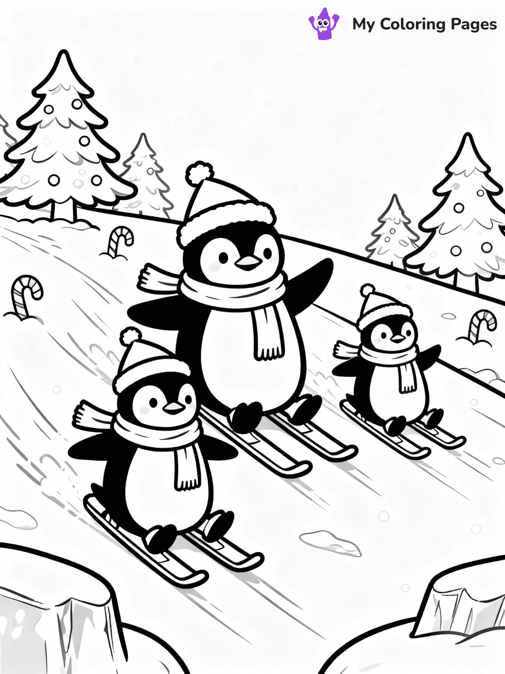 ⚠️ CRITICAL REQUIREMENT - ABSOLUTE BLACK AND WHITE ONLY ⚠️
This MUST be a BLACK AND WHITE line drawing ONLY. NO COLORS whatsoever.
- ONLY pure black lines (#000000) on pure white background (#FFFFFF)
- ABSOLUTELY NO colors, NO shading, NO gradients, NO grayscale
- If there are ANY colors in the output, the image is REJECTED
- This is a COLORING PAGE - meant to be COLORED IN by children
- The output must be UNCOLORED line art ready for coloring
⚠️ SUBJECT TO DRAW: A cute family of penguins sliding down icy hills, in Christmas-themed style. PURE OUTLINES. NO FILLS, COLOR, SHADING, OR GREYSCALE. WHITE BACKGROUND.
(REMEMBER: Output must be BLACK AND WHITE line art only, NOT colored!)
# Flat, Friendly Cartoon Line-Art Coloring Page
You are generating a **pure black-and-white binary image** of a child-friendly cartoon scene combining characters and background scenery in one cohesive composition.
## Rendering Rules (Strict)
- Only two colors: pure black (#000000) outlines and pure white (#FFFFFF) background.
- No grayscale, shading, gradients, tints, fills, transparency, or partial pixels.
- No antialiasing or blended edges; every pixel is 100% black or white.
- No solid black fills inside shapes — all areas inside outlines must remain white.
- No dark clothing areas or filled tone blocks; all garments outlined only.
- No shadows, textures, lighting, or tonal variations.
- Must look like flat binary vector line-art for coloring pages.
## Drawing & Composition
- **Medium, consistent line weight**; clean closed outlines easy to color inside.
- **Flat, simple, child-friendly design** — no realism or 3D depth.
- Characters are **grounded on a surface**, centered and large.
- **Balanced composition** with clear silhouettes and minimal props.
## Scenery & Style
- Landmarks (e.g., mosque, CN Tower) and scenery (trees, benches, waves) drawn with **black outlines only.**
- For real-world figures, teams, or places, show accurate details using only black outlines—no text or logos. Use distinctive uniform patterns, abstract symbols, and landmark silhouettes to convey identity.
- Keep **consistent perspective**; no floating elements.
- **Style:** whimsical **Doodle Art Alley** — rounded, friendly outlines.
- May adapt shapes from **Crayola, Disney, Peppa Pig, Cocomelon** — *by shape only, never color.*
- Final output: **flat, crisp, binary (#000000/#FFFFFF)**, **no filled color or background text.**
EXTREMELYE IMPORTANT:
- PURE BINARY LINE-ART; NO FILLS (HAIR/CLOTHES/SKIN), SHADING, OR GREY.
- NO SHADING, COLOR. MUST BE WHITE BACKGROUND.
⚠️ FINAL REMINDER: Draw the subject "A cute family of penguins sliding down icy hills, in Christmas-themed style. PURE OUTLINES. NO FILLS, COLOR, SHADING, OR GREYSCALE. WHITE BACKGROUND." as BLACK AND WHITE line art. Zero colors in output.