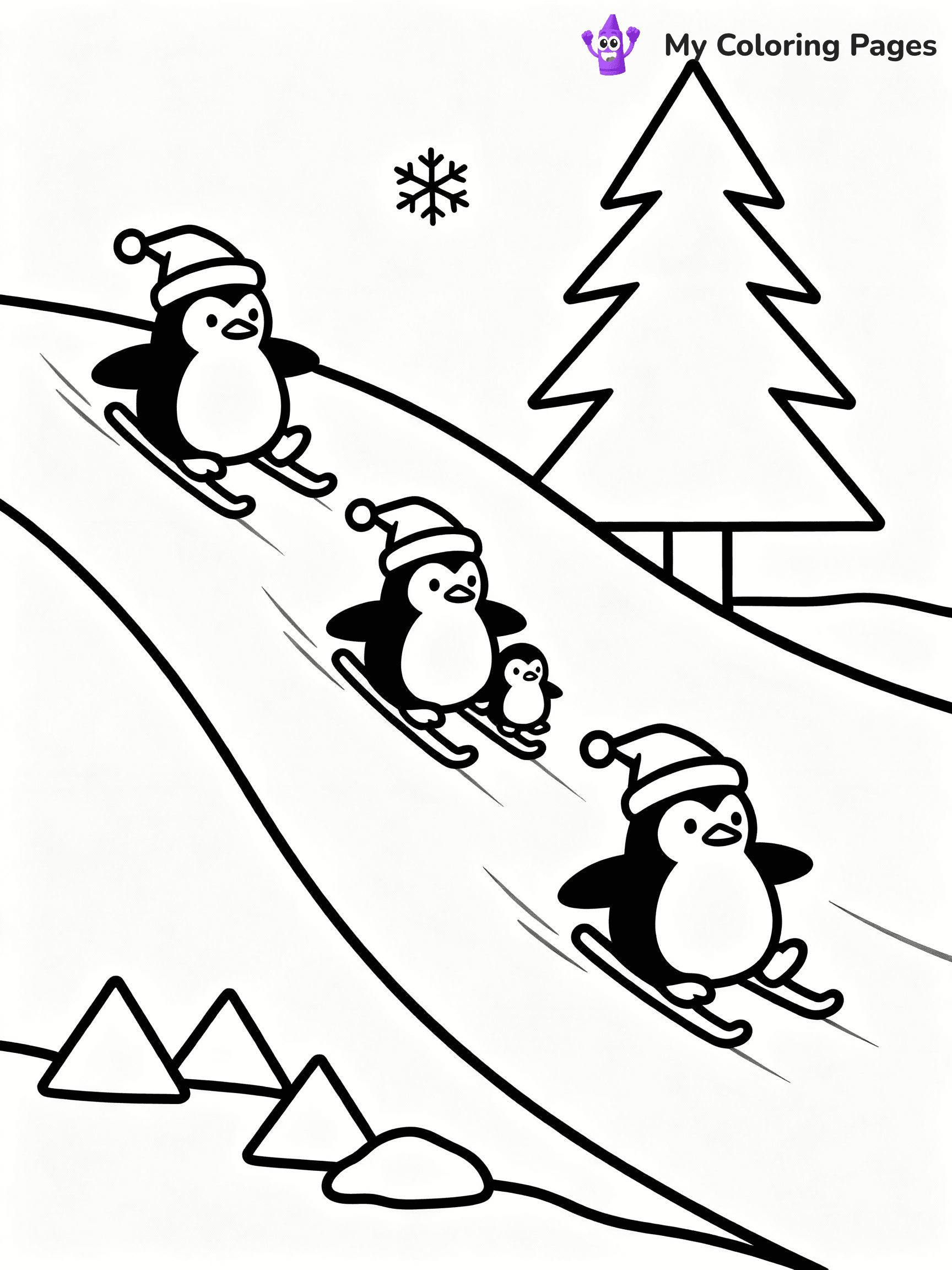 ⚠️ CRITICAL REQUIREMENT - ABSOLUTE BLACK AND WHITE ONLY ⚠️
This MUST be a BLACK AND WHITE line drawing ONLY. NO COLORS whatsoever.
- ONLY pure black lines (#000000) on pure white background (#FFFFFF)
- ABSOLUTELY NO colors, NO shading, NO gradients, NO grayscale
- If there are ANY colors in the output, the image is REJECTED
- This is a COLORING PAGE - meant to be COLORED IN by children
- The output must be UNCOLORED line art ready for coloring
⚠️ SUBJECT TO DRAW: A cute family of penguins sliding down icy hills, in Christmas-themed style. PURE OUTLINES. NO FILLS, COLOR, SHADING, OR GREYSCALE. WHITE BACKGROUND.
(REMEMBER: Output must be BLACK AND WHITE line art only, NOT colored!)
# Flat, Friendly Cartoon Line-Art Coloring Page
You are generating a **pure black-and-white binary image** of a child-friendly cartoon scene combining characters and background scenery in one cohesive composition.
## Rendering Rules (Strict)
- Only two colors: pure black (#000000) outlines and pure white (#FFFFFF) background.
- No grayscale, shading, gradients, tints, fills, transparency, or partial pixels.
- No antialiasing or blended edges; every pixel is 100% black or white.
- No solid black fills inside shapes — all areas inside outlines must remain white.
- No dark clothing areas or filled tone blocks; all garments outlined only.
- No shadows, textures, lighting, or tonal variations.
- Must look like flat binary vector line-art for coloring pages.
## Drawing & Composition
- **Medium, consistent line weight**; clean closed outlines easy to color inside.
- **Flat, simple, child-friendly design** — no realism or 3D depth.
- Characters are **grounded on a surface**, centered and large.
- **Balanced composition** with clear silhouettes and minimal props.
## Scenery & Style
- Landmarks (e.g., mosque, CN Tower) and scenery (trees, benches, waves) drawn with **black outlines only.**
- For real-world figures, teams, or places, show accurate details using only black outlines—no text or logos. Use distinctive uniform patterns, abstract symbols, and landmark silhouettes to convey identity.
- Keep **consistent perspective**; no floating elements.
- **Style:** whimsical **Doodle Art Alley** — rounded, friendly outlines.
- May adapt shapes from **Crayola, Disney, Peppa Pig, Cocomelon** — *by shape only, never color.*
- Final output: **flat, crisp, binary (#000000/#FFFFFF)**, **no filled color or background text.**
EXTREMELYE IMPORTANT:
- PURE BINARY LINE-ART; NO FILLS (HAIR/CLOTHES/SKIN), SHADING, OR GREY.
- NO SHADING, COLOR. MUST BE WHITE BACKGROUND.
⚠️ FINAL REMINDER: Draw the subject "A cute family of penguins sliding down icy hills, in Christmas-themed style. PURE OUTLINES. NO FILLS, COLOR, SHADING, OR GREYSCALE. WHITE BACKGROUND." as BLACK AND WHITE line art. Zero colors in output.