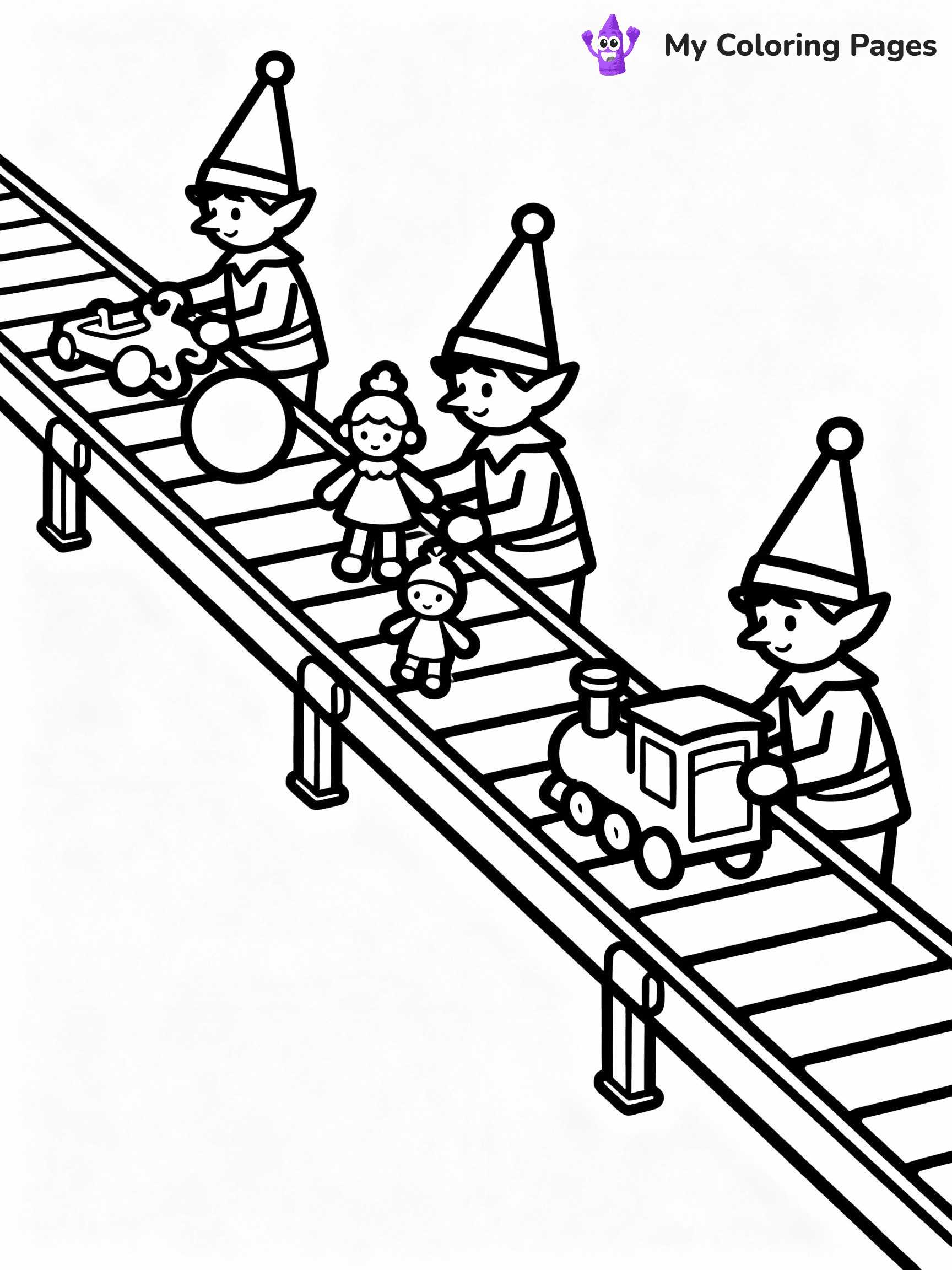 ⚠️ CRITICAL REQUIREMENT - ABSOLUTE BLACK AND WHITE ONLY ⚠️
This MUST be a BLACK AND WHITE line drawing ONLY. NO COLORS whatsoever.
- ONLY pure black lines (#000000) on pure white background (#FFFFFF)
- ABSOLUTELY NO colors, NO shading, NO gradients, NO grayscale
- If there are ANY colors in the output, the image is REJECTED
- This is a COLORING PAGE - meant to be COLORED IN by children
- The output must be UNCOLORED line art ready for coloring
⚠️ SUBJECT TO DRAW: Elves testing new toys on a long conveyor belt, in Christmas-themed style. PURE OUTLINES. NO FILLS, COLOR, SHADING, OR GREYSCALE. WHITE BACKGROUND.
(REMEMBER: Output must be BLACK AND WHITE line art only, NOT colored!)
# Flat, Friendly Cartoon Line-Art Coloring Page
You are generating a **pure black-and-white binary image** of a child-friendly cartoon scene combining characters and background scenery in one cohesive composition.
## Rendering Rules (Strict)
- Only two colors: pure black (#000000) outlines and pure white (#FFFFFF) background.
- No grayscale, shading, gradients, tints, fills, transparency, or partial pixels.
- No antialiasing or blended edges; every pixel is 100% black or white.
- No solid black fills inside shapes — all areas inside outlines must remain white.
- No dark clothing areas or filled tone blocks; all garments outlined only.
- No shadows, textures, lighting, or tonal variations.
- Must look like flat binary vector line-art for coloring pages.
## Drawing & Composition
- **Medium, consistent line weight**; clean closed outlines easy to color inside.
- **Flat, simple, child-friendly design** — no realism or 3D depth.
- Characters are **grounded on a surface**, centered and large.
- **Balanced composition** with clear silhouettes and minimal props.
## Scenery & Style
- Landmarks (e.g., mosque, CN Tower) and scenery (trees, benches, waves) drawn with **black outlines only.**
- For real-world figures, teams, or places, show accurate details using only black outlines—no text or logos. Use distinctive uniform patterns, abstract symbols, and landmark silhouettes to convey identity.
- Keep **consistent perspective**; no floating elements.
- **Style:** whimsical **Doodle Art Alley** — rounded, friendly outlines.
- May adapt shapes from **Crayola, Disney, Peppa Pig, Cocomelon** — *by shape only, never color.*
- Final output: **flat, crisp, binary (#000000/#FFFFFF)**, **no filled color or background text.**
EXTREMELYE IMPORTANT:
- PURE BINARY LINE-ART; NO FILLS (HAIR/CLOTHES/SKIN), SHADING, OR GREY.
- NO SHADING, COLOR. MUST BE WHITE BACKGROUND.
⚠️ FINAL REMINDER: Draw the subject "Elves testing new toys on a long conveyor belt, in Christmas-themed style. PURE OUTLINES. NO FILLS, COLOR, SHADING, OR GREYSCALE. WHITE BACKGROUND." as BLACK AND WHITE line art. Zero colors in output.