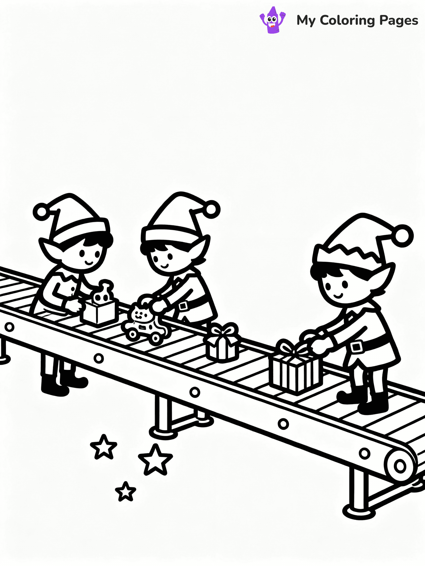 ⚠️ CRITICAL REQUIREMENT - ABSOLUTE BLACK AND WHITE ONLY ⚠️
This MUST be a BLACK AND WHITE line drawing ONLY. NO COLORS whatsoever.
- ONLY pure black lines (#000000) on pure white background (#FFFFFF)
- ABSOLUTELY NO colors, NO shading, NO gradients, NO grayscale
- If there are ANY colors in the output, the image is REJECTED
- This is a COLORING PAGE - meant to be COLORED IN by children
- The output must be UNCOLORED line art ready for coloring
⚠️ SUBJECT TO DRAW: Elves testing new toys on a long conveyor belt, in Christmas-themed style. PURE OUTLINES. NO FILLS, COLOR, SHADING, OR GREYSCALE. WHITE BACKGROUND.
(REMEMBER: Output must be BLACK AND WHITE line art only, NOT colored!)
# Flat, Friendly Cartoon Line-Art Coloring Page
You are generating a **pure black-and-white binary image** of a child-friendly cartoon scene combining characters and background scenery in one cohesive composition.
## Rendering Rules (Strict)
- Only two colors: pure black (#000000) outlines and pure white (#FFFFFF) background.
- No grayscale, shading, gradients, tints, fills, transparency, or partial pixels.
- No antialiasing or blended edges; every pixel is 100% black or white.
- No solid black fills inside shapes — all areas inside outlines must remain white.
- No dark clothing areas or filled tone blocks; all garments outlined only.
- No shadows, textures, lighting, or tonal variations.
- Must look like flat binary vector line-art for coloring pages.
## Drawing & Composition
- **Medium, consistent line weight**; clean closed outlines easy to color inside.
- **Flat, simple, child-friendly design** — no realism or 3D depth.
- Characters are **grounded on a surface**, centered and large.
- **Balanced composition** with clear silhouettes and minimal props.
## Scenery & Style
- Landmarks (e.g., mosque, CN Tower) and scenery (trees, benches, waves) drawn with **black outlines only.**
- For real-world figures, teams, or places, show accurate details using only black outlines—no text or logos. Use distinctive uniform patterns, abstract symbols, and landmark silhouettes to convey identity.
- Keep **consistent perspective**; no floating elements.
- **Style:** whimsical **Doodle Art Alley** — rounded, friendly outlines.
- May adapt shapes from **Crayola, Disney, Peppa Pig, Cocomelon** — *by shape only, never color.*
- Final output: **flat, crisp, binary (#000000/#FFFFFF)**, **no filled color or background text.**
EXTREMELYE IMPORTANT:
- PURE BINARY LINE-ART; NO FILLS (HAIR/CLOTHES/SKIN), SHADING, OR GREY.
- NO SHADING, COLOR. MUST BE WHITE BACKGROUND.
⚠️ FINAL REMINDER: Draw the subject "Elves testing new toys on a long conveyor belt, in Christmas-themed style. PURE OUTLINES. NO FILLS, COLOR, SHADING, OR GREYSCALE. WHITE BACKGROUND." as BLACK AND WHITE line art. Zero colors in output.