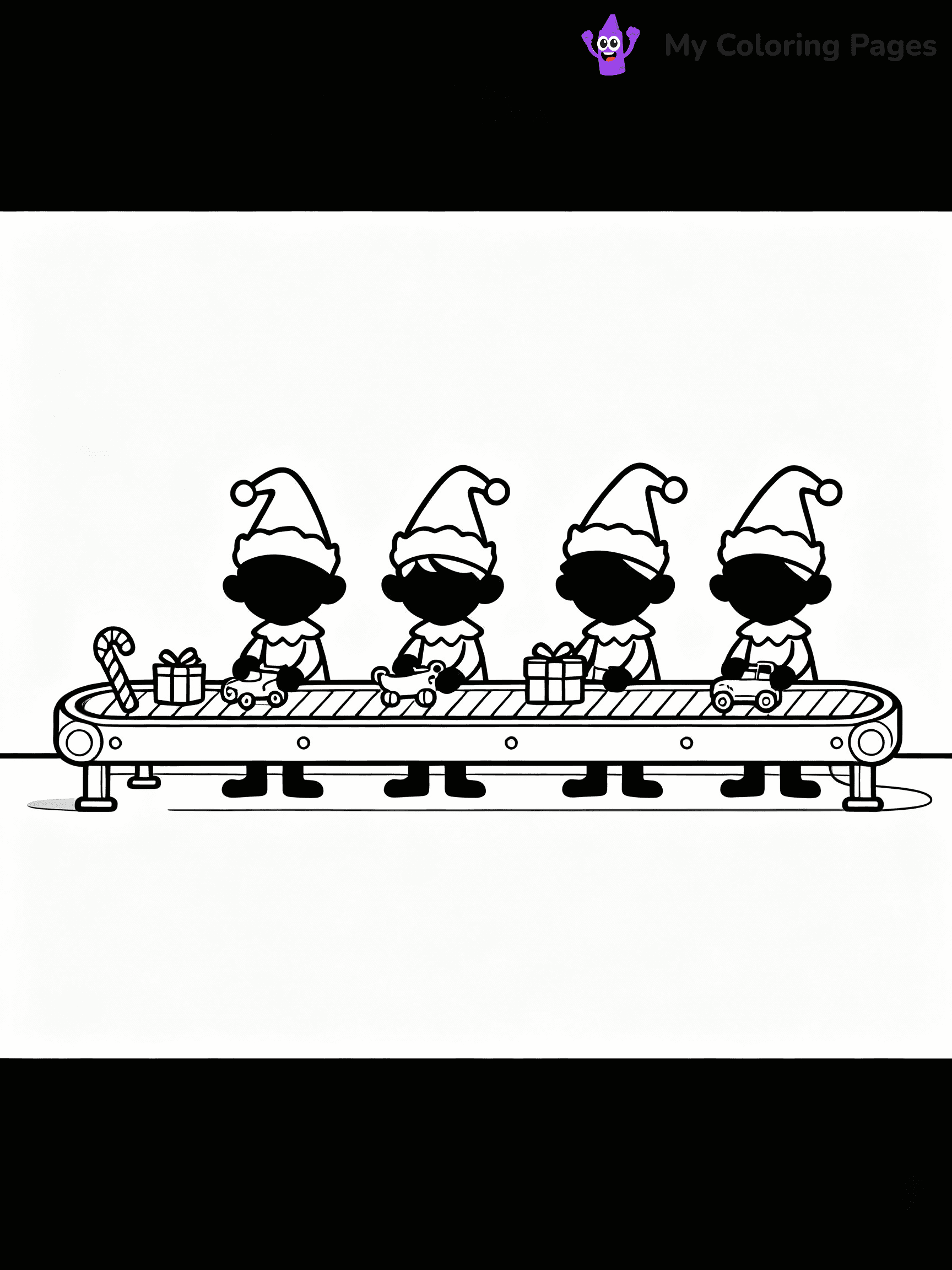 ⚠️ CRITICAL REQUIREMENT - ABSOLUTE BLACK AND WHITE ONLY ⚠️
This MUST be a BLACK AND WHITE line drawing ONLY. NO COLORS whatsoever.
- ONLY pure black lines (#000000) on pure white background (#FFFFFF)
- ABSOLUTELY NO colors, NO shading, NO gradients, NO grayscale
- If there are ANY colors in the output, the image is REJECTED
- This is a COLORING PAGE - meant to be COLORED IN by children
- The output must be UNCOLORED line art ready for coloring
⚠️ SUBJECT TO DRAW: Elves testing new toys on a long conveyor belt, in Christmas-themed style. PURE OUTLINES. NO FILLS, COLOR, SHADING, OR GREYSCALE. WHITE BACKGROUND.
(REMEMBER: Output must be BLACK AND WHITE line art only, NOT colored!)
# Flat, Friendly Cartoon Line-Art Coloring Page
You are generating a **pure black-and-white binary image** of a child-friendly cartoon scene combining characters and background scenery in one cohesive composition.
## Rendering Rules (Strict)
- Only two colors: pure black (#000000) outlines and pure white (#FFFFFF) background.
- No grayscale, shading, gradients, tints, fills, transparency, or partial pixels.
- No antialiasing or blended edges; every pixel is 100% black or white.
- No solid black fills inside shapes — all areas inside outlines must remain white.
- No dark clothing areas or filled tone blocks; all garments outlined only.
- No shadows, textures, lighting, or tonal variations.
- Must look like flat binary vector line-art for coloring pages.
## Drawing & Composition
- **Medium, consistent line weight**; clean closed outlines easy to color inside.
- **Flat, simple, child-friendly design** — no realism or 3D depth.
- Characters are **grounded on a surface**, centered and large.
- **Balanced composition** with clear silhouettes and minimal props.
## Scenery & Style
- Landmarks (e.g., mosque, CN Tower) and scenery (trees, benches, waves) drawn with **black outlines only.**
- For real-world figures, teams, or places, show accurate details using only black outlines—no text or logos. Use distinctive uniform patterns, abstract symbols, and landmark silhouettes to convey identity.
- Keep **consistent perspective**; no floating elements.
- **Style:** whimsical **Doodle Art Alley** — rounded, friendly outlines.
- May adapt shapes from **Crayola, Disney, Peppa Pig, Cocomelon** — *by shape only, never color.*
- Final output: **flat, crisp, binary (#000000/#FFFFFF)**, **no filled color or background text.**
EXTREMELYE IMPORTANT:
- PURE BINARY LINE-ART; NO FILLS (HAIR/CLOTHES/SKIN), SHADING, OR GREY.
- NO SHADING, COLOR. MUST BE WHITE BACKGROUND.
⚠️ FINAL REMINDER: Draw the subject "Elves testing new toys on a long conveyor belt, in Christmas-themed style. PURE OUTLINES. NO FILLS, COLOR, SHADING, OR GREYSCALE. WHITE BACKGROUND." as BLACK AND WHITE line art. Zero colors in output.