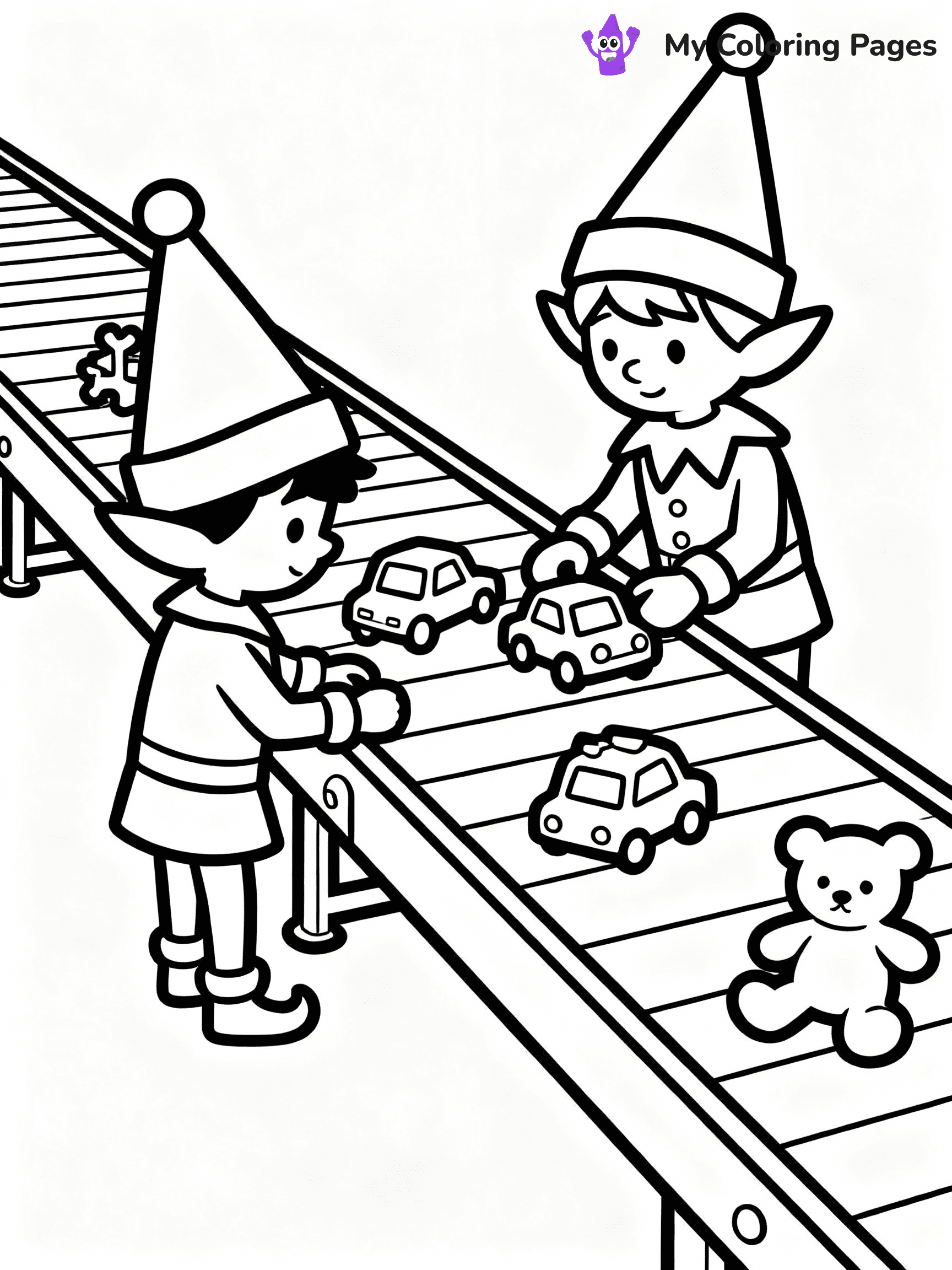 ⚠️ CRITICAL REQUIREMENT - ABSOLUTE BLACK AND WHITE ONLY ⚠️
This MUST be a BLACK AND WHITE line drawing ONLY. NO COLORS whatsoever.
- ONLY pure black lines (#000000) on pure white background (#FFFFFF)
- ABSOLUTELY NO colors, NO shading, NO gradients, NO grayscale
- If there are ANY colors in the output, the image is REJECTED
- This is a COLORING PAGE - meant to be COLORED IN by children
- The output must be UNCOLORED line art ready for coloring
⚠️ SUBJECT TO DRAW: Elves testing new toys on a long conveyor belt, in Christmas-themed style. PURE OUTLINES. NO FILLS, COLOR, SHADING, OR GREYSCALE. WHITE BACKGROUND.
(REMEMBER: Output must be BLACK AND WHITE line art only, NOT colored!)
# Flat, Friendly Cartoon Line-Art Coloring Page
You are generating a **pure black-and-white binary image** of a child-friendly cartoon scene combining characters and background scenery in one cohesive composition.
## Rendering Rules (Strict)
- Only two colors: pure black (#000000) outlines and pure white (#FFFFFF) background.
- No grayscale, shading, gradients, tints, fills, transparency, or partial pixels.
- No antialiasing or blended edges; every pixel is 100% black or white.
- No solid black fills inside shapes — all areas inside outlines must remain white.
- No dark clothing areas or filled tone blocks; all garments outlined only.
- No shadows, textures, lighting, or tonal variations.
- Must look like flat binary vector line-art for coloring pages.
## Drawing & Composition
- **Medium, consistent line weight**; clean closed outlines easy to color inside.
- **Flat, simple, child-friendly design** — no realism or 3D depth.
- Characters are **grounded on a surface**, centered and large.
- **Balanced composition** with clear silhouettes and minimal props.
## Scenery & Style
- Landmarks (e.g., mosque, CN Tower) and scenery (trees, benches, waves) drawn with **black outlines only.**
- For real-world figures, teams, or places, show accurate details using only black outlines—no text or logos. Use distinctive uniform patterns, abstract symbols, and landmark silhouettes to convey identity.
- Keep **consistent perspective**; no floating elements.
- **Style:** whimsical **Doodle Art Alley** — rounded, friendly outlines.
- May adapt shapes from **Crayola, Disney, Peppa Pig, Cocomelon** — *by shape only, never color.*
- Final output: **flat, crisp, binary (#000000/#FFFFFF)**, **no filled color or background text.**
EXTREMELYE IMPORTANT:
- PURE BINARY LINE-ART; NO FILLS (HAIR/CLOTHES/SKIN), SHADING, OR GREY.
- NO SHADING, COLOR. MUST BE WHITE BACKGROUND.
⚠️ FINAL REMINDER: Draw the subject "Elves testing new toys on a long conveyor belt, in Christmas-themed style. PURE OUTLINES. NO FILLS, COLOR, SHADING, OR GREYSCALE. WHITE BACKGROUND." as BLACK AND WHITE line art. Zero colors in output.