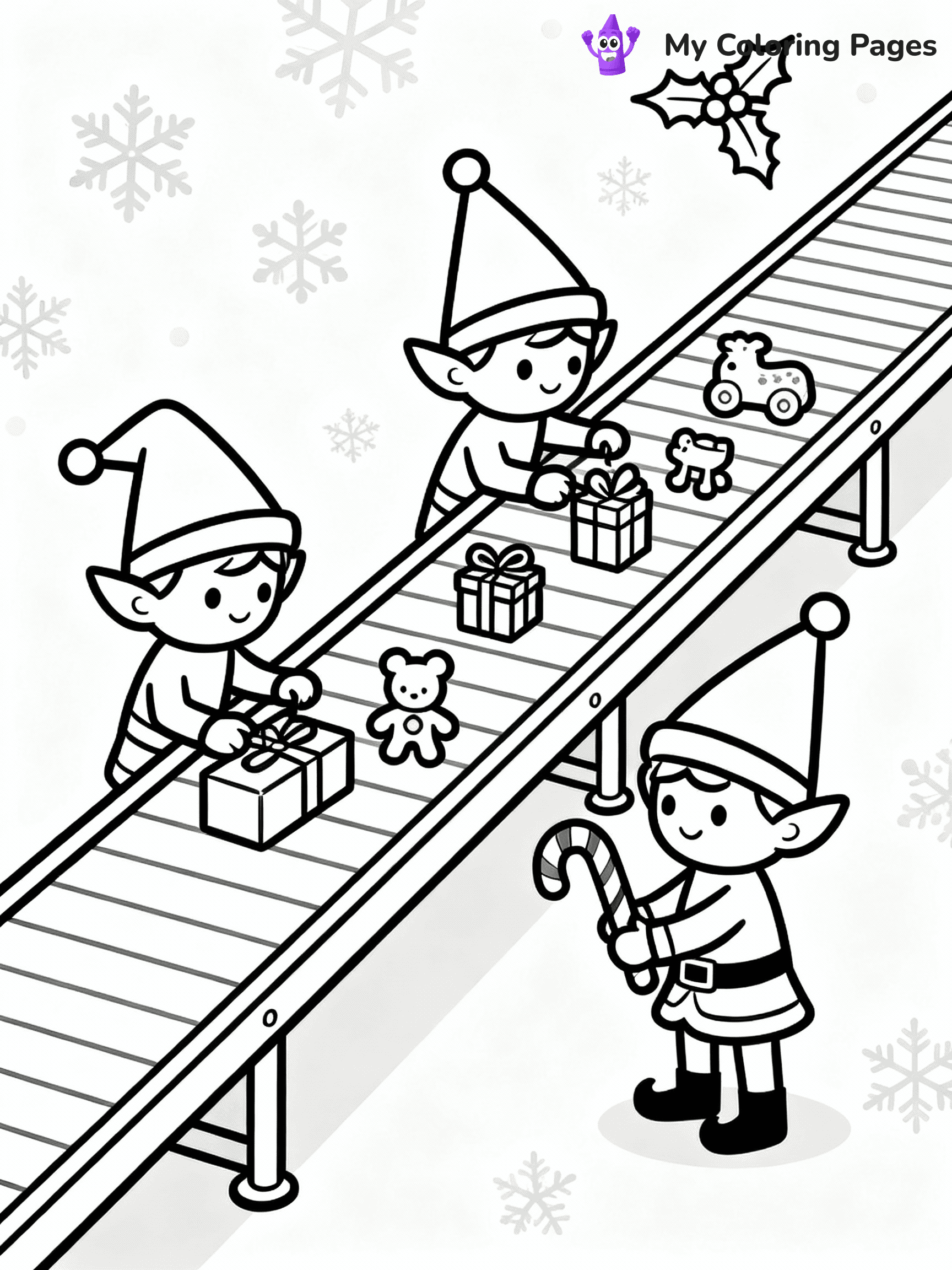 ⚠️ CRITICAL REQUIREMENT - ABSOLUTE BLACK AND WHITE ONLY ⚠️
This MUST be a BLACK AND WHITE line drawing ONLY. NO COLORS whatsoever.
- ONLY pure black lines (#000000) on pure white background (#FFFFFF)
- ABSOLUTELY NO colors, NO shading, NO gradients, NO grayscale
- If there are ANY colors in the output, the image is REJECTED
- This is a COLORING PAGE - meant to be COLORED IN by children
- The output must be UNCOLORED line art ready for coloring
⚠️ SUBJECT TO DRAW: Elves testing new toys on a long conveyor belt, in Christmas-themed style. PURE OUTLINES. NO FILLS, COLOR, SHADING, OR GREYSCALE. WHITE BACKGROUND.
(REMEMBER: Output must be BLACK AND WHITE line art only, NOT colored!)
# Flat, Friendly Cartoon Line-Art Coloring Page
You are generating a **pure black-and-white binary image** of a child-friendly cartoon scene combining characters and background scenery in one cohesive composition.
## Rendering Rules (Strict)
- Only two colors: pure black (#000000) outlines and pure white (#FFFFFF) background.
- No grayscale, shading, gradients, tints, fills, transparency, or partial pixels.
- No antialiasing or blended edges; every pixel is 100% black or white.
- No solid black fills inside shapes — all areas inside outlines must remain white.
- No dark clothing areas or filled tone blocks; all garments outlined only.
- No shadows, textures, lighting, or tonal variations.
- Must look like flat binary vector line-art for coloring pages.
## Drawing & Composition
- **Medium, consistent line weight**; clean closed outlines easy to color inside.
- **Flat, simple, child-friendly design** — no realism or 3D depth.
- Characters are **grounded on a surface**, centered and large.
- **Balanced composition** with clear silhouettes and minimal props.
## Scenery & Style
- Landmarks (e.g., mosque, CN Tower) and scenery (trees, benches, waves) drawn with **black outlines only.**
- For real-world figures, teams, or places, show accurate details using only black outlines—no text or logos. Use distinctive uniform patterns, abstract symbols, and landmark silhouettes to convey identity.
- Keep **consistent perspective**; no floating elements.
- **Style:** whimsical **Doodle Art Alley** — rounded, friendly outlines.
- May adapt shapes from **Crayola, Disney, Peppa Pig, Cocomelon** — *by shape only, never color.*
- Final output: **flat, crisp, binary (#000000/#FFFFFF)**, **no filled color or background text.**
EXTREMELYE IMPORTANT:
- PURE BINARY LINE-ART; NO FILLS (HAIR/CLOTHES/SKIN), SHADING, OR GREY.
- NO SHADING, COLOR. MUST BE WHITE BACKGROUND.
⚠️ FINAL REMINDER: Draw the subject "Elves testing new toys on a long conveyor belt, in Christmas-themed style. PURE OUTLINES. NO FILLS, COLOR, SHADING, OR GREYSCALE. WHITE BACKGROUND." as BLACK AND WHITE line art. Zero colors in output.