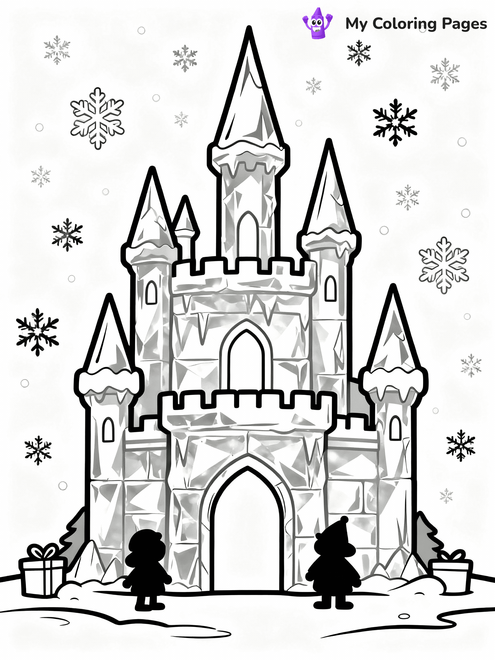 ⚠️ CRITICAL REQUIREMENT - ABSOLUTE BLACK AND WHITE ONLY ⚠️
This MUST be a BLACK AND WHITE line drawing ONLY. NO COLORS whatsoever.
- ONLY pure black lines (#000000) on pure white background (#FFFFFF)
- ABSOLUTELY NO colors, NO shading, NO gradients, NO grayscale
- If there are ANY colors in the output, the image is REJECTED
- This is a COLORING PAGE - meant to be COLORED IN by children
- The output must be UNCOLORED line art ready for coloring
⚠️ SUBJECT TO DRAW: A winter castle made of ice and sparkling snowflakes, in Christmas-themed style. PURE OUTLINES. NO FILLS, COLOR, SHADING, OR GREYSCALE. WHITE BACKGROUND.
(REMEMBER: Output must be BLACK AND WHITE line art only, NOT colored!)
# Flat, Friendly Cartoon Line-Art Coloring Page
You are generating a **pure black-and-white binary image** of a child-friendly cartoon scene combining characters and background scenery in one cohesive composition.
## Rendering Rules (Strict)
- Only two colors: pure black (#000000) outlines and pure white (#FFFFFF) background.
- No grayscale, shading, gradients, tints, fills, transparency, or partial pixels.
- No antialiasing or blended edges; every pixel is 100% black or white.
- No solid black fills inside shapes — all areas inside outlines must remain white.
- No dark clothing areas or filled tone blocks; all garments outlined only.
- No shadows, textures, lighting, or tonal variations.
- Must look like flat binary vector line-art for coloring pages.
## Drawing & Composition
- **Medium, consistent line weight**; clean closed outlines easy to color inside.
- **Flat, simple, child-friendly design** — no realism or 3D depth.
- Characters are **grounded on a surface**, centered and large.
- **Balanced composition** with clear silhouettes and minimal props.
## Scenery & Style
- Landmarks (e.g., mosque, CN Tower) and scenery (trees, benches, waves) drawn with **black outlines only.**
- For real-world figures, teams, or places, show accurate details using only black outlines—no text or logos. Use distinctive uniform patterns, abstract symbols, and landmark silhouettes to convey identity.
- Keep **consistent perspective**; no floating elements.
- **Style:** whimsical **Doodle Art Alley** — rounded, friendly outlines.
- May adapt shapes from **Crayola, Disney, Peppa Pig, Cocomelon** — *by shape only, never color.*
- Final output: **flat, crisp, binary (#000000/#FFFFFF)**, **no filled color or background text.**
EXTREMELYE IMPORTANT:
- PURE BINARY LINE-ART; NO FILLS (HAIR/CLOTHES/SKIN), SHADING, OR GREY.
- NO SHADING, COLOR. MUST BE WHITE BACKGROUND.
⚠️ FINAL REMINDER: Draw the subject "A winter castle made of ice and sparkling snowflakes, in Christmas-themed style. PURE OUTLINES. NO FILLS, COLOR, SHADING, OR GREYSCALE. WHITE BACKGROUND." as BLACK AND WHITE line art. Zero colors in output.