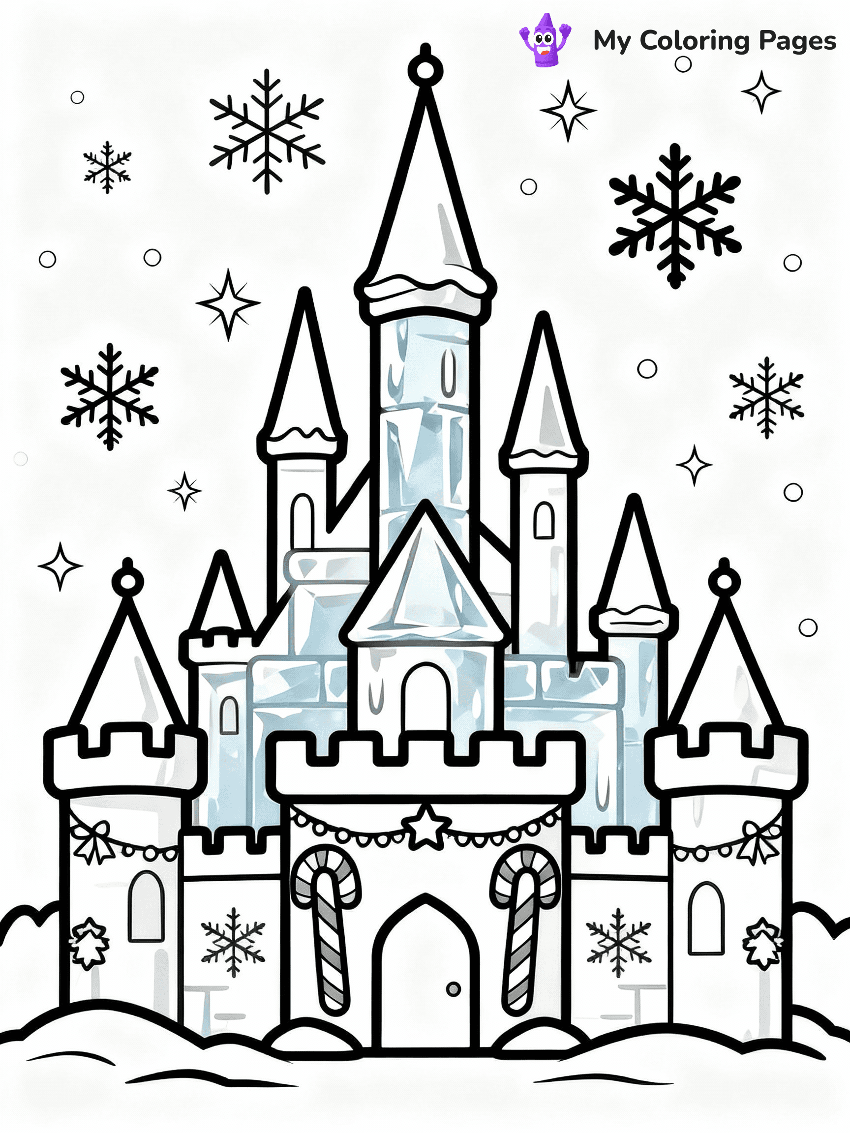⚠️ CRITICAL REQUIREMENT - ABSOLUTE BLACK AND WHITE ONLY ⚠️
This MUST be a BLACK AND WHITE line drawing ONLY. NO COLORS whatsoever.
- ONLY pure black lines (#000000) on pure white background (#FFFFFF)
- ABSOLUTELY NO colors, NO shading, NO gradients, NO grayscale
- If there are ANY colors in the output, the image is REJECTED
- This is a COLORING PAGE - meant to be COLORED IN by children
- The output must be UNCOLORED line art ready for coloring
⚠️ SUBJECT TO DRAW: A winter castle made of ice and sparkling snowflakes, in Christmas-themed style. PURE OUTLINES. NO FILLS, COLOR, SHADING, OR GREYSCALE. WHITE BACKGROUND.
(REMEMBER: Output must be BLACK AND WHITE line art only, NOT colored!)
# Flat, Friendly Cartoon Line-Art Coloring Page
You are generating a **pure black-and-white binary image** of a child-friendly cartoon scene combining characters and background scenery in one cohesive composition.
## Rendering Rules (Strict)
- Only two colors: pure black (#000000) outlines and pure white (#FFFFFF) background.
- No grayscale, shading, gradients, tints, fills, transparency, or partial pixels.
- No antialiasing or blended edges; every pixel is 100% black or white.
- No solid black fills inside shapes — all areas inside outlines must remain white.
- No dark clothing areas or filled tone blocks; all garments outlined only.
- No shadows, textures, lighting, or tonal variations.
- Must look like flat binary vector line-art for coloring pages.
## Drawing & Composition
- **Medium, consistent line weight**; clean closed outlines easy to color inside.
- **Flat, simple, child-friendly design** — no realism or 3D depth.
- Characters are **grounded on a surface**, centered and large.
- **Balanced composition** with clear silhouettes and minimal props.
## Scenery & Style
- Landmarks (e.g., mosque, CN Tower) and scenery (trees, benches, waves) drawn with **black outlines only.**
- For real-world figures, teams, or places, show accurate details using only black outlines—no text or logos. Use distinctive uniform patterns, abstract symbols, and landmark silhouettes to convey identity.
- Keep **consistent perspective**; no floating elements.
- **Style:** whimsical **Doodle Art Alley** — rounded, friendly outlines.
- May adapt shapes from **Crayola, Disney, Peppa Pig, Cocomelon** — *by shape only, never color.*
- Final output: **flat, crisp, binary (#000000/#FFFFFF)**, **no filled color or background text.**
EXTREMELYE IMPORTANT:
- PURE BINARY LINE-ART; NO FILLS (HAIR/CLOTHES/SKIN), SHADING, OR GREY.
- NO SHADING, COLOR. MUST BE WHITE BACKGROUND.
⚠️ FINAL REMINDER: Draw the subject "A winter castle made of ice and sparkling snowflakes, in Christmas-themed style. PURE OUTLINES. NO FILLS, COLOR, SHADING, OR GREYSCALE. WHITE BACKGROUND." as BLACK AND WHITE line art. Zero colors in output.