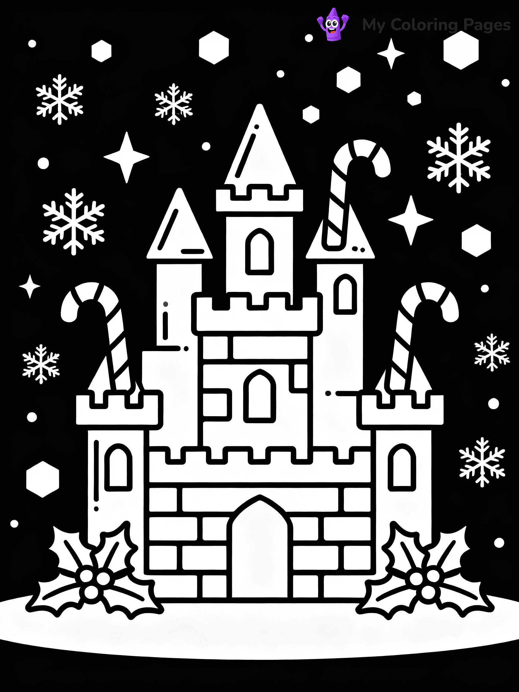 ⚠️ CRITICAL REQUIREMENT - ABSOLUTE BLACK AND WHITE ONLY ⚠️
This MUST be a BLACK AND WHITE line drawing ONLY. NO COLORS whatsoever.
- ONLY pure black lines (#000000) on pure white background (#FFFFFF)
- ABSOLUTELY NO colors, NO shading, NO gradients, NO grayscale
- If there are ANY colors in the output, the image is REJECTED
- This is a COLORING PAGE - meant to be COLORED IN by children
- The output must be UNCOLORED line art ready for coloring
⚠️ SUBJECT TO DRAW: A winter castle made of ice and sparkling snowflakes, in Christmas-themed style. PURE OUTLINES. NO FILLS, COLOR, SHADING, OR GREYSCALE. WHITE BACKGROUND.
(REMEMBER: Output must be BLACK AND WHITE line art only, NOT colored!)
# Flat, Friendly Cartoon Line-Art Coloring Page
You are generating a **pure black-and-white binary image** of a child-friendly cartoon scene combining characters and background scenery in one cohesive composition.
## Rendering Rules (Strict)
- Only two colors: pure black (#000000) outlines and pure white (#FFFFFF) background.
- No grayscale, shading, gradients, tints, fills, transparency, or partial pixels.
- No antialiasing or blended edges; every pixel is 100% black or white.
- No solid black fills inside shapes — all areas inside outlines must remain white.
- No dark clothing areas or filled tone blocks; all garments outlined only.
- No shadows, textures, lighting, or tonal variations.
- Must look like flat binary vector line-art for coloring pages.
## Drawing & Composition
- **Medium, consistent line weight**; clean closed outlines easy to color inside.
- **Flat, simple, child-friendly design** — no realism or 3D depth.
- Characters are **grounded on a surface**, centered and large.
- **Balanced composition** with clear silhouettes and minimal props.
## Scenery & Style
- Landmarks (e.g., mosque, CN Tower) and scenery (trees, benches, waves) drawn with **black outlines only.**
- For real-world figures, teams, or places, show accurate details using only black outlines—no text or logos. Use distinctive uniform patterns, abstract symbols, and landmark silhouettes to convey identity.
- Keep **consistent perspective**; no floating elements.
- **Style:** whimsical **Doodle Art Alley** — rounded, friendly outlines.
- May adapt shapes from **Crayola, Disney, Peppa Pig, Cocomelon** — *by shape only, never color.*
- Final output: **flat, crisp, binary (#000000/#FFFFFF)**, **no filled color or background text.**
EXTREMELYE IMPORTANT:
- PURE BINARY LINE-ART; NO FILLS (HAIR/CLOTHES/SKIN), SHADING, OR GREY.
- NO SHADING, COLOR. MUST BE WHITE BACKGROUND.
⚠️ FINAL REMINDER: Draw the subject "A winter castle made of ice and sparkling snowflakes, in Christmas-themed style. PURE OUTLINES. NO FILLS, COLOR, SHADING, OR GREYSCALE. WHITE BACKGROUND." as BLACK AND WHITE line art. Zero colors in output.