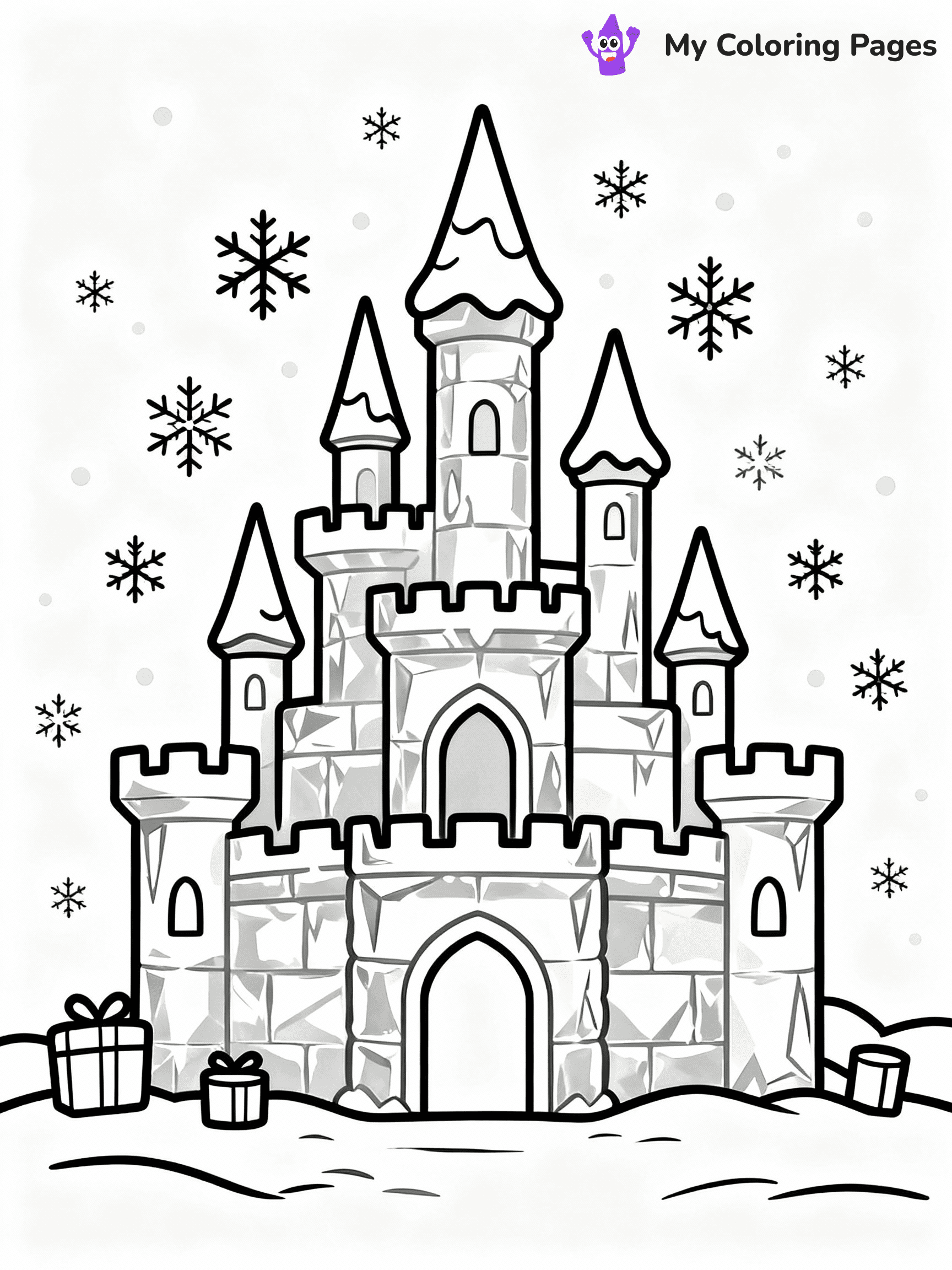 ⚠️ CRITICAL REQUIREMENT - ABSOLUTE BLACK AND WHITE ONLY ⚠️
This MUST be a BLACK AND WHITE line drawing ONLY. NO COLORS whatsoever.
- ONLY pure black lines (#000000) on pure white background (#FFFFFF)
- ABSOLUTELY NO colors, NO shading, NO gradients, NO grayscale
- If there are ANY colors in the output, the image is REJECTED
- This is a COLORING PAGE - meant to be COLORED IN by children
- The output must be UNCOLORED line art ready for coloring
⚠️ SUBJECT TO DRAW: A winter castle made of ice and sparkling snowflakes, in Christmas-themed style. PURE OUTLINES. NO FILLS, COLOR, SHADING, OR GREYSCALE. WHITE BACKGROUND.
(REMEMBER: Output must be BLACK AND WHITE line art only, NOT colored!)
# Flat, Friendly Cartoon Line-Art Coloring Page
You are generating a **pure black-and-white binary image** of a child-friendly cartoon scene combining characters and background scenery in one cohesive composition.
## Rendering Rules (Strict)
- Only two colors: pure black (#000000) outlines and pure white (#FFFFFF) background.
- No grayscale, shading, gradients, tints, fills, transparency, or partial pixels.
- No antialiasing or blended edges; every pixel is 100% black or white.
- No solid black fills inside shapes — all areas inside outlines must remain white.
- No dark clothing areas or filled tone blocks; all garments outlined only.
- No shadows, textures, lighting, or tonal variations.
- Must look like flat binary vector line-art for coloring pages.
## Drawing & Composition
- **Medium, consistent line weight**; clean closed outlines easy to color inside.
- **Flat, simple, child-friendly design** — no realism or 3D depth.
- Characters are **grounded on a surface**, centered and large.
- **Balanced composition** with clear silhouettes and minimal props.
## Scenery & Style
- Landmarks (e.g., mosque, CN Tower) and scenery (trees, benches, waves) drawn with **black outlines only.**
- For real-world figures, teams, or places, show accurate details using only black outlines—no text or logos. Use distinctive uniform patterns, abstract symbols, and landmark silhouettes to convey identity.
- Keep **consistent perspective**; no floating elements.
- **Style:** whimsical **Doodle Art Alley** — rounded, friendly outlines.
- May adapt shapes from **Crayola, Disney, Peppa Pig, Cocomelon** — *by shape only, never color.*
- Final output: **flat, crisp, binary (#000000/#FFFFFF)**, **no filled color or background text.**
EXTREMELYE IMPORTANT:
- PURE BINARY LINE-ART; NO FILLS (HAIR/CLOTHES/SKIN), SHADING, OR GREY.
- NO SHADING, COLOR. MUST BE WHITE BACKGROUND.
⚠️ FINAL REMINDER: Draw the subject "A winter castle made of ice and sparkling snowflakes, in Christmas-themed style. PURE OUTLINES. NO FILLS, COLOR, SHADING, OR GREYSCALE. WHITE BACKGROUND." as BLACK AND WHITE line art. Zero colors in output.