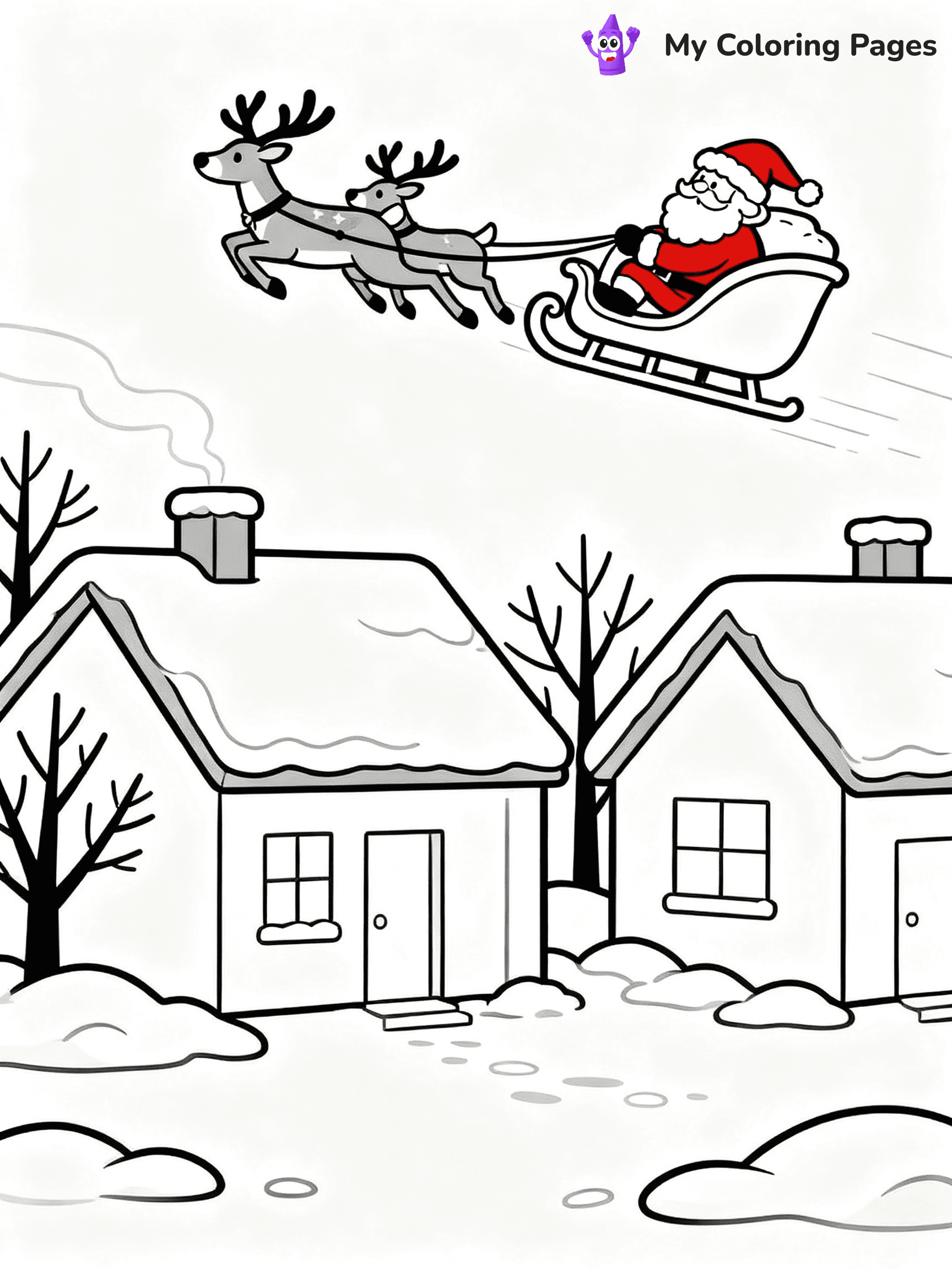 ⚠️ CRITICAL REQUIREMENT - ABSOLUTE BLACK AND WHITE ONLY ⚠️
This MUST be a BLACK AND WHITE line drawing ONLY. NO COLORS whatsoever.
- ONLY pure black lines (#000000) on pure white background (#FFFFFF)
- ABSOLUTELY NO colors, NO shading, NO gradients, NO grayscale
- If there are ANY colors in the output, the image is REJECTED
- This is a COLORING PAGE - meant to be COLORED IN by children
- The output must be UNCOLORED line art ready for coloring
⚠️ SUBJECT TO DRAW: Santa flying over snowy rooftops with his sleigh, in Christmas-themed style. PURE OUTLINES. NO FILLS, COLOR, SHADING, OR GREYSCALE. WHITE BACKGROUND.
(REMEMBER: Output must be BLACK AND WHITE line art only, NOT colored!)
# Flat, Friendly Cartoon Line-Art Coloring Page
You are generating a **pure black-and-white binary image** of a child-friendly cartoon scene combining characters and background scenery in one cohesive composition.
## Rendering Rules (Strict)
- Only two colors: pure black (#000000) outlines and pure white (#FFFFFF) background.
- No grayscale, shading, gradients, tints, fills, transparency, or partial pixels.
- No antialiasing or blended edges; every pixel is 100% black or white.
- No solid black fills inside shapes — all areas inside outlines must remain white.
- No dark clothing areas or filled tone blocks; all garments outlined only.
- No shadows, textures, lighting, or tonal variations.
- Must look like flat binary vector line-art for coloring pages.
## Drawing & Composition
- **Medium, consistent line weight**; clean closed outlines easy to color inside.
- **Flat, simple, child-friendly design** — no realism or 3D depth.
- Characters are **grounded on a surface**, centered and large.
- **Balanced composition** with clear silhouettes and minimal props.
## Scenery & Style
- Landmarks (e.g., mosque, CN Tower) and scenery (trees, benches, waves) drawn with **black outlines only.**
- For real-world figures, teams, or places, show accurate details using only black outlines—no text or logos. Use distinctive uniform patterns, abstract symbols, and landmark silhouettes to convey identity.
- Keep **consistent perspective**; no floating elements.
- **Style:** whimsical **Doodle Art Alley** — rounded, friendly outlines.
- May adapt shapes from **Crayola, Disney, Peppa Pig, Cocomelon** — *by shape only, never color.*
- Final output: **flat, crisp, binary (#000000/#FFFFFF)**, **no filled color or background text.**
EXTREMELYE IMPORTANT:
- PURE BINARY LINE-ART; NO FILLS (HAIR/CLOTHES/SKIN), SHADING, OR GREY.
- NO SHADING, COLOR. MUST BE WHITE BACKGROUND.
⚠️ FINAL REMINDER: Draw the subject "Santa flying over snowy rooftops with his sleigh, in Christmas-themed style. PURE OUTLINES. NO FILLS, COLOR, SHADING, OR GREYSCALE. WHITE BACKGROUND." as BLACK AND WHITE line art. Zero colors in output.