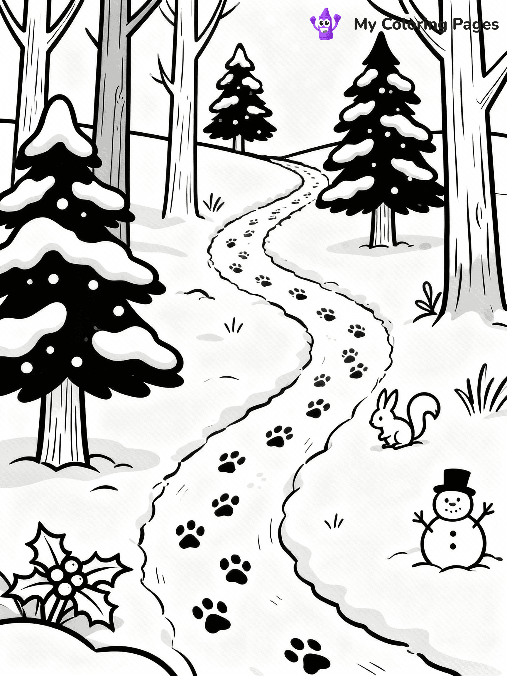 ⚠️ CRITICAL REQUIREMENT - ABSOLUTE BLACK AND WHITE ONLY ⚠️
This MUST be a BLACK AND WHITE line drawing ONLY. NO COLORS whatsoever.
- ONLY pure black lines (#000000) on pure white background (#FFFFFF)
- ABSOLUTELY NO colors, NO shading, NO gradients, NO grayscale
- If there are ANY colors in the output, the image is REJECTED
- This is a COLORING PAGE - meant to be COLORED IN by children
- The output must be UNCOLORED line art ready for coloring
⚠️ SUBJECT TO DRAW: A snow-covered forest path with animal footprints, in Christmas-themed style. PURE OUTLINES. NO FILLS, COLOR, SHADING, OR GREYSCALE. WHITE BACKGROUND.
(REMEMBER: Output must be BLACK AND WHITE line art only, NOT colored!)
# Flat, Friendly Cartoon Line-Art Coloring Page
You are generating a **pure black-and-white binary image** of a child-friendly cartoon scene combining characters and background scenery in one cohesive composition.
## Rendering Rules (Strict)
- Only two colors: pure black (#000000) outlines and pure white (#FFFFFF) background.
- No grayscale, shading, gradients, tints, fills, transparency, or partial pixels.
- No antialiasing or blended edges; every pixel is 100% black or white.
- No solid black fills inside shapes — all areas inside outlines must remain white.
- No dark clothing areas or filled tone blocks; all garments outlined only.
- No shadows, textures, lighting, or tonal variations.
- Must look like flat binary vector line-art for coloring pages.
## Drawing & Composition
- **Medium, consistent line weight**; clean closed outlines easy to color inside.
- **Flat, simple, child-friendly design** — no realism or 3D depth.
- Characters are **grounded on a surface**, centered and large.
- **Balanced composition** with clear silhouettes and minimal props.
## Scenery & Style
- Landmarks (e.g., mosque, CN Tower) and scenery (trees, benches, waves) drawn with **black outlines only.**
- For real-world figures, teams, or places, show accurate details using only black outlines—no text or logos. Use distinctive uniform patterns, abstract symbols, and landmark silhouettes to convey identity.
- Keep **consistent perspective**; no floating elements.
- **Style:** whimsical **Doodle Art Alley** — rounded, friendly outlines.
- May adapt shapes from **Crayola, Disney, Peppa Pig, Cocomelon** — *by shape only, never color.*
- Final output: **flat, crisp, binary (#000000/#FFFFFF)**, **no filled color or background text.**
EXTREMELYE IMPORTANT:
- PURE BINARY LINE-ART; NO FILLS (HAIR/CLOTHES/SKIN), SHADING, OR GREY.
- NO SHADING, COLOR. MUST BE WHITE BACKGROUND.
⚠️ FINAL REMINDER: Draw the subject "A snow-covered forest path with animal footprints, in Christmas-themed style. PURE OUTLINES. NO FILLS, COLOR, SHADING, OR GREYSCALE. WHITE BACKGROUND." as BLACK AND WHITE line art. Zero colors in output.